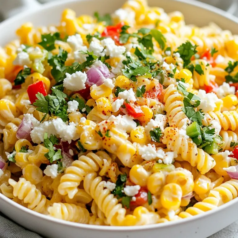 The right ingredients make this Street Corn Pasta Salad shine. Here’s what you will need: - 8 oz fusilli pasta - 1 cup corn kernels (fresh, frozen, or canned) - 1 red bell pepper, diced - 1/2 cup red onion, finely chopped - 1 jalapeño, deseeded and minced - 1/2 cup fresh cilantro, chopped - 1/2 cup crumbled feta cheese - 2 tablespoons mayonnaise - 2 tablespoons plain Greek yogurt - 2 tablespoons fresh lime juice - 1 teaspoon chili powder - Salt and pepper to taste Each ingredient adds its own flavor. The fusilli pasta holds the dressing well, while the corn brings a sweet crunch. The red bell pepper adds color and freshness. Red onion and jalapeño give a bit of bite, while cilantro brightens the dish. Feta cheese adds creaminess for a lovely finish. For the dressing, mayonnaise and Greek yogurt create a rich base. Lime juice gives it a zesty kick, and chili powder adds depth. Salt and pepper balance all the flavors. Make sure to use fresh ingredients for the best taste. You can substitute frozen corn if needed, but fresh corn is the star. This salad is perfect for summer BBQs or potlucks. Enjoy every bite! {{ingredient_image_2}} 1. First, take a large pot and fill it with water. Add a pinch of salt for flavor. 2. Bring the water to a boil over high heat. 3. Once boiling, add 8 oz of fusilli pasta. 4. Cook the pasta according to the package instructions, usually around 8-10 minutes. You want it to be al dente, which means it should still have a slight bite. 5. When done, drain the pasta in a colander. 6. Rinse the pasta under cold water. This stops the cooking and cools it down fast. Set it aside to cool completely. 1. While the pasta cooks, heat a large skillet on medium heat. 2. Add 1 cup of corn kernels to the skillet. 3. Sauté the corn for about 5-7 minutes. Stir it often. You want it to get a little charred and golden brown. 4. Once it’s done, take it off the heat and let it cool. 1. In a large mixing bowl, combine the cooled fusilli pasta and charred corn. 2. Add in 1 diced red bell pepper, 1/2 cup of finely chopped red onion, 1 minced jalapeño, and 1/2 cup of chopped cilantro. 3. Mix everything gently to make sure it’s spread out evenly. 4. In a small bowl, whisk together 2 tablespoons of mayonnaise, 2 tablespoons of Greek yogurt, 2 tablespoons of fresh lime juice, and 1 teaspoon of chili powder. Add a pinch of salt and pepper. 5. Drizzle the dressing over the pasta mixture. Toss everything together gently. Be careful not to break the pasta. 6. Lastly, fold in 1/2 cup of crumbled feta cheese. Toss lightly to combine without smashing the cheese. 1. Taste the salad. Adjust the seasoning with more salt, pepper, or lime juice as needed. 2. For the best flavor, cover the salad and chill it in the fridge for at least 30 minutes. This helps the flavors blend nicely. 3. When ready to serve, present the salad in a large bowl. A little extra cilantro and a sprinkle of chili powder on top add color and flavor. To cook pasta right, start with a large pot of boiling, salted water. Add the fusilli and cook until it feels firm but not hard. This is called al dente. Drain the pasta and rinse it under cold water. Rinsing stops the cooking and keeps it from sticking. To boost flavor, taste your salad before serving. Adjust the salt, pepper, and lime juice to your liking. If you want more spice, add extra chili powder or minced jalapeño. Fresh herbs can really elevate the dish. Try adding some fresh basil or parsley for a new twist. For a nice presentation, serve the pasta salad in a big, shallow bowl. This makes the colors pop and looks inviting. Garnish with fresh cilantro and a sprinkle of chili powder. A drizzle of lime juice right before serving adds a fresh kick. You can also serve it with tortilla chips for a fun crunch. Pro Tips Choose Your Pasta Wisely: Fusilli's spiral shape holds onto the dressing and ingredients well, making it a great choice for this salad. Perfectly Charred Corn: For the best flavor, ensure the corn is charred but not burnt. This adds a nice smoky sweetness to the salad. Fresh Ingredients Matter: Use fresh corn and vegetables when possible for maximum flavor and texture, especially in a salad. Chill for Flavor: Allow the salad to chill for at least 30 minutes before serving; this helps the flavors meld together beautifully. {{image_4}} You can switch up the pasta type in this salad. Fusilli works great, but you can use: - Penne - Rotini - Gluten-free pasta Choosing a different cheese can also change the taste. Instead of feta, try: - Cotija cheese for a crumbly texture - Queso fresco for a milder flavor - Mozzarella for a soft, creamy bite Want to make this salad vegan? It's easy! Just replace the dairy ingredients with: - Vegan mayonnaise - Dairy-free yogurt For a gluten-free option, choose gluten-free pasta. This keeps the fun without the gluten. You can add proteins to make this dish heartier. Try mixing in: - Grilled chicken for a savory kick - Shrimp for a seafood twist Feel free to experiment with veggies too! Add: - Cherry tomatoes for sweetness - Avocado for creaminess - Zucchini for extra crunch These variations let you customize your Street Corn Pasta Salad, making it perfect for any occasion! To keep your Street Corn Pasta Salad fresh, use a sealed container. This prevents air from getting in and keeps the flavors intact. Store it in the fridge right after it cools. If you want to freeze leftovers, use a freezer-safe container. Leave some space at the top, as the pasta may expand. In the fridge, your pasta salad stays good for about three to four days. Always check for signs of spoilage. Look for any off smells, mold, or changes in color. If you notice any of these, it's best to throw it away. If you need to reheat your pasta salad, do it gently. Use a microwave on low power, stirring every 30 seconds. You can also warm it on the stove over low heat. Add a splash of lime juice or a bit more dressing to revive the flavors. This keeps it tasty and fresh! Street corn, or elote, is a popular Mexican snack. It features grilled corn on the cob. Vendors often coat the corn with creamy sauces, cheese, and spices. Common toppings include mayonnaise, lime juice, chili powder, and cotija cheese. The result is a sweet, savory, and slightly spicy flavor. Street corn captures the essence of summer and outdoor gatherings. Yes, you can prepare this salad ahead of time. I recommend making it at least 30 minutes before serving. This allows the flavors to blend well. You can store it in the fridge, covered. If you prepare it a day in advance, the taste will deepen. Just remember to give it a good stir before serving. To add heat, you can include more jalapeño. You can also add a pinch of cayenne pepper. Another option is to use a spicier cheese, like pepper jack. If you want a kick, try mixing in some hot sauce. Adjust the spice level to fit your taste. This recipe is kid-friendly! The flavors are bright and fun. Kids often enjoy the sweet corn and creamy dressing. You can adjust the spice by reducing jalapeño or omitting it. The creamy feta and dressing make it more appealing to children. They will love the colorful mix, too! This salad pairs well with grilled meats. Try serving it with chicken, steak, or fish. It also goes great with tacos or burritos. You can even enjoy it as a light lunch on its own. Add some tortilla chips for a fun crunch. This blog post shared a simple and tasty Street Corn Pasta Salad recipe. We covered the key ingredients, step-by-step cooking instructions, and useful tips for perfecting your dish. You learned how to enhance flavors and create variations to suit dietary needs. As you try this recipe, focus on the freshness of the ingredients. Enjoy experimenting with flavors and making this salad your own. It's a fun dish that everyone will love!