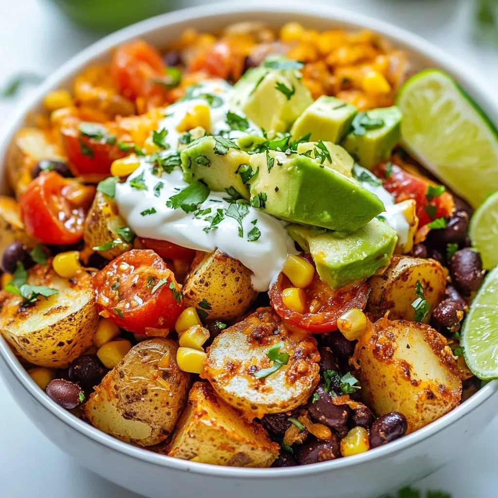 - 4 medium russet potatoes, peeled and diced - 1 cup canned black beans, rinsed and drained - 1 cup corn kernels (fresh or frozen) - 1 cup cherry tomatoes, halved - 1 ripe avocado, diced - 1 cup shredded sharp cheddar cheese - ½ cup sour cream (or Greek yogurt) - Fresh cilantro, lime wedges, sea salt, and black pepper You need fresh russet potatoes for a soft inside and crispy outside. Black beans add protein and fiber, while corn gives a sweet crunch. Cherry tomatoes bring a nice burst of flavor. The avocado makes it creamy. Sharp cheddar cheese adds a rich taste, and sour cream or Greek yogurt gives a tangy finish. Don't forget fresh cilantro and lime for bright flavors. - 1 tablespoon extra virgin olive oil - 1 teaspoon smoked paprika - 1 teaspoon garlic powder - 1 teaspoon onion powder Using extra virgin olive oil helps the potatoes crisp up. Smoked paprika adds a deep, warm flavor. Garlic powder and onion powder make every bite tastier. You can adjust the sea salt and black pepper to suit your taste. - Optional toppings and garnishes - Recommendations for accompanying dishes For extra fun, try toppings like jalapeños or sour cream. You can serve the bowls with tortilla chips for crunch. A side of salsa or guacamole pairs perfectly too. {{ingredient_image_2}} 1. First, preheat your oven to 425°F (220°C). This heat helps make the potatoes crispy. 2. Grab a large mixing bowl. Add the diced potatoes to it. 3. Drizzle 1 tablespoon of extra virgin olive oil over the potatoes. 4. Now, sprinkle in 1 teaspoon of smoked paprika, 1 teaspoon of garlic powder, and 1 teaspoon of onion powder. 5. Add sea salt and freshly cracked black pepper to taste. 6. Toss everything together until the potatoes are coated well. 1. Line a baking sheet with parchment paper. Spread the seasoned potatoes in a single layer. 2. Bake in the oven for 25-30 minutes. You want them golden brown and crispy. 3. Remember to toss the potatoes halfway through. This helps them roast evenly. 4. For a perfect texture, ensure the potatoes are not crowded on the baking sheet. 1. While the potatoes bake, get a medium bowl. 2. Combine 1 cup of rinsed black beans, 1 cup of corn kernels, and 1 cup of halved cherry tomatoes in it. 3. Season this mixture with sea salt and black pepper. Mix gently to combine everything. 1. Once the potatoes are done, take them out and let them cool slightly. 2. Start building your taco bowls. Place a layer of crispy baked potatoes at the bottom. 3. Next, add a portion of the black bean mixture on top. 4. Then, sprinkle diced avocado and shredded cheddar cheese over the beans. 5. Drizzle ½ cup of sour cream (or Greek yogurt) on top. 6. Finish with fresh cilantro for a pop of color. 7. Serve each bowl with lime wedges on the side. This adds a zesty touch. Using these steps, you create a tasty and satisfying meal that delights both the eyes and the palate. Feel free to get creative with your toppings! To ensure your potatoes cook evenly, cut them into equal-sized pieces. This helps them roast uniformly. Toss the diced potatoes in olive oil and seasonings well. Spread them out on the baking sheet in a single layer. This prevents steaming and helps them crisp up nicely. For flavor, use smoked paprika, garlic powder, and onion powder. These spices add depth to your dish. Remember to toss the potatoes halfway through baking for a golden finish. If you need gluten-free options, use corn tortillas or skip any gluten items altogether. For a vegan version, swap out the cheese and sour cream for plant-based alternatives. Nutritional yeast is a great cheese substitute. To change the flavor profile, use different beans, like pinto or kidney beans. You can also mix in different vegetables, such as bell peppers or zucchini, for added taste and nutrition. For a stunning presentation, layer ingredients brightly in your bowl. Start with crispy potatoes, then add the black bean mix. Next, include diced avocado and cheese. Top it all off with a drizzle of sour cream and cilantro. A lime wedge on the side adds color and a zesty touch. Use a wide bowl to show off the layers. For extra flair, sprinkle some cilantro on top before serving. This makes the dish look fresh and inviting. Pro Tips Choose the Right Potatoes: Russet potatoes are ideal for this recipe due to their high starch content, which makes for a fluffy interior and crispy exterior when baked. Don’t Overcrowd the Baking Sheet: Spreading the potatoes in a single layer ensures they roast evenly and become crispy instead of steaming. Customize Your Toppings: Feel free to add other toppings like jalapeños, diced red onion, or your favorite hot sauce to kick up the flavor. Make it Vegan: Substitute the sour cream with a plant-based yogurt or omit it altogether for a lighter version of this dish. {{image_4}} If you want a vegetarian or vegan bowl, you can swap cheese and sour cream for plant-based versions. Many great vegan cheeses taste amazing. You can also use vegan yogurt instead of sour cream. Adding more veggies is a fun way to boost flavor. Try bell peppers, zucchini, or spinach for a tasty twist. To make your taco bowl heartier, add protein. You can include chicken, beef, or even fish. For chicken, grill or bake it with spices like cumin and chili powder. For beef, taco seasoning works well. For fish, consider using tilapia or shrimp, seasoned simply with lime and salt. You can spice things up with various seasonings and sauces. For a zesty kick, try adding hot sauce or salsa. If you want a Mexican flair, use cumin and coriander. For a Tex-Mex twist, add taco seasoning. You can also play with toppings, like guacamole or pico de gallo, to enhance the dish's flavor. To keep your Loaded Potato Taco Bowls fresh, store them in airtight containers. This method helps maintain taste and texture. Separate the toppings from the potatoes. This way, the potatoes stay crispy. Toppings can get soggy if mixed too soon. Use the cooked potatoes within three days for best flavor. When you reheat the potato mix, use the oven or a skillet. This method helps keep the potatoes crispy. Avoid the microwave as it can make them soft. Heat toppings separately to keep their fresh taste. Warm beans and corn in a pan over low heat. Stir gently until hot. You can freeze assembled bowls, but it’s best to freeze components. Freeze the potato mix and the toppings separately. This approach helps maintain their quality. When ready to eat, thaw the potatoes in the fridge overnight. Reheat them in the oven for crispiness. Toppings can be warmed quickly in a pan. Enjoy a tasty meal even after freezing! To make Loaded Potato Taco Bowls, start by preparing your potatoes. Peel and dice 4 medium russet potatoes. In a bowl, toss the potatoes with 1 tablespoon of extra virgin olive oil, 1 teaspoon of smoked paprika, 1 teaspoon of garlic powder, and 1 teaspoon of onion powder. Add sea salt and black pepper to taste. Spread the seasoned potatoes on a baking sheet and bake at 425°F (220°C) for 25-30 minutes. While they bake, mix 1 cup of black beans, 1 cup of corn, and 1 cup of halved cherry tomatoes in a bowl. After the potatoes are crispy, assemble your bowls by layering the potatoes, black bean mix, diced avocado, and shredded cheddar cheese. Top with sour cream and fresh cilantro. Serve with lime wedges. Yes! You can prep many parts ahead. Cook the potatoes and store them in the fridge for up to three days. You can also mix the beans, corn, and tomatoes in advance. Just keep them in an airtight container. Assemble your bowls right before serving. This way, the potatoes stay crispy. You can get creative with your toppings! Here are some popular options: - Diced jalapeños for a spicy kick - Sliced green onions for fresh flavor - Crumbled feta cheese for tang - Salsa or pico de gallo for added zest Feel free to mix and match toppings based on your taste. Absolutely! If you're looking for gluten-free options, this recipe is already gluten-free. For dairy-free needs, swap shredded cheese and sour cream for dairy-free versions. You can use plant-based cheese and yogurt. If you want a vegan dish, skip the cheese and sour cream entirely or use alternatives. You can add more veggies, like bell peppers or zucchini, for extra flavor and nutrition. Loaded potato taco bowls offer a great mix of flavors. The recipe features crispy potatoes, black beans, and fresh toppings like avocado and cheese. You can customize them with various proteins and seasonings to fit your taste. Remember, you can make these bowls vegan or gluten-free with easy substitutions. Store and reheat leftovers efficiently for future meals. I hope you experiment and enjoy creating your own delicious versions of this dish!