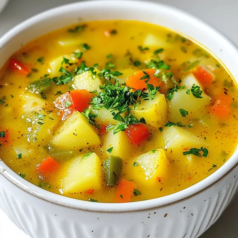 For this delicious Cajun potato soup, you will need the following fresh vegetables: - 4 large russet potatoes, peeled and diced into 1-inch cubes - 1 medium onion, finely chopped - 2 cloves garlic, minced - 1 green bell pepper, diced - 1 red bell pepper, diced - 1 cup celery, finely chopped Next, we need the right base. This soup uses: - 4 cups vegetable broth - 1 cup heavy cream (or substitute with coconut milk for a dairy-free option) Now, let’s add flavor with seasonings: - 2 tablespoons Cajun seasoning - 1 teaspoon smoked paprika - 1 teaspoon dried thyme - Salt and pepper to taste Finally, don’t forget the finishing touches. You’ll need: - 2 tablespoons olive oil - ¼ cup fresh parsley, chopped (for garnish) - Optional: Sliced green onions (for garnish) These ingredients create a rich and hearty soup with layers of flavor. The mix of vegetables, potatoes, and spices makes every bite comforting. {{ingredient_image_2}} To start, heat 2 tablespoons of olive oil in a large pot over medium heat. Add the finely chopped onion, minced garlic, chopped celery, diced green bell pepper, and diced red bell pepper. Sauté these base ingredients for about 5 minutes. The goal is to soften the veggies and make the onion translucent. Next, add the diced russet potatoes. Stir them in for about a minute. This helps the potatoes soak up the flavors from the oil and veggies. Now, pour in 4 cups of vegetable broth. Add 2 tablespoons of Cajun seasoning, 1 teaspoon of smoked paprika, and 1 teaspoon of dried thyme. Season with salt and pepper to taste. Stir everything well to mix the flavors. Increase the heat to bring the soup mixture to a boil. Once boiling, reduce the heat to low and let it simmer. Cook for about 20-25 minutes, or until the potatoes are fork-tender. Once the potatoes are cooked, use an immersion blender to partially puree the soup. This keeps some chunks for texture and makes it creamy. If you don’t have an immersion blender, you can transfer half of the soup to a blender, blend until smooth, and then return it to the pot. Next, stir in 1 cup of heavy cream or coconut milk. Taste the soup and adjust the seasoning if needed. If the soup is too thick, add more vegetable broth or water to reach your desired consistency. Let the soup simmer for another 5 minutes to heat through. This dish is all about comfort, so take your time to enjoy the process! To get bold Cajun flavors, using the right seasoning is key. Here are some recommended brands: - Slap Ya Mama - Tony Chachere's - Zatarain’s These brands pack a punch, making your soup come alive. When using fresh herbs, here are some tips: - Chop parsley just before serving. This keeps it fresh. - Add thyme at the end of cooking. This keeps its flavor strong. I love using an immersion blender for soups. It blends right in the pot, making it easy. Here’s how it works: - Simply place the blender in the soup and pulse until you reach your desired texture. If you prefer a traditional blender, be careful: - Allow the soup to cool slightly. Then blend in batches for safety. To check if your potatoes are done, use this simple method: - Poke a potato cube with a fork. If it goes in easily, they are ready. These tips will help you make the best Cajun potato soup every time! Pro Tips Use Fresh Spices: Fresh spices enhance the flavor of your dish significantly. If possible, opt for freshly ground spices for the best taste. Adjust the Heat: If you prefer a milder flavor, reduce the amount of Cajun seasoning. Conversely, add more for a spicier kick! Texture Matters: For a chunkier soup, blend only half of the mixture. This retains the heartiness of the potatoes while still creating a creamy base. Garnish Wisely: Fresh herbs like parsley or cilantro add a burst of freshness. Don’t skip the garnish to elevate your presentation! {{image_4}} For a dairy-free twist, try using coconut milk. This creamy substitute adds a rich flavor. It works well in Cajun potato soup. You can use one cup instead of heavy cream. If you want more options, consider almond or cashew cream. These alternatives will also give a nice texture. Both are great choices for a lighter soup. Adding protein can make your soup heartier. Sausage or chicken makes a tasty addition. Just cook them before adding to the soup. This way, they blend well with the flavors. If you prefer plant-based options, try adding beans or lentils. They boost nutrition and keep the soup filling. Tofu is also a great choice for added protein. It soaks up the flavors nicely. Feel free to mix and match these variations. Each addition can bring a new taste to your bowl! To keep your Cajun potato soup fresh, store it in the fridge. Use airtight containers to prevent spills and keep the flavors intact. Make sure it cools to room temperature before sealing it up. This helps avoid condensation, which can make the soup watery. You can store the soup for up to three days. Want to save some for later? Freezing is a great option! First, let the soup cool completely. Then, ladle it into freezer-safe containers or heavy-duty freezer bags. Leave some space at the top to allow for expansion. Seal the bags tightly, removing as much air as possible. When you're ready to eat, thaw the soup overnight in the fridge. To reheat, pour it into a pot and warm it on low heat. Stir it often to keep it from sticking. If the soup seems too thick, add a splash of vegetable broth or water to reach your desired consistency. Enjoy this comforting dish anytime! To add heat to your Cajun potato soup, try these tips: - Add more Cajun seasoning: Increase the amount for a bolder flavor. - Include diced jalapeños: These peppers pack heat and add a fresh taste. - Use hot sauce: A few dashes can elevate the spice level. - Mix in crushed red pepper flakes: This adds a nice kick. Adjust these options based on your taste. Start small, then increase the heat as you like! Yes, you can make this soup ahead of time. - Storage duration: Keep it in the fridge for up to 4 days. - Reheating tips: Warm it on the stove over low heat. Stir often to avoid sticking. For best results, wait to add cream until you reheat. This keeps the soup creamy and fresh! Pair your Cajun potato soup with these sides: - Crusty bread: A nice baguette or sourdough works great for dipping. - Fresh salad: A simple green salad with vinaigrette balances the soup's richness. These sides complement the soup's flavors and make your meal more enjoyable! Cajun potato soup is a tasty mix of veggies, creamy broth, and bold spices. We covered how to prepare each ingredient, cook the soup, and add unique flavors. You also learned tips on storage and variations like dairy-free or protein add-ins. Try this soup with your favorite sides for a complete meal. Enjoy your cooking, and let the warmth of this dish bring joy to your table!