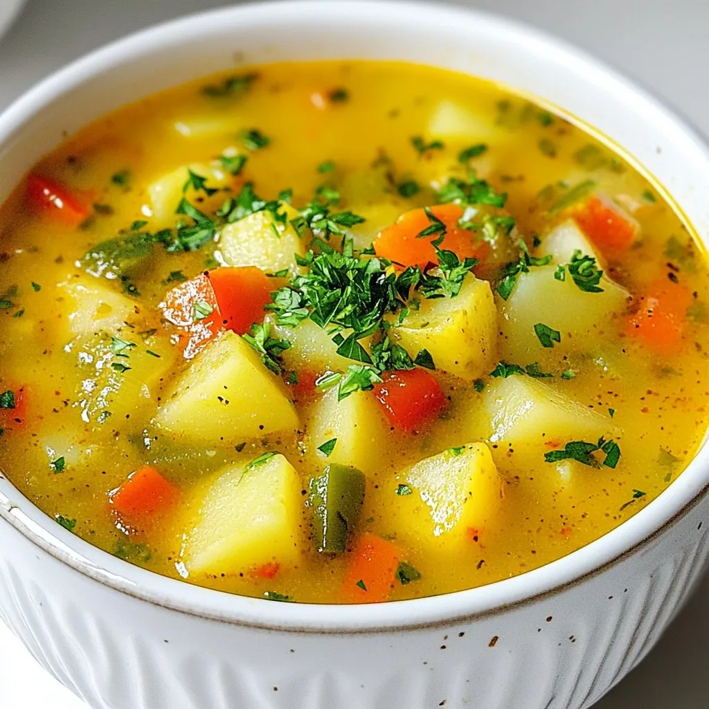 For this delicious Cajun potato soup, you will need the following fresh vegetables: - 4 large russet potatoes, peeled and diced into 1-inch cubes - 1 medium onion, finely chopped - 2 cloves garlic, minced - 1 green bell pepper, diced - 1 red bell pepper, diced - 1 cup celery, finely chopped Next, we need the right base. This soup uses: - 4 cups vegetable broth - 1 cup heavy cream (or substitute with coconut milk for a dairy-free option) Now, let’s add flavor with seasonings: - 2 tablespoons Cajun seasoning - 1 teaspoon smoked paprika - 1 teaspoon dried thyme - Salt and pepper to taste Finally, don’t forget the finishing touches. You’ll need: - 2 tablespoons olive oil - ¼ cup fresh parsley, chopped (for garnish) - Optional: Sliced green onions (for garnish) These ingredients create a rich and hearty soup with layers of flavor. The mix of vegetables, potatoes, and spices makes every bite comforting. {{ingredient_image_2}} To start, heat 2 tablespoons of olive oil in a large pot over medium heat. Add the finely chopped onion, minced garlic, chopped celery, diced green bell pepper, and diced red bell pepper. Sauté these base ingredients for about 5 minutes. The goal is to soften the veggies and make the onion translucent. Next, add the diced russet potatoes. Stir them in for about a minute. This helps the potatoes soak up the flavors from the oil and veggies. Now, pour in 4 cups of vegetable broth. Add 2 tablespoons of Cajun seasoning, 1 teaspoon of smoked paprika, and 1 teaspoon of dried thyme. Season with salt and pepper to taste. Stir everything well to mix the flavors. Increase the heat to bring the soup mixture to a boil. Once boiling, reduce the heat to low and let it simmer. Cook for about 20-25 minutes, or until the potatoes are fork-tender. Once the potatoes are cooked, use an immersion blender to partially puree the soup. This keeps some chunks for texture and makes it creamy. If you don’t have an immersion blender, you can transfer half of the soup to a blender, blend until smooth, and then return it to the pot. Next, stir in 1 cup of heavy cream or coconut milk. Taste the soup and adjust the seasoning if needed. If the soup is too thick, add more vegetable broth or water to reach your desired consistency. Let the soup simmer for another 5 minutes to heat through. This dish is all about comfort, so take your time to enjoy the process! To get bold Cajun flavors, using the right seasoning is key. Here are some recommended brands: - Slap Ya Mama - Tony Chachere's - Zatarain’s These brands pack a punch, making your soup come alive. When using fresh herbs, here are some tips: - Chop parsley just before serving. This keeps it fresh. - Add thyme at the end of cooking. This keeps its flavor strong. I love using an immersion blender for soups. It blends right in the pot, making it easy. Here’s how it works: - Simply place the blender in the soup and pulse until you reach your desired texture. If you prefer a traditional blender, be careful: - Allow the soup to cool slightly. Then blend in batches for safety. To check if your potatoes are done, use this simple method: - Poke a potato cube with a fork. If it goes in easily, they are ready. These tips will help you make the best Cajun potato soup every time! Pro Tips Use Fresh Spices: Fresh spices enhance the flavor of your dish significantly. If possible, opt for freshly ground spices for the best taste. Adjust the Heat: If you prefer a milder flavor, reduce the amount of Cajun seasoning. Conversely, add more for a spicier kick! Texture Matters: For a chunkier soup, blend only half of the mixture. This retains the heartiness of the potatoes while still creating a creamy base. Garnish Wisely: Fresh herbs like parsley or cilantro add a burst of freshness. Don’t skip the garnish to elevate your presentation! {{image_4}} For a dairy-free twist, try using coconut milk. This creamy substitute adds a rich flavor. It works well in Cajun potato soup. You can use one cup instead of heavy cream. If you want more options, consider almond or cashew cream. These alternatives will also give a nice texture. Both are great choices for a lighter soup. Adding protein can make your soup heartier. Sausage or chicken makes a tasty addition. Just cook them before adding to the soup. This way, they blend well with the flavors. If you prefer plant-based options, try adding beans or lentils. They boost nutrition and keep the soup filling. Tofu is also a great choice for added protein. It soaks up the flavors nicely. Feel free to mix and match these variations. Each addition can bring a new taste to your bowl! To keep your Cajun potato soup fresh, store it in the fridge. Use airtight containers to prevent spills and keep the flavors intact. Make sure it cools to room temperature before sealing it up. This helps avoid condensation, which can make the soup watery. You can store the soup for up to three days. Want to save some for later? Freezing is a great option! First, let the soup cool completely. Then, ladle it into freezer-safe containers or heavy-duty freezer bags. Leave some space at the top to allow for expansion. Seal the bags tightly, removing as much air as possible. When you're ready to eat, thaw the soup overnight in the fridge. To reheat, pour it into a pot and warm it on low heat. Stir it often to keep it from sticking. If the soup seems too thick, add a splash of vegetable broth or water to reach your desired consistency. Enjoy this comforting dish anytime! To add heat to your Cajun potato soup, try these tips: - Add more Cajun seasoning: Increase the amount for a bolder flavor. - Include diced jalapeños: These peppers pack heat and add a fresh taste. - Use hot sauce: A few dashes can elevate the spice level. - Mix in crushed red pepper flakes: This adds a nice kick. Adjust these options based on your taste. Start small, then increase the heat as you like! Yes, you can make this soup ahead of time. - Storage duration: Keep it in the fridge for up to 4 days. - Reheating tips: Warm it on the stove over low heat. Stir often to avoid sticking. For best results, wait to add cream until you reheat. This keeps the soup creamy and fresh! Pair your Cajun potato soup with these sides: - Crusty bread: A nice baguette or sourdough works great for dipping. - Fresh salad: A simple green salad with vinaigrette balances the soup's richness. These sides complement the soup's flavors and make your meal more enjoyable! Cajun potato soup is a tasty mix of veggies, creamy broth, and bold spices. We covered how to prepare each ingredient, cook the soup, and add unique flavors. You also learned tips on storage and variations like dairy-free or protein add-ins. Try this soup with your favorite sides for a complete meal. Enjoy your cooking, and let the warmth of this dish bring joy to your table!