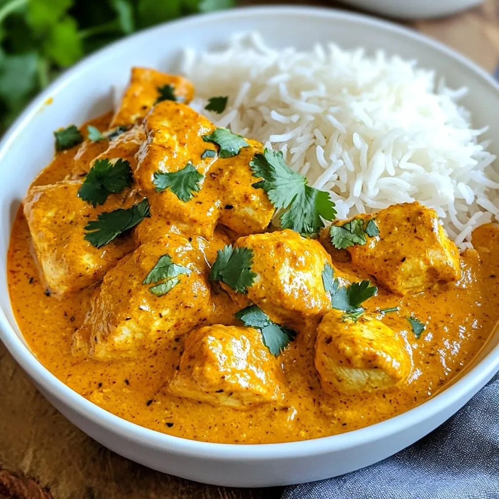 - 500g boneless chicken thighs - 1 cup plain yogurt - 1 large onion - 2 tablespoons fresh lemon juice - 4 garlic cloves, finely minced - 2 tablespoons fresh ginger, grated - 2 teaspoons garam masala - 1 teaspoon ground cumin - 1 teaspoon ground coriander - 1 teaspoon turmeric powder - 1 teaspoon chili powder (adjust according to heat preference) - Salt to taste - 3 tablespoons vegetable oil - 1 can (400g) crushed tomatoes - 1 cup heavy cream - Fresh cilantro leaves for garnish When I create Gordon Ramsay style Chicken Tikka Masala, I focus on strong flavors. The chicken thighs are my choice for tenderness. They soak up the marinade well, making each bite juicy. I use plain yogurt to add creaminess and tang. It helps the spices cling to the chicken. Lemon juice brightens the dish. It cuts through the richness and adds a fresh taste. Garlic and ginger bring warmth and depth. These flavors are key to an authentic dish. The spices like garam masala, cumin, and coriander create a warm base. Turmeric adds a lovely color and earthiness, while chili powder gives heat. For cooking, I use vegetable oil. It provides a good base for sautéing onions. The onions should turn golden and sweet. This step adds flavor to the sauce. Crushed tomatoes add a rich, tangy base to the dish. Heavy cream makes it smooth and luxurious. Finally, fresh cilantro is a must for garnish. It adds a pop of color and a fresh note. This combination of ingredients makes the Chicken Tikka Masala a flavor-packed dish that you will love. {{ingredient_image_2}} To start, mix yogurt and lemon juice in a bowl. Then, add minced garlic, grated ginger, and spices. Use garam masala, ground cumin, ground coriander, turmeric, chili powder, and salt. Whisk everything together well. This creates a thick and fragrant marinade. Next, take your chicken pieces and coat them in the marinade. Make sure every piece gets covered. Once coated, cover the bowl with plastic wrap. Place it in the fridge. Let it marinate for at least one hour. For the best flavor, refrigerate it overnight. In a large skillet, heat vegetable oil over medium-high heat. Add the chopped onion to the pan. Sauté it until it turns golden brown, which takes about five to seven minutes. Then, add the marinated chicken to the skillet. Cook it, stirring often, until browned on all sides. This should take about eight to ten minutes. Now, pour in the crushed tomatoes. Bring the mix to a gentle simmer. Cook it uncovered for about ten to fifteen minutes. This lets the chicken cook through and the sauce thicken. Then, lower the heat and stir in the heavy cream. Let this simmer for another five minutes. Check the seasoning and add salt if needed. Marinating is key for great flavor. You should marinate the chicken for at least one hour. However, if you can, let it sit overnight. This allows the spices to soak in well. To adjust spice levels, start with less chili powder if you prefer mild. You can always add more later if you want extra heat. When sautéing the onions, heat the oil over medium-high heat. Add the onions and stir often. Cook them until they turn golden brown. This should take about 5-7 minutes. Properly cooked onions add a sweet flavor to your dish. To ensure the chicken is cooked through, cut a piece in half. It should be white and no longer pink inside. This step helps you avoid undercooked chicken. For serving, use a shallow bowl. This makes it easy to see the bright colors of the dish. Garnish with fresh cilantro for a pop of green. Pair the Chicken Tikka Masala with fluffy basmati rice or warm naan. This creates a complete meal that is both tasty and filling. Enjoy! Pro Tips Marination Magic: Allowing the chicken to marinate overnight will enhance the flavors significantly, resulting in a tender and juicy dish. Spice Adjustment: Feel free to adjust the amount of chili powder based on your heat preference; more for a spicier dish, less for a milder experience. Onion Perfection: Make sure to sauté the onions until they are golden brown; this step adds a depth of flavor to the sauce. Creamy Finish: Stirring the heavy cream in at the end gives the sauce a rich, velvety texture that complements the spices beautifully. {{image_4}} You can switch chicken for other tasty options. Paneer gives a rich and creamy feel. Cut it into cubes and marinate like chicken. Veggies like bell peppers or cauliflower also work great. They soak up flavors well. If you want a lighter dish, use low-fat yogurt. This option keeps the dish creamy but cuts calories. Greek yogurt adds thickness without all the fat. Want to change the spice level? It’s easy! For a mild dish, use less chili powder. You can also add a little sugar to balance it out. For a medium spice, stick to the recipe as is. If you crave heat, add more chili powder. Fresh chilies can also kick up the flavor. Try adding cayenne pepper for a hot twist. Remember, start small and taste as you go. You can turn Chicken Tikka Masala into a curry! Just add more cream or broth to make it saucier. This way, it pairs well with rice or naan. Think beyond rice! Serve with warm naan or even crispy papadums. A fresh salad or raita can brighten your plate. Each side adds a unique flavor and texture. Store your Chicken Tikka Masala in an airtight container. Let it cool down first. Once cooled, place it in the fridge. It should stay fresh for up to three days. For reheating, warm it gently on the stove. Add a splash of water if it thickens too much. Stir well to keep it creamy. You can freeze Chicken Tikka Masala for later use. Allow it to cool completely before freezing. Use freezer-safe bags or containers. It can last up to three months in the freezer. When you want to eat it, defrost it overnight in the fridge. Reheat it on the stove or in the microwave until hot. In the fridge, Chicken Tikka Masala stays good for about three days. If you see any mold or it smells off, toss it. Keep an eye on the color and texture. If it looks dry or changes, it’s best to discard it. Always trust your senses to keep food safe! To make a vegetarian version, you can use paneer or chickpeas. Paneer gives a nice texture and taste. If you prefer chickpeas, they add protein and a hearty feel. Use the same marinade with yogurt and spices. Marinate the paneer or chickpeas like you would the chicken. This way, you keep the strong flavors. Serve Chicken Tikka Masala with fluffy basmati rice or warm naan bread. This pairing soaks up the rich sauce well. For a fresh touch, add a sprinkle of cilantro on top. You can also serve it with a side of cucumber raita. Raita cools the spice and adds a nice contrast. Yes, you can. Chicken breast works well but may dry out faster. If using breast, cook it a bit less than thighs. You can also use chicken drumsticks for a more flavorful dish. Just make sure to adjust cooking time based on the cut. Always ensure the chicken is fully cooked before serving. On average, Chicken Tikka Masala is medium spicy, but you can adjust it. The chili powder is where most heat comes from. If you want less heat, reduce the chili powder amount. For more spice, add extra chili or cayenne. Always taste as you go to find your perfect level. In this blog post, we covered how to make Chicken Tikka Masala. You learned about key ingredients like chicken, yogurt, and spices. I shared step-by-step instructions for marinating and cooking the chicken. Then, we explored tips for perfecting the flavors, variations for different diets, and storage tips. With this knowledge, you can create a delicious meal that suits your taste. Enjoy experimenting in your kitchen!