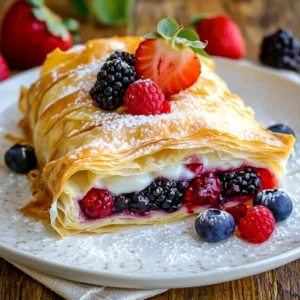 To create your Mixed Berry Strudel with Vanilla Glaze, gather these ingredients: - 1 package of phyllo dough (approximately 12 sheets) - 2 cups mixed berries (fresh strawberries, blueberries, and blackberries) - 1/2 cup granulated sugar - 1 tablespoon cornstarch - 1 teaspoon vanilla extract - 1/2 teaspoon fresh lemon juice - 1/4 teaspoon ground cinnamon - 1/4 cup unsalted butter, melted (for brushing phyllo sheets) - 1 cup powdered sugar (for glaze) - 2-3 tablespoons milk (for glaze) You will need a few tools for easy preparation: - A mixing bowl for combining ingredients - A pastry brush to coat the phyllo dough - A baking sheet lined with parchment paper - A whisk for making the glaze - A wire rack for cooling the strudel If you cannot find some ingredients, here are some good swaps: - Use other fruit like raspberries or peaches for the filling. - Instead of granulated sugar, you can use brown sugar for a deeper flavor. - Cornstarch can be replaced with flour if you don’t have it. - If you are out of phyllo dough, you can use puff pastry instead. - For the glaze, almond milk or oat milk works well in place of regular milk. These substitutions keep your strudel tasty and fun! {{ingredient_image_2}} First, set your oven to 375°F (190°C). This helps the strudel bake evenly. Next, line a baking sheet with parchment paper. This will stop the strudel from sticking. In a big bowl, mix the berries, sugar, cornstarch, vanilla, lemon juice, and cinnamon. Gently toss the mixture with a spatula. Let it sit for 10 to 15 minutes. This lets the flavors blend well. Take one sheet of phyllo dough and lay it flat on your clean counter. Brush it with melted butter. Repeat this with a total of six sheets, buttering each one. This keeps them together and adds a crisp texture. Now, place your berry mixture in a line along one edge of the phyllo. Leave about 2 inches of space on each end. Fold the sides over the berries. Roll the dough tightly from the filled edge to the other side. Make sure the seam is down on the baking sheet. Brush the top with more melted butter for a nice golden color. Bake for 25 to 30 minutes until it’s flaky and golden brown. While your strudel bakes, make the glaze. In a small bowl, mix powdered sugar and milk until smooth. You can add more milk if you want a thinner glaze. This makes it easier to drizzle. Once the strudel is out of the oven, let it cool for a few minutes. Then, slice it into pieces. Drizzle the vanilla glaze over the warm strudel. This adds a sweet touch and makes it look great. To create the best strudel, handling phyllo dough with care is key. Here are some tips: - Keep it Covered: Phyllo dries out fast. Always cover unused sheets with a damp cloth. - Butter is Essential: Brush each layer with melted butter. This adds flavor and helps layers stick. - Don’t Rush the Layers: Use at least six sheets for a strong base. More layers mean a flakier strudel. Making strudel can be tricky. Here are common mistakes you should avoid: - Skipping the Cornstarch: This ingredient absorbs moisture. It keeps the filling from becoming too runny. - Too Much Filling: Avoid overstuffing the strudel. Less filling helps it roll easily and bake evenly. - Ignoring the Cooling Time: Letting the strudel cool for a bit helps set the filling and makes slicing easier. Serving your strudel right can elevate the dish. Here are some ideas: - Warm is Best: Serve the strudel warm. This enhances the berry flavors and keeps it flaky. - Add a Scoop of Ice Cream: Vanilla ice cream pairs well with warm strudel. It adds a creamy texture. - Garnish Well: Fresh berries and a dusting of powdered sugar make for a pretty plate. It adds color and charm. Pro Tips Use Fresh Berries: For the best flavor and texture, opt for fresh berries. Frozen berries can release too much moisture, making the strudel soggy. Layering Phyllo Dough: Be generous with the melted butter between layers of phyllo. This ensures a crisp and flaky texture that holds together beautifully. Cooling Time: Allow the strudel to cool for a few minutes after baking. This helps the filling set slightly, making it easier to slice without spilling. Glaze Variations: Experiment with different flavors for the glaze. Adding a splash of almond extract or lemon juice can elevate the taste and add a unique twist. {{image_4}} You can mix and match berries for your strudel. Try using raspberries or strawberries for a twist. Blackberries, blueberries, and strawberries create a great blend. Each berry adds its unique flavor. You can also use just one type of berry if you prefer. This keeps it simple but still tasty. Spices can enhance your strudel. A pinch of nutmeg adds warmth. You can also add a bit of ginger for a spicy kick. Nuts like walnuts or almonds can give a nice crunch. Chop them finely and mix them with the berries. This adds texture and flavor to each bite. While vanilla glaze is delicious, you can try other glazes too. A lemon glaze adds a zesty touch. You can mix lemon juice and powdered sugar for this. If you want something richer, a chocolate glaze works well too. Drizzle it over the warm strudel for extra sweetness. Toppings like whipped cream or fresh mint can make it even prettier. To keep your Mixed Berry Strudel fresh, let it cool completely. Then, wrap it tightly in plastic wrap. You can also place it in an airtight container. Store the strudel in the fridge for up to three days. This way, you can enjoy the berry goodness later on! When you're ready to eat the leftover strudel, preheat your oven to 350°F (175°C). Place the strudel on a baking sheet lined with parchment paper. Heat it for about 10-15 minutes. This helps restore its crispy texture. If you want, you can cover it with foil to prevent burning. If you want to save the strudel for later, freezing is a great option. Wrap the cooled strudel tightly in plastic wrap, then place it in a freezer-safe bag. It can last in the freezer for up to three months. When you’re ready to enjoy it, let it thaw in the fridge overnight before reheating. Enjoy the taste of fresh berries even after a long wait! Yes, you can use frozen berries for this strudel. They work well and save time. Just make sure to thaw and drain them first. This step helps avoid extra moisture that can make the strudel soggy. Look for a golden brown color on the strudel. It should be flaky and crispy. If you tap it gently, it should sound hollow. These signs show that it is cooked perfectly. Yes, you can prep the strudel ahead of time. Assemble it, but do not bake. Cover it and store it in the fridge for one day. When you're ready, bake it straight from the fridge, adding a few extra minutes if needed. You can serve it with whipped cream or vanilla ice cream. Fresh berries also make a great side. A dusting of powdered sugar adds a nice touch, too. This will enhance your dessert and make it even more delightful. This blog post guided you through making a delicious Mixed Berry Strudel. We covered ingredients, special tools, and even substitutions. You learned step-by-step instructions to create the filling and assemble the dough. Plus, we shared tips to perfect your strudel and variations to try. Remember to store leftovers properly for later enjoyment. With these insights, you can bake this treat with confidence. Enjoy your strudel, and share it with friends to brighten their day!