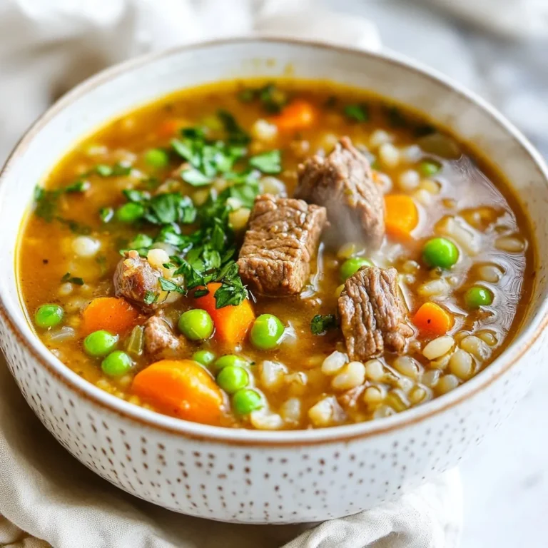 To make a tasty beef and barley soup, you need the right ingredients. Here’s what you will need: - 1 pound beef chuck, cut into 1-inch cubes - 1 tablespoon extra virgin olive oil - 1 medium onion, finely chopped - 2 cloves garlic, minced - 2 medium carrots, diced - 2 celery stalks, diced - 1 cup pearl barley, rinsed - 8 cups rich beef broth - 1 teaspoon dried thyme - 1 bay leaf - Salt and freshly ground black pepper to taste - 1 cup green peas, fresh or frozen - 2 tablespoons fresh parsley, chopped (for garnish) Each ingredient plays a key role. The beef chuck provides a rich flavor and tender meat. Olive oil helps in searing the beef, adding depth. The vegetables add sweetness and texture. Pearl barley thickens the soup and adds a chewy bite. Beef broth serves as the soup's base, making it hearty. Thyme and bay leaf give it a warm, earthy taste. Salt and pepper enhance all the flavors. Green peas bring a pop of color and sweetness. Finally, parsley adds freshness when you serve the soup. Gather these ingredients, and let’s cook a bowl of comfort! {{ingredient_image_2}} First, heat a large pot over medium-high heat. Add one tablespoon of olive oil. When the oil is hot, add one pound of beef chuck cut into cubes. Season it well with salt and pepper. Sear the beef for about 5-7 minutes. Turn the cubes to brown all sides. Once browned, remove the beef from the pot and set it aside. Next, in the same pot, add one medium chopped onion, two minced garlic cloves, two diced carrots, and two diced celery stalks. Sauté this mix for 4-5 minutes. You want the vegetables to soften and the onions to turn clear. This step builds great flavor. Now, stir in one cup of rinsed pearl barley. Cook it for 1-2 minutes. Toasting the barley helps it soak up more flavor. Then, return the browned beef to the pot. Pour in eight cups of beef broth and add one teaspoon of dried thyme and one bay leaf. Bring this mixture to a boil, then reduce the heat to low. Simmer the soup gently for about one hour. In the last ten minutes of cooking, stir in one cup of green peas. They can be fresh or frozen. Before serving, remove the bay leaf. Taste the soup and adjust the seasoning with salt and pepper as needed. Serve the soup hot in deep bowls. Add a sprinkle of fresh chopped parsley on top for a nice touch. - Importance of searing: Searing the beef is key. This step locks in flavors. It also gives the meat a nice brown color. Use high heat to get that perfect crust. - Optimal simmering techniques: After browning, simmer slowly. This helps the beef become tender. Keep the heat low and be patient. It takes about an hour for the best results. - Suggestions for additional herbs and spices: You can add bay leaf and thyme for rich taste. Consider adding rosemary or a touch of paprika. These will give your soup extra depth. - Choosing quality broth: Use a rich beef broth. A good broth adds flavor to the soup. Look for low-sodium options for better control of salt. Homemade broth can elevate your dish even more. - Best ways to serve and garnish: Serve the soup in deep bowls. Add a sprinkle of fresh parsley for color. A dash of black pepper can enhance the look too. - Accompaniments for a complete meal: Pair the soup with crusty bread. This adds a nice texture. A simple side salad can also balance your meal well. Pro Tips Choose Quality Beef: Opt for grass-fed, organic beef chuck for richer flavor and better texture in your soup. Soak the Barley: For a creamier texture, soak the pearl barley in water for a few hours before cooking. Add Fresh Herbs: Experiment with other fresh herbs like thyme or rosemary for an aromatic boost just before serving. Make it Ahead: This soup tastes even better the next day! Make a batch and store it in the fridge for an easy meal. {{image_4}} You can switch up the beef in this soup. Instead of using beef chuck, try using brisket or round. These cuts can add different flavors and textures to your soup. If you want a lighter option, use chicken or turkey. Just make sure to adjust the cooking time. Poultry cooks faster than beef, so keep an eye on it to not overcook. Adding more vegetables can make your soup even better. You can use seasonal veggies like zucchini, spinach, or kale. These will change the taste and add some color. You can also add beans or corn for extra texture. Just make sure to cook them long enough to soften. If you need a gluten-free version, use gluten-free barley or quinoa. Both will work well and keep your soup hearty. For a vegetarian or vegan option, skip the meat and broth. Use vegetable broth instead. Toss in lentils or chickpeas for protein, and enjoy a warm, comforting meal. You can store beef and barley soup in the fridge for up to three days. Make sure to place it in an airtight container. This helps keep the flavors fresh. When you're ready to eat, gently reheat the soup on the stove. Use low to medium heat for best results. Stir often to warm it evenly. You could also use a microwave, but be sure to cover the bowl to avoid spills. If you want to keep the soup longer, freezing is a great option. First, let the soup cool completely. Then, pour it into freezer-safe bags or containers. Leave some space at the top, as the soup will expand when frozen. Label your containers with the date for easy tracking. When you’re ready to enjoy it again, thaw the soup in the fridge overnight. For reheating, you can use the stove or microwave. If using the stove, heat it slowly to avoid burning. Stir well to mix the flavors back together. Freezing and thawing preserve the hearty taste of this comfort meal. Yes, you can use frozen beef. Just thaw it first. Frozen beef may not brown as well. Browning adds flavor. If you skip this step, the soup may taste less rich. Beef & Barley Soup lasts about 3 to 4 days in the fridge. Store it in an airtight container. Make sure it cools before putting it in the fridge. For best taste, eat it within a few days. Yes, you can use a slow cooker. Sear the beef first for flavor. Add all the other ingredients. Cook on low for about 6 to 8 hours. Stir occasionally if you can. The soup will be ready when the beef is tender. Pair this soup with crusty bread or a fresh salad. For a nice touch, serve it with a sprinkle of cheese. You could also add crackers for crunch. These sides make your meal more satisfying. Beef and barley soup is a hearty dish that combines rich flavor and healthy ingredients. We explored how to prepare it, from searing the beef to enhancing the taste with fresh herbs. I shared tips for making the meat tender and boosting flavor with quality broth. You learned how to store leftovers and even vary the recipe for different diets. My final thought is this: cooking can be fun and rewarding. Don't hesitate to experiment and make this soup your own!