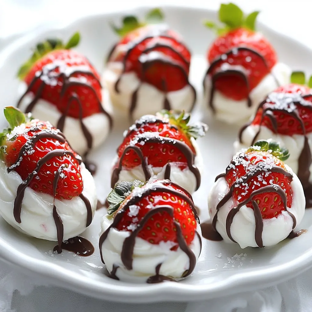 - 1 cup Greek yogurt (plain or vanilla) - 1 cup fresh strawberries, hulled and halved - 1 cup dark chocolate chips (or a dairy-free alternative) - 1 tablespoon coconut oil - Optional sweeteners like 1 tablespoon honey - A pinch of fine sea salt - ½ teaspoon vanilla extract (optional) To make Chocolate Strawberry Yogurt Clusters, I start with Greek yogurt. You can choose plain or vanilla yogurt. Both work great and add flavor. Fresh strawberries are next. I prefer to use ripe, juicy berries. They make the clusters taste fresh and sweet. Next, I have dark chocolate chips ready. If you want a vegan option, you can use dairy-free chocolate chips. They melt just as well. I add a tablespoon of coconut oil to help the chocolate drip smoothly over the yogurt. For a touch of sweetness, I sometimes use honey. It’s optional but adds a nice flavor. A pinch of fine sea salt elevates the taste. Lastly, I add vanilla extract, which is also optional, but it enhances the yogurt’s flavor. These ingredients come together to create a delightful treat. You can mix, dip, and drizzle to your heart's content! {{ingredient_image_2}} Rinsing and Drying Process Start by rinsing your fresh strawberries under cool water. This step helps remove dirt and chemicals. Use a clean paper towel to gently dry them. Make sure to get rid of any extra moisture to keep the yogurt from sliding off. Hulling and Slicing Instructions Next, hull the strawberries by removing the green tops. If they aren’t already halved, slice them carefully. This way, you’ll have two perfect pieces for yogurt coating. Combining Yogurt with Honey and Vanilla In a bowl, mix the Greek yogurt with honey and vanilla extract, if you want. Stir it well until it is smooth and creamy. This mixture gives a sweet and rich base for the strawberries. Achieving Smooth Consistency You want the yogurt to be smooth to coat the strawberries easily. If it's too thick, add a little more yogurt until it reaches the right texture. Dipping Strawberries into Yogurt Take a fork or toothpick and dip each strawberry half into the yogurt mixture. Make sure to coat each piece fully. Let any extra yogurt drip off before placing it down. Setting Up the Baking Tray Line a baking sheet with parchment paper. This helps prevent sticking. Place the yogurt-coated strawberries on the tray, leaving space between each one. Melting Chocolate Chips with Coconut Oil In a microwave-safe bowl, add dark chocolate chips and coconut oil. Microwave in 30-second bursts. Stir after each round until the chocolate is melted and smooth. Ensuring a Smooth Blend Make sure to mix well after melting. This step ensures that the coconut oil blends nicely with the chocolate, creating a silky texture. Drizzling Chocolate over Yogurt-Coated Strawberries Once your chocolate is ready, use a spoon or piping bag to drizzle it over the yogurt-coated strawberries. This adds a nice touch and makes them look fancy. Sprinkling Sea Salt and Freezing Instructions Lightly sprinkle a pinch of sea salt over the chocolate. This enhances the flavors. Then, transfer the tray to the freezer. Let the clusters chill for 1-2 hours until they are firm and fully frozen. Ensuring Even Coverage To coat the strawberries well, use a fork or toothpick. Dip each strawberry half into the yogurt mixture. Make sure every part is covered. This helps create a nice, creamy layer. Avoiding Excess Yogurt Drip After dipping, let the extra yogurt drip back into the bowl. Hold the strawberry for a few seconds. This keeps your clusters neat and prevents a messy freeze. Alternative Melting Methods You can melt chocolate in a microwave or on a stove. If using the stove, place chocolate in a bowl over simmering water. This method helps avoid burning. Tips for Achieving the Right Consistency Add coconut oil to the chocolate. This makes it smooth and shiny. Stir well to mix everything until it’s silky. You want a drizzle that flows easily over the yogurt. Creative Presentation Ideas Use a colorful platter to serve the clusters. This adds a fun touch to your table. You can also place each cluster in cupcake liners for easy serving. Adding Extra Garnishes Consider adding a whole strawberry next to each cluster. This brightens up the look and adds freshness. You might also sprinkle some chopped nuts for extra crunch and flavor. Pro Tips Use High-Quality Chocolate: The better the chocolate, the richer the flavor of your clusters. Opt for a high-percentage dark chocolate for a deeper taste. Experiment with Yogurt Flavors: Feel free to try different flavored Greek yogurts like strawberry or coconut to add an extra layer of taste to your clusters. Keep an Eye on the Freezing Time: Check the clusters after 1 hour to ensure they don’t freeze too hard. You want them to be firm but still easy to bite into. Enhance with Toppings: Consider adding chopped nuts or shredded coconut on top of the chocolate drizzle for added texture and flavor. {{image_4}} Using different types of yogurt can change the taste of your clusters. You can try flavors like strawberry or coconut yogurt. This will add a fun twist to your treat. If you love creaminess, go for full-fat yogurt. If you want something lighter, use low-fat versions. Adding nuts or other fruits can boost the crunch and flavor. Try mixing in some chopped almonds or walnuts. You can also add blueberries or raspberries for a fruit mix. This makes your clusters even more colorful and tasty. If you want a vegan option, use dairy-free yogurt. Look for coconut or almond yogurt. For the chocolate, choose dairy-free chocolate chips. This way, everyone can enjoy the treat without dairy. Looking for sugar-free or low-calorie alternatives? Use a sugar-free yogurt and sweeteners like stevia. You can also skip the honey. This makes your clusters lighter, perfect for those watching their sugar intake. To keep your chocolate strawberry yogurt clusters fresh, follow these steps: - Use an airtight container. This helps prevent freezer burn. - Layer clusters gently. Place parchment paper between layers if needed. - Label your container. Write the date to track freshness. For best quality, these clusters last up to three months in the freezer. After that, they may lose flavor and texture. When you're ready to enjoy your clusters, thaw them properly: - Thaw in the fridge. This helps them stay firm without melting too fast. - Avoid the microwave. It can make the yogurt too runny. To serve, simply peel them off the parchment paper. Enjoy them as is, or add a fresh whole strawberry for extra color and flavor! Chocolate Strawberry Yogurt Clusters last for about two months in the freezer. To keep them fresh, store them in an airtight container. This helps prevent ice crystals from forming, which can change the texture. Label the container with the date to keep track of freshness. Yes, you can use frozen strawberries. However, they will be softer when thawed. This can make the clusters mushy. To fix this, let the strawberries thaw in the fridge overnight. Drain any excess water after thawing to keep the clusters firm. To enhance the flavor, try adding nuts or shredded coconut. You can also mix in a scoop of nut butter with the yogurt. For a unique twist, use flavored yogurt, like strawberry or chocolate. These additions create a richer taste and exciting texture. Yes, these clusters are a healthy treat! Greek yogurt adds protein and calcium. Strawberries provide vitamins and antioxidants. Dark chocolate has health benefits too, like improving heart health. The overall combination makes them a tasty yet nutritious snack. You now know how to make chocolate-covered strawberry yogurt clusters with ease. Start with fresh ingredients, prepare your strawberries, and create a tasty yogurt mix. Dip the strawberries, melt the chocolate, and assemble your treats. Remember to use variations and storage tips to enjoy them longer. These clusters are fun to make and share. They’re healthy and delicious for everyone. Enjoy your tasty treat any time!