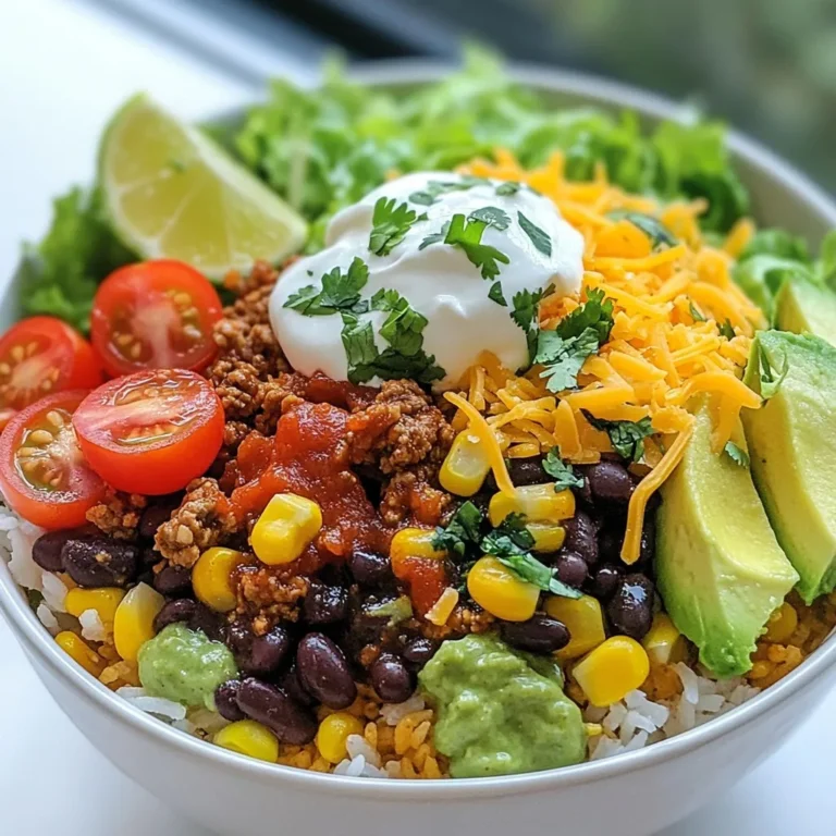 - 1 cup jasmine rice - 2 cups water - 1 pound ground beef (or ground turkey or plant-based meat) - 1 tablespoon extra virgin olive oil - 1 packet taco seasoning (or 1 teaspoon cumin, 1 teaspoon chili powder, ½ teaspoon garlic powder, ½ teaspoon onion powder, ½ teaspoon paprika) - 1 can (15 oz) black beans, drained and rinsed - 1 cup corn kernels (fresh or frozen) - 1 cup cherry tomatoes, halved - 1 cup shredded lettuce - 1 ripe avocado, diced - 1 cup shredded sharp cheddar cheese - ½ cup sour cream - Fresh cilantro leaves for garnish - Lime wedges for serving You can change some ingredients to suit your taste. Try using quinoa instead of jasmine rice for a nutty flavor. You can also swap black beans for pinto beans or kidney beans. For a spicy kick, add jalapeños or hot sauce. If you're vegan, use plant-based meat and dairy-free cheese. You will need a medium saucepan for cooking rice. A large skillet is great for browning the meat. Use a wooden spoon for mixing. Don't forget measuring cups for accurate portions. A sharp knife and cutting board will help you prep your veggies. Lastly, have serving bowls ready for assembling your tasty taco rice bowls! {{ingredient_image_2}} Start by rinsing the jasmine rice. Use cold water and keep rinsing until the water is clear. This step helps remove excess starch. In a medium saucepan, mix the rinsed rice with 2 cups of water. Turn the heat to high and bring it to a boil. When it boils, reduce the heat to low. Cover the pot and let it simmer for about 15 minutes. The rice will absorb all the water and get tender. After 15 minutes, take it off the heat. Let it sit for 5 minutes, covered. Fluff the rice gently with a fork before serving. While your rice cooks, heat 1 tablespoon of olive oil in a large skillet over medium heat. Add the 1 pound of ground beef. Use a wooden spoon to break it apart. Cook the beef until it turns brown and is cooked through. This should take about 6 to 8 minutes. If there is excess fat, drain it to keep the dish lean. Sprinkle the taco seasoning over the beef. If you want, you can make your own seasoning. Just mix 1 teaspoon of cumin, 1 teaspoon of chili powder, ½ teaspoon of garlic powder, ½ teaspoon of onion powder, and ½ teaspoon of paprika. Pour in ¼ cup of water and stir well. Let the mixture simmer for 5 minutes. This helps the beef soak up the flavors. With just a few minutes left for the beef, it’s time to add more flavor. Add 1 can of drained black beans and 1 cup of corn to the skillet. Mix everything gently. Heat it all through for about 2 or 3 minutes. The beans and corn will warm up quickly. Now your beef, beans, and corn mixture is ready to go! To make your rice fluffy, rinse it well. Rinsing helps remove excess starch. Use cold water until it runs clear. This step makes a big difference. When cooking, use a medium saucepan. Combine 1 cup of jasmine rice and 2 cups of water. Bring it to a boil, then lower the heat. Cover the pot and let it simmer for about 15 minutes. After it's done, let it rest for 5 more minutes. Fluff the rice gently with a fork to keep it light. To boost the flavor of your beef, use fresh spices. If you have time, make your own taco seasoning. Combine 1 teaspoon of cumin, chili powder, garlic powder, onion powder, and paprika. This mix brings out rich flavors. Always drain excess fat from the beef after cooking. This keeps your dish lean and tasty. Add ¼ cup of water when seasoning the beef. This adds moisture and helps the seasoning stick. Let it simmer for a few minutes to absorb all the flavors. For a beautiful taco rice bowl, think about color and texture. Start with a scoop of fluffy rice. Layer the beef and bean mix on top. Then add fresh toppings like cherry tomatoes and lettuce. Diced avocado and shredded cheese add creaminess. For a finishing touch, add a dollop of sour cream. Sprinkle fresh cilantro leaves for a pop of green. Serve lime wedges on the side. This adds a zesty flavor that brightens the dish. Consider using a rustic wooden platter to serve. This creates a fun and festive vibe at your table. Pro Tips Use Fresh Ingredients: Always opt for fresh tomatoes, lettuce, and avocado to enhance the flavor and texture of your taco rice bowls. Customize Your Protein: Feel free to experiment with different proteins, like chicken or lentils, to suit your dietary preferences or to switch things up. Make It Spicy: Add sliced jalapeños or a dash of hot sauce to your taco rice bowls for an extra kick of heat that complements the flavors well. Meal Prep Friendly: Prepare the rice and beef mixture in advance and store them separately for quick assembly on busy weeknights. {{image_4}} You can easily make a vegetarian or vegan taco rice bowl. Replace the ground beef with plant-based meat or lentils. Use vegetable broth instead of water for cooking rice. You can also add more beans, like pinto or kidney beans, for protein. Avocado adds creaminess, while fresh veggies keep it bright and fresh. If you want different proteins, try ground turkey or chicken. Both options cook quickly and add great flavor. For a heartier meal, consider shredded beef or pulled pork. You can also use quinoa or chickpeas as protein sources. These options keep your meal tasty while giving you more choices. Toppings can take your taco rice bowl to the next level. Try adding different cheese like queso fresco or pepper jack for a kick. Fresh salsa or pico de gallo gives a zesty bite. You can also add pickled jalapeños for heat or olives for a salty twist. Don’t forget fresh herbs like cilantro or green onions to brighten each bite! To keep your taco rice bowl fresh, place leftovers in an airtight container. Make sure to let the dish cool before sealing. This helps prevent moisture buildup. Store the container in the fridge for up to three days. Keep toppings like avocado and sour cream separate to maintain their freshness. You can freeze taco rice bowls if you want extra meals. Use freezer-safe containers or bags. Portion out the rice, beef, beans, and corn. Avoid freezing the fresh toppings. They don’t thaw well. Label each container with the date. You can keep them in the freezer for up to three months. To reheat, first, thaw the frozen bowl in the fridge overnight. You can microwave it for about 2-3 minutes. Stir halfway through to heat evenly. If you prefer, you can reheat it on the stove. Just add a splash of water to keep it moist. Heat it over low heat until warmed through. Add fresh toppings after reheating for the best taste! To make your Taco Rice Bowl gluten-free, choose gluten-free taco seasoning. Most raw ingredients are gluten-free, so focus on that. Use corn tortillas instead of flour ones if you want to add crunch. Ensure all canned goods, like black beans, are labeled gluten-free. This way, you enjoy all the flavors without worry. Yes, you can use brown rice instead of jasmine rice. Brown rice adds more fiber and nutrients. However, it needs more cooking time. Cook brown rice according to package instructions, usually around 45 minutes. The texture will change, but the taste will still be great. The best toppings for Taco Rice Bowls include: - Avocado - Shredded lettuce - Cherry tomatoes - Shredded cheese - Sour cream - Fresh cilantro - Lime wedges These toppings add color and flavor, making each bite exciting. You can mix them up based on what you have. Enjoy getting creative with your bowl! The taco rice bowl combines easy steps and tasty flavors. We covered the main and optional ingredients. You learned how to prepare jasmine rice and season ground beef. Tips helped you master the rice texture and beef flavor. We explored fun variations, including vegetarian options. Now, you can store leftovers and reheat them with ease. Enjoy making this dish your way!
