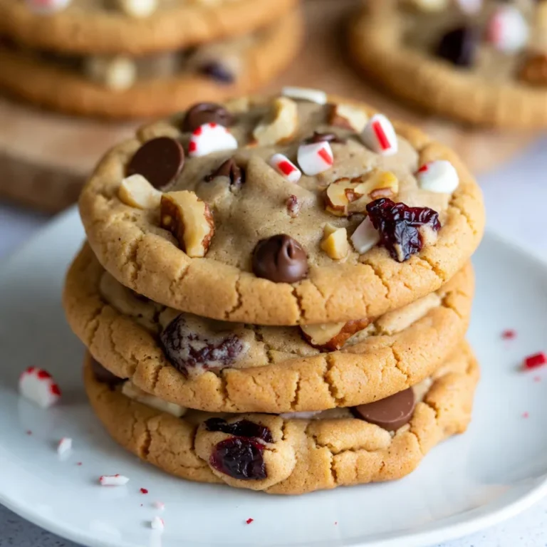 - 1 cup unsalted butter - 1 cup packed brown sugar - 1/2 cup granulated sugar - 2 large eggs - 2 teaspoons pure vanilla extract For these Christmas Kitchen Sink Cookies, you need a mix of essential items. Butter is key to making the cookies soft and rich. Use unsalted butter for better control over the saltiness. Brown sugar and granulated sugar add sweetness, while the eggs help bind everything. Vanilla extract gives a warm flavor that makes each bite special. - 3 cups all-purpose flour - 1 teaspoon baking soda - 1/2 teaspoon fine sea salt Next, gather your dry ingredients. All-purpose flour is the base of the dough. Baking soda helps the cookies rise. Fine sea salt balances the sweetness. Be sure to whisk these together well. This step ensures even mixing and helps avoid clumps. - 1 cup rolled oats - 1 cup semi-sweet chocolate chips - 1/2 cup creamy white chocolate chips - 1/2 cup crushed peppermint candies - 1 cup mixed nuts - 1/2 cup dried cranberries Now comes the fun part! Add-ins make these cookies unique. Rolled oats give a nice texture. Semi-sweet and white chocolate chips add sweet bursts. Crushed peppermint candies bring a festive crunch. Mixed nuts provide a lovely nutty flavor. Dried cranberries add a hint of tartness. Mix these carefully into your dough. This step is where the magic happens! Each bite will be different and delicious. {{ingredient_image_2}} - Set the oven to 350°F (175°C). - Line a baking sheet with parchment paper. Start with softened butter. In a large bowl, mix it with brown sugar and granulated sugar. Use an electric mixer on medium speed. Beat it until light and fluffy, about 3-5 minutes. Next, crack in the eggs. Add them one at a time, mixing after each. Then stir in the pure vanilla extract. This adds a nice sweetness. In a separate bowl, whisk together the all-purpose flour, baking soda, and fine sea salt. This step ensures even mixing of the dry ingredients. Slowly add the dry mixture to your wet mixture. Stir gently until just combined. Be careful not to overmix. This keeps your cookies tender and soft. Now, it’s time for the fun part! Carefully fold in the rolled oats, semi-sweet chocolate chips, creamy white chocolate chips, crushed peppermint candies, mixed nuts, and dried cranberries. Make sure everything is evenly mixed. This gives the cookies their delightful ‘kitchen sink’ texture. Using a tablespoon or cookie scoop, drop rounded dollops of dough onto your prepared baking sheet. Leave about 2 inches between each mound. This allows them to spread while baking. Bake the cookies in the oven for 10-12 minutes. Once they are lightly golden on the edges and the center is soft, remove them from the oven. Let them cool on the baking sheet for 5 minutes. After that, transfer the cookies to a wire rack to cool completely. This helps them set perfectly! To make the best Christmas Kitchen Sink Cookies, avoid overmixing the dough. When you mix the wet and dry ingredients, do it just until combined. This helps keep the cookies soft and chewy. Monitor baking time closely for soft centers. Bake until the edges are lightly golden, but the middle should look slightly underbaked. This will ensure a nice, gooey texture. These cookies pair well with hot cocoa or a glass of milk. The warm drinks complement the sweetness of the cookies. For an extra festive touch, garnish with crushed peppermint candies on top. This adds color and a delightful crunch. Feel free to experiment with different nuts or dried fruits in the mix. You can use walnuts, pecans, or even hazelnuts. For dried fruits, consider using raisins or cherries. Each combination brings a new flavor and keeps things interesting. Pro Tips Chill the Dough: If you have time, refrigerate the cookie dough for about 30 minutes before baking. This helps the flavors meld and results in thicker cookies that hold their shape better. Experiment with Mix-Ins: Feel free to customize the mix-ins based on your preferences. Substitute the nuts for your favorite seeds or add in different types of dried fruits for a unique twist! Use a Cookie Scoop: For uniform cookies, use a cookie scoop. This ensures even baking and gives your cookies a professional look. Check for Doneness: Remember that cookies will continue to cook on the baking sheet after being removed from the oven. Aim for a slightly underbaked center for the ultimate chewy texture. {{image_4}} You can switch up the chocolate chips in your cookies. Use butterscotch chips or dark chocolate if you like. For a fun twist, try adding peanut butter chips. If you need a gluten-free option, use almond flour or a gluten-free flour blend. This keeps the cookies soft and tasty. To make your cookies even more festive, toss in holiday spices. A pinch of cinnamon or nutmeg adds warmth and cheer. You can also add seasonal fruits like diced apples or chopped dates. These will give your cookies a unique twist and burst of flavor. You can make mini cookies for cute bites. Use a teaspoon to scoop small amounts of dough. Bake them for about 8-10 minutes. If you want larger cookies, use a larger scoop. Just be ready to bake them a bit longer, around 12-15 minutes. Keep an eye on them so they don’t overbake. To keep your Christmas Kitchen Sink Cookies fresh, use an airtight container. I recommend placing parchment paper between layers of cookies. This keeps them soft and prevents them from sticking. Store your cookies at room temperature for the best taste. They will stay fresh for several days this way. Freezing your cookies is a great option if you want to save some for later. Start by letting the cookies cool completely. Then, place them in a single layer on a baking sheet. Freeze them for about an hour. After that, transfer the cookies to a freezer-safe bag or container. They can last for up to three months in the freezer. To thaw, remove them from the freezer and let them sit at room temperature for about 30 minutes. At room temperature, these cookies last about five to seven days. Keep them stored in an airtight container for the best results. If you notice they are getting hard, a slice of bread in the container can help keep them soft. This is a simple trick to maintain their chewy texture! Kitchen sink cookies are a fun mix of many ingredients. They include different types of chocolate, nuts, and even dried fruits. You can add anything you like! This cookie style gets its name because you can toss in whatever you have on hand, just like a kitchen sink. The result? A chewy, sweet cookie that has a little bit of everything. Yes, you can! You can prepare the dough and store it in the fridge for up to three days. Just cover it tightly with plastic wrap. When you're ready to bake, scoop the dough onto a tray and bake as usual. If you want to make them even earlier, you can freeze the dough for up to three months. Just thaw it in the fridge before baking. You can get creative with kitchen sink cookies! Here are some ideas: - Swap semi-sweet chocolate chips for dark chocolate or butterscotch chips. - Use different nuts like pecans or cashews. - Try adding dried fruits like raisins or apricots. - Mix in spices like cinnamon for a warm flavor. The options are endless, so feel free to experiment with your favorites! To keep your cookies from spreading too much, try these tips: - Make sure your butter is softened, but not melted. - Chill the dough for at least 30 minutes before baking. - Use parchment paper to line your baking sheet. - Space the cookies at least two inches apart on the tray. These steps can help the cookies hold their shape while baking. Absolutely! These cookies make great gifts. To present them nicely, stack them in a festive tin or a decorative box. You can also wrap them in cellophane tied with a ribbon. Add a little note for a personal touch. These treats not only look good but taste great too, making them perfect for sharing during the holidays! This guide covered every step to make delicious Kitchen Sink Cookies. We reviewed the essential ingredients, drying methods, and fun add-ins you can try. Remember, the best cookies come from mixing creativity with care. Don’t be afraid to switch things up with flavors or sizes. You now have the tips to bake perfect cookies every time. Enjoy sharing your tasty treats with family and friends. Baking is about fun and love. Happy baking!