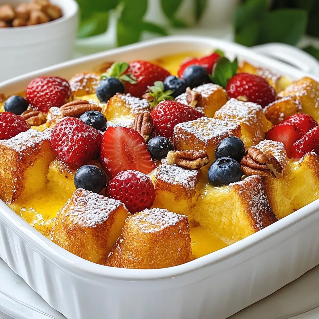 To make this Easy French Toast Casserole, you will need: - 1 loaf of brioche or challah bread, cut into bite-sized cubes - 6 large eggs - 2 cups milk (whole or almond for a dairy-free option) - 1/2 cup heavy cream - 1/2 cup pure maple syrup - 1 tablespoon vanilla extract - 1 teaspoon ground cinnamon - Pinch of salt - 1/2 cup chopped pecans or walnuts (optional for added crunch) - Powdered sugar for a light dusting (optional) - Assorted fresh berries for garnish (such as strawberries, blueberries, or raspberries) You can easily adjust this recipe. If you want a dairy-free version, use almond milk instead of whole milk. You can also swap heavy cream for coconut cream. For a nut-free option, skip the nuts altogether. You can also use sunflower seeds if you want some crunch without nuts. If you don't have brioche or challah, use any soft bread like white bread or French bread. For the eggs, you can use flax eggs for a vegan version. Mix 1 tablespoon of ground flaxseed with 2.5 tablespoons of water for each egg. If you want a sweeter taste, add more maple syrup or use honey. {{ingredient_image_2}} 1. Preheat your oven to 350°F (175°C). 2. Grease a 9x13 inch baking dish with cooking spray or butter. This step keeps the casserole from sticking. 3. In a large bowl, whisk together 6 large eggs, 2 cups of milk, and ½ cup of heavy cream. 4. Add ½ cup of pure maple syrup, 1 tablespoon of vanilla extract, 1 teaspoon of ground cinnamon, and a pinch of salt. Mix until smooth. 5. Cut 1 loaf of brioche or challah bread into bite-sized cubes. 6. Gently fold the bread cubes into the egg mixture. Make sure each piece is coated well. 7. If you want some crunch, add ½ cup of chopped pecans or walnuts and fold them in too. 1. Pour the mixture into the prepared baking dish. Spread the bread cubes evenly. 2. Cover the dish tightly with plastic wrap. Place it in the fridge for at least 2 hours or overnight. This helps the bread soak up the liquid. 3. Before baking, let the casserole sit at room temperature for about 30 minutes. 4. Bake in the preheated oven for 40-45 minutes. The top should be golden brown and firm in the center. 5. Use a toothpick to check if it's done; it should come out clean. 1. Once baked, let the casserole cool for a few minutes. 2. Slice it into squares for serving. 3. Dust each portion lightly with powdered sugar. 4. Top with fresh berries like strawberries, blueberries, or raspberries for color and taste. To get the best texture, use soft bread like brioche or challah. Cut it into small cubes. This helps it soak up the egg mix. Mix the bread gently with the egg mixture. Make sure every piece is coated well. This way, the casserole will bake evenly. To add crunch, sprinkle in nuts like pecans or walnuts. They give a nice texture contrast. If you want to prep ahead, cover the dish with plastic wrap and chill it overnight. This helps the bread soak up the custard fully. Remove it from the fridge about 30 minutes before baking. This step warms it slightly. A warmer dish bakes more evenly. Once baked, let the casserole cool for a few minutes. This makes slicing easier. Dust it lightly with powdered sugar for a sweet touch. Serve each piece with fresh berries on top. They add color and freshness. Enjoy your delicious creation with family and friends! Pro Tips Use Day-Old Bread: For the best texture, use slightly stale brioche or challah bread. Day-old bread absorbs the custard mixture better, resulting in a creamier casserole. Add Flavor Variations: Experiment with different flavors by adding ingredients like orange zest, nutmeg, or even chocolate chips to the custard mixture for a delicious twist. Make Ahead: Prepare the casserole the night before and let it soak in the refrigerator overnight. This saves time in the morning and enhances the flavors! Serve with Toppings: Elevate your French toast casserole by serving it with a variety of toppings such as whipped cream, yogurt, or a drizzle of extra maple syrup. {{image_4}} You can play with flavors in this dish. Try adding chocolate chips for a sweet touch. You can also use ripe bananas for a fruity twist. Another option is to mix in apples and cinnamon for a cozy feel. Each choice brings a new taste. Don't be afraid to get creative! Toppings can make your casserole even better. Fresh fruit like strawberries, blueberries, or raspberries adds bright flavors. Nuts like pecans or walnuts give a nice crunch. You can drizzle maple syrup on top for added sweetness. For a fun finish, sprinkle powdered sugar for a lovely look. If you need gluten-free options, use gluten-free bread. This keeps the taste while meeting your needs. For a vegan version, swap eggs with flaxseed meal or chia seeds. Use almond milk instead of regular milk. These changes make the dish suitable for everyone. Enjoy the same great taste with these simple swaps! After you cook your Easy French Toast Casserole, let it cool. Cover it well with plastic wrap or foil. Store it in the fridge for up to 3 days. This keeps it fresh and tasty. If you have leftovers, this method helps to keep the flavors strong. You can freeze this dish, too! Cut it into squares first. Wrap each piece well in plastic wrap and place them in a freezer bag. Squeeze out as much air as you can. This helps prevent freezer burn. You can store it in the freezer for up to 2 months. Just remember to label the bag with the date. To reheat, you can use the oven or microwave. For the oven, preheat to 350°F (175°C). Place the casserole on a baking sheet and cover it with foil. Bake for about 15-20 minutes until warm. If using the microwave, place a square on a plate. Heat for 1-2 minutes or until hot. Enjoy your warm, tasty breakfast! Yes, you can make this casserole ahead! I love prepping it the night before. Just follow the steps until you cover it with plastic wrap. Place it in the fridge overnight. This gives the bread time to soak up the egg mixture. When you are ready to bake, let it sit at room temp for about 30 minutes. This helps it bake evenly and rise nicely. I recommend using brioche or challah bread. These breads are soft and sweet. They soak up the egg mixture well. If you like, you can also use other types of bread. Just make sure it is thick and sturdy. Avoid thin bread since it can fall apart when soaking. To check if your casserole is done, look for a golden brown top. The center should feel firm when you touch it. You can also use a toothpick. Insert it into the center, and if it comes out clean, your casserole is ready. Bake it for about 40-45 minutes to get the best results. This post covered the key aspects of making a tasty casserole. We explored ingredients, preparation steps, and baking instructions. I shared tips to help you get the perfect texture and serve it well. We also looked at fun variations and storage options. In closing, I hope you feel ready to make your own delicious casserole. Simple steps and great ingredients lead to a meal everyone will enjoy. Happy baking!