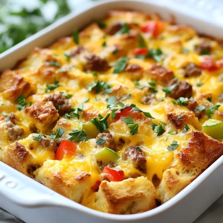 - 1 pound breakfast sausage - 6 large eggs - 2 cups whole milk - 4 cups cubed bread (sourdough or challah) - 2 cups shredded cheddar cheese - 1 cup diced bell peppers - 1 cup diced onion - Garlic powder and paprika - Salt and freshly ground black pepper - Fresh parsley for garnish The Cheesy Sausage Breakfast Casserole starts with simple yet tasty main ingredients. First, you need breakfast sausage. I often use bulk sausage for ease. The eggs and milk create a creamy base. The cubed bread adds great texture. Sourdough or challah work best. Next, we have flavor enhancers. Shredded cheddar cheese gives that rich, cheesy goodness. Diced bell peppers add color and a slight crunch. Diced onion brings sweetness and depth. Garlic powder and paprika give the dish a warm, inviting flavor. Finally, seasonings complete the dish. Salt and freshly ground black pepper balance the flavors. Fresh parsley makes for a lovely garnish. It adds a pop of color and freshness. These ingredients combine to create a hearty, satisfying breakfast. Each bite brings a mix of flavors and textures. You can easily adjust the ingredients to fit your taste or dietary needs. {{ingredient_image_2}} 1. Preheat your oven to 350°F (175°C). Grease a 9x13 inch baking dish well. This helps the casserole not stick. 2. In a large skillet over medium heat, add 1 pound of breakfast sausage. Cook until it turns brown and crumbles well. This should take about 5-7 minutes. Drain any extra grease from the skillet. 1. In a big bowl, whisk together 6 large eggs and 2 cups of whole milk. Make sure it is smooth. 2. Add 1 teaspoon of garlic powder, 1 teaspoon of paprika, and a pinch of salt and pepper. Mix well to combine all ingredients evenly. 3. In the greased dish, layer 4 cups of cubed bread evenly on the bottom. This gives a great base for your casserole. 4. Spread the browned sausage over the bread. Next, add 1 cup of diced bell peppers and 1 cup of diced onion. This will add color and flavor to your dish. 1. Carefully pour the egg mixture over the sausage and bread layers. Make sure it soaks into the bread nicely. 2. Sprinkle 2 cups of shredded cheddar cheese on top. This cheese will melt beautifully while baking. 3. Place the dish in your preheated oven and bake for 35-40 minutes. Look for a golden brown color on the edges. To test if it’s done, insert a knife in the middle. If it comes out clean, it's ready! 4. After baking, let it cool for about 5-10 minutes. This makes slicing easier. 5. Before serving, garnish with fresh parsley for a pop of color. Serve warm, cut into squares, and enjoy! To evenly distribute the sausage and veggies, layer them carefully. Start with the bread cubes, then add sausage, bell peppers, and onions in a single, even layer. This way, each bite has a mix of flavors. The colors will also pop, making it look appealing. Soaking bread cubes in the egg mixture is key. This step allows the bread to absorb the flavors. It helps bind the casserole together when it bakes. Make sure every piece gets soaked. This will keep the dish moist. For great sides to complement the casserole, think fresh fruit or a light salad. They add a nice balance to the rich flavors. You can also serve it with a dollop of sour cream or a side of yogurt for added creaminess. For a beautiful breakfast table, cut the casserole into generous squares. Top each piece with fresh parsley for a pop of color. Arrange it on a large platter with fruit on the side. This makes for an inviting and vibrant spread that everyone will enjoy. Pro Tips Use Day-Old Bread: For the best texture, use slightly stale bread. It absorbs the egg mixture without becoming too soggy. Customize Your Veggies: Feel free to add or substitute other vegetables like spinach, mushrooms, or zucchini for added flavor and nutrition. Spice it Up: Add a pinch of red pepper flakes or your favorite hot sauce to the egg mixture for a spicy kick. Make Ahead: Assemble the casserole the night before and refrigerate it. Just bake it in the morning for a quick and easy breakfast. {{image_4}} You can switch up the cheese to find your favorite. Try mozzarella for a milder taste. Pepper jack adds a nice kick. Both melt well and bring different flavors. If you want to change the sausage, turkey sausage is a good choice. It’s lighter but still tasty. For a vegetarian option, use plant-based sausage. It gives you the same great flavor without meat. Adding herbs or spices can make this dish more exciting. Italian seasoning brings warmth and depth. Chives add a fresh taste that brightens the casserole. Just sprinkle them in when mixing the egg and milk. You can also add other veggies for more color and nutrition. Spinach is a great choice; it cooks down nicely and adds a rich green color. Mushrooms give a nice, earthy flavor. Just be sure to cook them a bit before adding to the casserole. This way, they won’t make the dish soggy. To store leftover casserole, first let it cool. Then, cover it tightly with plastic wrap or foil. You can also place it in an airtight container. This keeps it fresh and tasty. In the fridge, the casserole stays good for about 3 to 4 days. For freezing, cut the casserole into portions. Wrap each piece in plastic wrap, then in foil. This helps to prevent freezer burn. You can freeze it for up to 3 months. When you're ready to eat, thaw it in the fridge overnight. To reheat frozen portions, place them in a baking dish. Cover with foil and heat in a preheated oven at 350°F (175°C). Bake for about 25-30 minutes, or until warmed through. Enjoy your tasty Cheesy Sausage Breakfast Casserole even after freezing! You can replace eggs with silken tofu or a mix of flaxseed and water. Use 1 tablespoon of flaxseed mixed with 2.5 tablespoons of water for each egg. Blend until smooth, then follow the recipe as usual. The texture may differ slightly, but it will still be tasty! Yes, you can prepare this casserole the night before. Simply follow the recipe and cover the dish tightly with plastic wrap. Store it in the fridge overnight. In the morning, bake it straight from the fridge. Just add a few extra minutes to the baking time. To reheat leftovers, place them in a preheated oven at 350°F (175°C). Cover the dish with foil to keep it moist. Heat for about 15-20 minutes or until warmed through. You can also use the microwave, heating in short intervals until hot. This breakfast casserole is a tasty blend of sausage, eggs, and bread. You learned how to prepare it step by step. Keeping our tips in mind will make cooking easier and more fun. With flavor swaps and storage tips, you can customize your dish. Enjoy your meal and share it with others. This simple recipe can become a breakfast favorite in your home.
