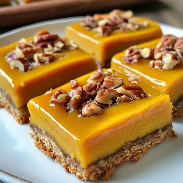 To make pumpkin pecan caramel bars, you need simple ingredients that burst with flavor. Here’s what you will need: - 1 cup all-purpose flour - 1/2 cup rolled oats - 1/2 cup packed brown sugar - 1/4 teaspoon salt - 1/2 cup unsalted butter, melted - 1 cup pumpkin puree - 1/2 cup sweetened condensed milk - 1/2 cup chopped pecans - 1 teaspoon pumpkin pie spice - 1/2 teaspoon vanilla extract - 1/2 cup caramel sauce Each ingredient plays a key role. The flour and oats create a sturdy crust. Brown sugar adds sweetness and a nice texture. Salt balances the flavors. Melted butter helps bind the crust. Pumpkin puree gives the bars that signature fall taste. Sweetened condensed milk makes the filling creamy and rich. Chopped pecans add a delightful crunch. Pumpkin pie spice brings warmth and depth. Vanilla extract enhances the overall flavor. Finally, the caramel sauce adds a sweet drizzle, making these bars irresistible. Gather all these ingredients before you start. It makes the process smooth and fun! Enjoy creating this delicious fall treat. {{ingredient_image_2}} Start by setting your oven to 350°F (175°C). This temperature gives the bars a nice bake. Grab an 8x8-inch baking pan. Lightly grease it with butter or cooking spray. This helps the bars come out easily later. In a large bowl, mix these dry ingredients: - 1 cup all-purpose flour - 1/2 cup rolled oats - 1/2 cup packed brown sugar - 1/4 teaspoon salt Now pour in 1/2 cup of melted unsalted butter. Stir the mixture until it looks crumbly but holds together. Transfer this crust mix into your greased pan. Press it down evenly across the bottom. This makes a solid base for your bars. Bake the crust for about 15 minutes. It should turn a light golden color. While your crust is baking, prepare the pumpkin filling. In another bowl, whisk together: - 1 cup pumpkin puree - 1/2 cup sweetened condensed milk - 1/2 cup chopped pecans - 1 teaspoon pumpkin pie spice - 1/2 teaspoon vanilla extract Mix these ingredients until smooth. This filling will be creamy and flavorful. Once the crust is done, carefully pour the pumpkin mixture over it. Use a spatula to spread it evenly. Now, take 1/2 cup of caramel sauce. Drizzle it over the pumpkin layer. With a butter knife, swirl the caramel gently into the pumpkin. This creates a beautiful marbled look. Return the pan to the oven. Bake for another 25 to 30 minutes. Look for set edges and a slightly firm center. This means your bars are ready. After baking, let them cool in the pan for at least an hour. This helps them firm up before you slice them into squares. To get the best crust, aim for a balance. You want it firm but not too hard. When mixing the crust, combine flour, oats, brown sugar, and salt. Pour in the melted butter and stir until crumbly. Press this mixture evenly into your pan. Bake it until light golden, about 15 minutes. This step gives your bars a great base. Swirling the caramel makes your bars look pretty and taste great. After pouring the pumpkin filling, drizzle the caramel sauce on top. Use a butter knife to gently swirl it through the filling. Don't mix it in too much. You want to see the caramel lines for a beautiful marbled effect. For a special touch, add some chopped pecans on top. This gives texture and a nice look. Drizzle extra caramel sauce over each bar to make them more tempting. A dollop of whipped cream on the side is also a great idea. These small changes can elevate your pumpkin pecan caramel bars into a stunning fall treat. Pro Tips Use Fresh Pumpkin: For the best flavor, consider using fresh pumpkin instead of canned. Roast and puree a small pumpkin for a more vibrant taste. Chill Before Cutting: After cooling, place the bars in the refrigerator for at least an hour before slicing. This helps achieve cleaner cuts and prevents them from falling apart. Experiment with Nuts: If you prefer, substitute pecans with walnuts or hazelnuts for a different nutty flavor profile that complements the pumpkin beautifully. Add Spices: Feel free to enhance the flavor of the pumpkin filling by adding a pinch of nutmeg or cinnamon to the mixture for extra warmth. {{image_4}} If you want to skip the pecans, you can use sunflower seeds. They add a nice crunch. You can also try using pumpkin seeds, known as pepitas. They work well and keep the flavor fun. Just remember to adjust the amount to match your taste. To make these bars gluten-free, swap the all-purpose flour for gluten-free flour. You can use almond flour or a blend of gluten-free flours. Each adds a unique taste and texture. Make sure to check that your oats are gluten-free as well. This way, everyone can enjoy these treats! Want to jazz up the flavor? Consider adding a pinch of nutmeg or cinnamon to the filling. You could also mix in some chocolate chips for a sweet twist. If you like a bit of zest, try adding orange or lemon zest. These simple tweaks can make your bars even more exciting! To keep your Pumpkin Pecan Caramel Bars fresh, store them in an airtight container. Place a layer of parchment paper between the bars to prevent sticking. Keep them at room temperature for up to three days. If you need to store them longer, refrigerate them for up to a week. Just remember to let them warm a bit before serving for the best taste. If you want to enjoy these bars later, freezing is a great option. Cut them into squares and wrap each piece tightly in plastic wrap. Then place them in a freezer-safe bag or container. They can stay frozen for up to three months. When you're ready to enjoy, thaw the bars in the fridge overnight. You can also leave them out at room temperature for a few hours to soften. Enjoy your delicious treat! Yes, you can make these bars ahead of time. Bake them and let them cool completely. After cooling, slice them into squares. Place the bars in an airtight container. You can store them at room temperature for up to three days. For longer storage, keep them in the fridge for up to a week. If you want to keep them even longer, freeze them. They can last in the freezer for up to three months. Just make sure to wrap them well to prevent freezer burn. If you want a substitute for sweetened condensed milk, there are options. You can use coconut milk for a dairy-free choice. Just add sugar to taste. Another option is to make your own. Combine one cup of whole milk and one cup of sugar. Heat this mixture until the sugar dissolves, then simmer until it thickens. You can also use evaporated milk with added sugar. This works well if you need a lower-calorie choice. To check if your bars are done, look for a few signs. The edges should be set and look firm. The center might still be a little soft, but it should not jiggle when you shake the pan. A toothpick inserted into the center should come out mostly clean. If it has some moist crumbs, that is okay. The bars will continue to firm up as they cool. You now know how to make delicious Pumpkin Pecan Caramel Bars. We reviewed the key ingredients, clear steps, and helpful tips. Remember to focus on the crust and caramel swirl for a great look and taste. You can also try variations to suit your needs. Store any leftovers well to keep them fresh. Enjoy every bite, and share your bars with friends! Happy baking!