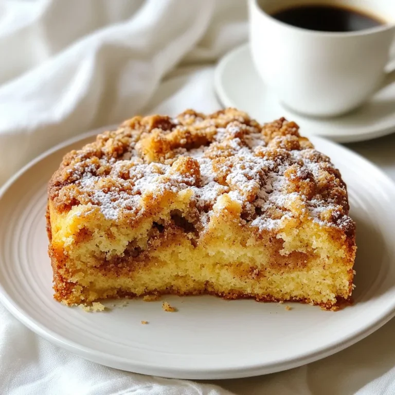 - 2 cups all-purpose flour - 2 tablespoons ground cinnamon - 2 teaspoons baking powder - ½ teaspoon baking soda - ½ teaspoon salt - ½ cup unsalted butter, softened - 1 cup granulated sugar - 3 large eggs, at room temperature - 1 teaspoon pure vanilla extract - 1 cup sour cream - ½ cup packed brown sugar - ½ cup chopped nuts (walnuts or pecans) When making cinnamon streusel coffee cake, each ingredient plays a key role. The flour gives the cake its structure. Ground cinnamon adds warmth and flavor. Baking powder and baking soda help it rise, creating a light texture. Don't forget the salt; it enhances the taste. For the wet ingredients, softened butter provides richness. Granulated sugar sweetens the cake and helps it brown. Eggs add moisture and bind everything together. Vanilla extract gives a lovely aroma, while sour cream keeps the cake moist and tender. For the streusel topping, brown sugar adds sweetness and depth. Chopped nuts like walnuts or pecans add crunch and a nutty flavor. Together, these elements make a delicious and inviting coffee cake that you will love to share with family and friends. {{ingredient_image_2}} 1. First, preheat your oven to 350°F (175°C). This step is key for even baking. 2. Prepare your 9-inch round cake pan or a 9x13 inch baking dish. Grease it well. Lightly dust it with flour to keep the cake from sticking. 3. In a large mixing bowl, use an electric mixer. Cream together the softened butter and granulated sugar. Mix until it is light and fluffy. This will take about 3 to 5 minutes. 1. Now we add the eggs. Introduce them one at a time. Make sure each egg blends in before adding the next. 2. After the eggs, add the pure vanilla extract. Blend until it is well mixed. 3. In a separate bowl, whisk together the all-purpose flour, baking powder, baking soda, and salt. Mix these dry ingredients well. 4. Gradually add this dry mixture to the wet mixture. Alternate it with the sour cream. Start and finish with the flour mixture. This helps keep the batter smooth. Mix until just combined. Be careful not to overmix. 1. For the streusel topping, take a small bowl. Combine the packed brown sugar, ground cinnamon, and chopped nuts. Mix until they are evenly coated and set aside. 2. Pour half of the cake batter into your prepared pan. Spread it evenly with a spatula. 3. Sprinkle half of the streusel mixture over the first layer of batter. 4. Carefully spoon the remaining batter on top. Smooth it out so it is even. Then sprinkle the last of the streusel over the surface. Make sure it is spread out well. 5. Place the cake in the preheated oven. Bake for about 30 to 35 minutes. To check if it is done, insert a toothpick into the center. It should come out clean or with a few moist crumbs. 6. Once baked, remove the cake from the oven. Let it cool in the pan for about 10 minutes. Then transfer it gently to a wire rack to cool completely. How to check for doneness To check if your cake is done, use a toothpick. Insert it into the center. If it comes out clean or with a few moist crumbs, the cake is ready. This simple test ensures a perfect bake every time. Importance of room temperature ingredients Using room temperature ingredients is key for a smooth batter. When butter and eggs are at room temp, they mix better. This helps create a light and fluffy cake. Take your eggs and butter out an hour before baking. Dusting with powdered sugar For a beautiful finish, dust the top of your cake with powdered sugar. This adds a touch of elegance and makes it look extra special. Use a fine sieve to sprinkle it evenly. Serving suggestions for pairing Pair each slice with a hot cup of coffee or tea. The warm drink balances the sweet cake. This makes for a delightful treat, perfect for brunch or snack time. Overmixing the batter Be careful not to overmix your batter. Mixing too much can make your cake dense. Stir until ingredients are just combined for a light texture. Not properly preparing the pan Always prepare your pan well. Grease it and dust it with flour. This prevents the cake from sticking. It helps you serve perfect slices every time. Pro Tips Room Temperature Ingredients: Ensure your butter, eggs, and sour cream are at room temperature before mixing. This helps create a smoother batter and better texture in your cake. Alternate Dry and Wet Ingredients: When combining the flour mixture and sour cream, alternate adding them to the butter mixture. This technique prevents overmixing and keeps your cake light and fluffy. Perfect Streusel Topping: For a crunchier streusel, use cold butter when mixing the topping ingredients. This keeps the butter in small chunks, creating a delightful texture after baking. Check for Doneness: Keep an eye on the baking time, but also use the toothpick test. If it comes out with a few moist crumbs, your cake is perfectly baked and will remain moist. {{image_4}} To make this cake gluten-free, you can use almond flour or a gluten-free all-purpose blend. These options work well and keep the cake moist. A one-to-one gluten-free flour will often yield great results. Just remember to add a bit of xanthan gum, as it helps with texture. If you want to make this cake vegan, you can swap out the eggs and dairy. Use flax eggs by mixing one tablespoon of ground flaxseed with three tablespoons of water for each egg. For the sour cream, you can use coconut yogurt or a homemade cashew cream. These options keep the cake rich and tasty. You can boost the flavor of your coffee cake by adding fruit or chocolate. Sliced apples or berries work great in the batter. For a chocolate twist, mix in some chocolate chips. These additions make each bite exciting and delicious. Feel free to get creative with your favorite flavors! To keep your leftover coffee cake fresh, store it at room temperature. Place the cake in an airtight container. If you don't have one, cover it tightly with plastic wrap. The cake stays soft for up to three days. For longer preservation, you can freeze the coffee cake. Cut it into slices for easy serving. Wrap each slice tightly in plastic wrap. Then, place the slices in a freezer-safe bag or container. It will stay fresh for up to three months. When you're ready to eat, just thaw it in the fridge overnight. To reheat your coffee cake without drying it out, use the oven. Preheat it to 350°F (175°C). Place the cake on a baking sheet and cover it with foil. Heat for about 10-15 minutes, or until warm. This method keeps the cake moist and tasty. You can also microwave individual slices for about 20-30 seconds, but be careful not to overheat. Yes, you can use other nuts for the topping. Try almonds or hazelnuts for a new twist. If you want a softer crunch, go for pecans. Each nut brings its own flavor and texture. Just make sure to chop them finely. Toasting the nuts adds extra flavor. Simply bake them for a few minutes before you mix them in. You can make this cake ahead of time. Bake the cake and let it cool completely. Wrap it tightly in plastic wrap. Store it at room temperature for up to three days. For longer storage, freeze the cake. Wrap it in foil and place it in a freezer bag. When you're ready to eat, thaw it overnight in the fridge. To measure flour accurately, use the spoon and level method. Start by fluffing the flour in its container. Then, use a spoon to fill your measuring cup. Avoid scooping directly from the bag, as it packs the flour down. Once filled, level off the top with a straight edge. This method helps you get the right amount for baking. This blog post covered the key ingredients and steps for baking a delicious cake. We discussed dry and wet ingredients, plus the perfect streusel topping. You learned about important tips, variations for diet needs, and how to store leftovers. Baking can be fun and rewarding. With these tips, you can create a tasty cake every time. Don’t forget to try the variations. Happy baking!