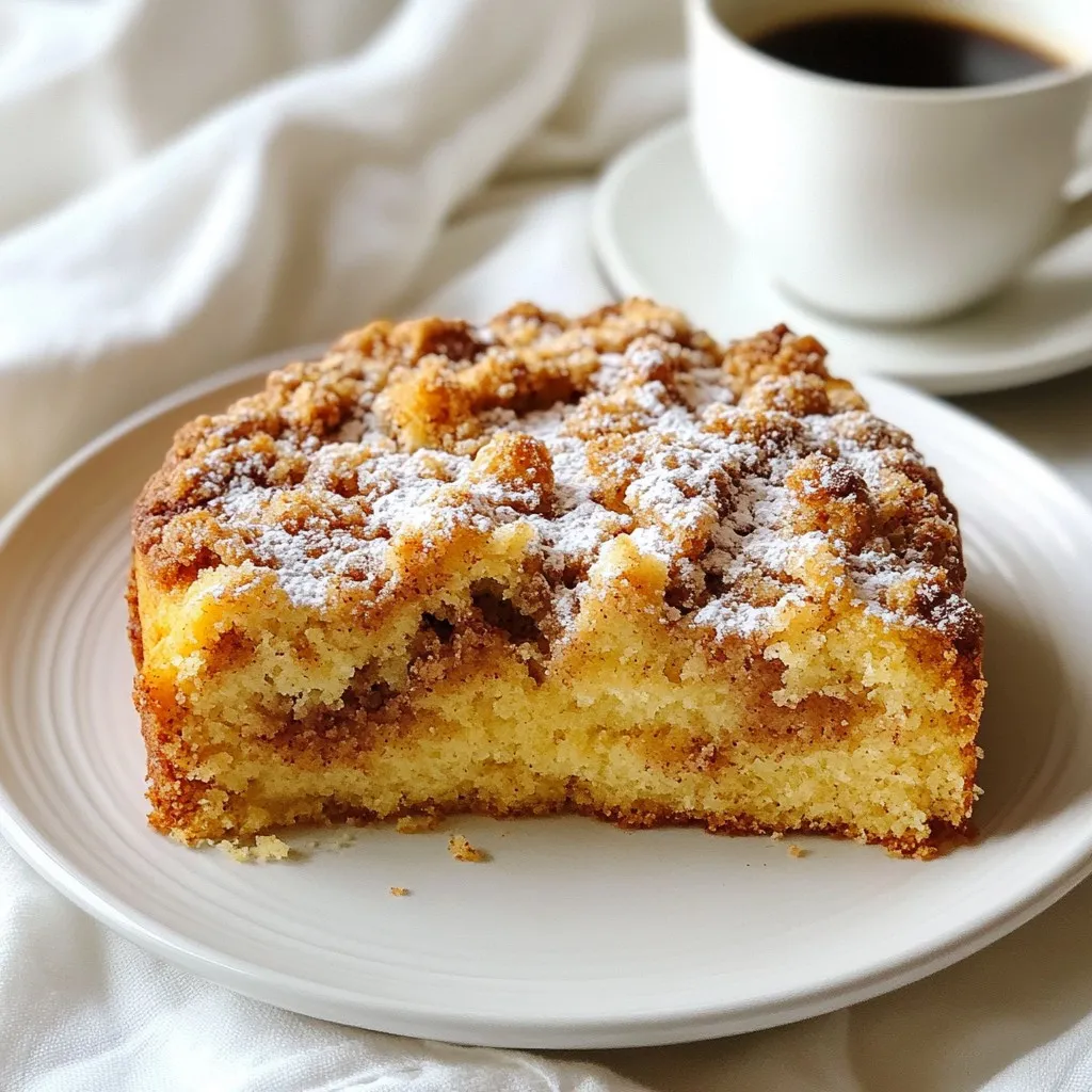 - 2 cups all-purpose flour - 2 tablespoons ground cinnamon - 2 teaspoons baking powder - ½ teaspoon baking soda - ½ teaspoon salt - ½ cup unsalted butter, softened - 1 cup granulated sugar - 3 large eggs, at room temperature - 1 teaspoon pure vanilla extract - 1 cup sour cream - ½ cup packed brown sugar - ½ cup chopped nuts (walnuts or pecans) When making cinnamon streusel coffee cake, each ingredient plays a key role. The flour gives the cake its structure. Ground cinnamon adds warmth and flavor. Baking powder and baking soda help it rise, creating a light texture. Don't forget the salt; it enhances the taste. For the wet ingredients, softened butter provides richness. Granulated sugar sweetens the cake and helps it brown. Eggs add moisture and bind everything together. Vanilla extract gives a lovely aroma, while sour cream keeps the cake moist and tender. For the streusel topping, brown sugar adds sweetness and depth. Chopped nuts like walnuts or pecans add crunch and a nutty flavor. Together, these elements make a delicious and inviting coffee cake that you will love to share with family and friends. {{ingredient_image_2}} 1. First, preheat your oven to 350°F (175°C). This step is key for even baking. 2. Prepare your 9-inch round cake pan or a 9x13 inch baking dish. Grease it well. Lightly dust it with flour to keep the cake from sticking. 3. In a large mixing bowl, use an electric mixer. Cream together the softened butter and granulated sugar. Mix until it is light and fluffy. This will take about 3 to 5 minutes. 1. Now we add the eggs. Introduce them one at a time. Make sure each egg blends in before adding the next. 2. After the eggs, add the pure vanilla extract. Blend until it is well mixed. 3. In a separate bowl, whisk together the all-purpose flour, baking powder, baking soda, and salt. Mix these dry ingredients well. 4. Gradually add this dry mixture to the wet mixture. Alternate it with the sour cream. Start and finish with the flour mixture. This helps keep the batter smooth. Mix until just combined. Be careful not to overmix. 1. For the streusel topping, take a small bowl. Combine the packed brown sugar, ground cinnamon, and chopped nuts. Mix until they are evenly coated and set aside. 2. Pour half of the cake batter into your prepared pan. Spread it evenly with a spatula. 3. Sprinkle half of the streusel mixture over the first layer of batter. 4. Carefully spoon the remaining batter on top. Smooth it out so it is even. Then sprinkle the last of the streusel over the surface. Make sure it is spread out well. 5. Place the cake in the preheated oven. Bake for about 30 to 35 minutes. To check if it is done, insert a toothpick into the center. It should come out clean or with a few moist crumbs. 6. Once baked, remove the cake from the oven. Let it cool in the pan for about 10 minutes. Then transfer it gently to a wire rack to cool completely. How to check for doneness To check if your cake is done, use a toothpick. Insert it into the center. If it comes out clean or with a few moist crumbs, the cake is ready. This simple test ensures a perfect bake every time. Importance of room temperature ingredients Using room temperature ingredients is key for a smooth batter. When butter and eggs are at room temp, they mix better. This helps create a light and fluffy cake. Take your eggs and butter out an hour before baking. Dusting with powdered sugar For a beautiful finish, dust the top of your cake with powdered sugar. This adds a touch of elegance and makes it look extra special. Use a fine sieve to sprinkle it evenly. Serving suggestions for pairing Pair each slice with a hot cup of coffee or tea. The warm drink balances the sweet cake. This makes for a delightful treat, perfect for brunch or snack time. Overmixing the batter Be careful not to overmix your batter. Mixing too much can make your cake dense. Stir until ingredients are just combined for a light texture. Not properly preparing the pan Always prepare your pan well. Grease it and dust it with flour. This prevents the cake from sticking. It helps you serve perfect slices every time. Pro Tips Room Temperature Ingredients: Ensure your butter, eggs, and sour cream are at room temperature before mixing. This helps create a smoother batter and better texture in your cake. Alternate Dry and Wet Ingredients: When combining the flour mixture and sour cream, alternate adding them to the butter mixture. This technique prevents overmixing and keeps your cake light and fluffy. Perfect Streusel Topping: For a crunchier streusel, use cold butter when mixing the topping ingredients. This keeps the butter in small chunks, creating a delightful texture after baking. Check for Doneness: Keep an eye on the baking time, but also use the toothpick test. If it comes out with a few moist crumbs, your cake is perfectly baked and will remain moist. {{image_4}} To make this cake gluten-free, you can use almond flour or a gluten-free all-purpose blend. These options work well and keep the cake moist. A one-to-one gluten-free flour will often yield great results. Just remember to add a bit of xanthan gum, as it helps with texture. If you want to make this cake vegan, you can swap out the eggs and dairy. Use flax eggs by mixing one tablespoon of ground flaxseed with three tablespoons of water for each egg. For the sour cream, you can use coconut yogurt or a homemade cashew cream. These options keep the cake rich and tasty. You can boost the flavor of your coffee cake by adding fruit or chocolate. Sliced apples or berries work great in the batter. For a chocolate twist, mix in some chocolate chips. These additions make each bite exciting and delicious. Feel free to get creative with your favorite flavors! To keep your leftover coffee cake fresh, store it at room temperature. Place the cake in an airtight container. If you don't have one, cover it tightly with plastic wrap. The cake stays soft for up to three days. For longer preservation, you can freeze the coffee cake. Cut it into slices for easy serving. Wrap each slice tightly in plastic wrap. Then, place the slices in a freezer-safe bag or container. It will stay fresh for up to three months. When you're ready to eat, just thaw it in the fridge overnight. To reheat your coffee cake without drying it out, use the oven. Preheat it to 350°F (175°C). Place the cake on a baking sheet and cover it with foil. Heat for about 10-15 minutes, or until warm. This method keeps the cake moist and tasty. You can also microwave individual slices for about 20-30 seconds, but be careful not to overheat. Yes, you can use other nuts for the topping. Try almonds or hazelnuts for a new twist. If you want a softer crunch, go for pecans. Each nut brings its own flavor and texture. Just make sure to chop them finely. Toasting the nuts adds extra flavor. Simply bake them for a few minutes before you mix them in. You can make this cake ahead of time. Bake the cake and let it cool completely. Wrap it tightly in plastic wrap. Store it at room temperature for up to three days. For longer storage, freeze the cake. Wrap it in foil and place it in a freezer bag. When you're ready to eat, thaw it overnight in the fridge. To measure flour accurately, use the spoon and level method. Start by fluffing the flour in its container. Then, use a spoon to fill your measuring cup. Avoid scooping directly from the bag, as it packs the flour down. Once filled, level off the top with a straight edge. This method helps you get the right amount for baking. This blog post covered the key ingredients and steps for baking a delicious cake. We discussed dry and wet ingredients, plus the perfect streusel topping. You learned about important tips, variations for diet needs, and how to store leftovers. Baking can be fun and rewarding. With these tips, you can create a tasty cake every time. Don’t forget to try the variations. Happy baking!