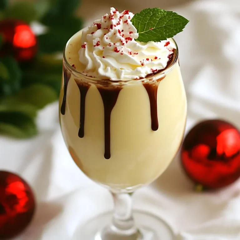 - 2 cups eggnog (store-bought or homemade) - 1/2 cup heavy cream - 1/4 teaspoon pure peppermint extract - 1 tablespoon chocolate syrup (plus extra for drizzling) - Crushed peppermint candies, for garnish - Whipped cream, for topping - Fresh mint leaves, for garnish (optional) When making a creamy peppermint eggnog martini, the right ingredients matter. Eggnog is the star. You can use store-bought or make your own. I love making it fresh to control the flavor. Heavy cream adds richness to the drink, making it smooth and dreamy. Peppermint extract gives that festive touch. Just a little is enough. Chocolate syrup adds a sweet twist. Drizzling some in your glass makes it look special. For garnishes, crushed peppermint candies add crunch and color. Whipped cream tops it off nicely, giving it a fluffy look. If you like, fresh mint leaves can add aroma and a pop of green. This simple list of ingredients creates a drink that shines at holiday gatherings. Each component plays a key role in making your creamy peppermint eggnog martini a festive treat. {{ingredient_image_2}} Start by mixing the eggnog. In a mixing bowl, pour in 2 cups of eggnog. Then, add 1/2 cup of heavy cream. Next, include 1/4 teaspoon of pure peppermint extract. Finally, add 1 tablespoon of chocolate syrup. Whisk everything together until it is smooth and well blended. After mixing, it’s time to chill the drink. Place the bowl in the refrigerator for about 30 minutes. Chilling helps all the flavors blend nicely. You want the drink to be refreshing. Now, prepare your serving glass. Take a martini glass and drizzle some chocolate syrup along the inner rim. This step adds a fun touch and makes your drink look fancy. Once the mixture is chilled, pour it into the prepared glass. Fill it gently to keep the chocolate swirl pretty. Next, add a big dollop of whipped cream on top. This will make your drink look fluffy and inviting. For the final touch, sprinkle some crushed peppermint candies over the whipped cream. This adds a pop of color and a nice crunch. If you like, add a fresh mint leaf on top. It gives a lovely aroma and looks great too. When you serve your creamy peppermint eggnog martini, think about the glass. You can use a classic martini glass, but why not get creative? Try a festive tumbler or even a clear mason jar. They add a fun touch! For garnishes, consider using crushed peppermint candies. They not only look great but also add a nice crunch. A dollop of whipped cream is a must for that fluffy finish. If you want to impress, place a fresh mint leaf on top. It gives a pop of green and smells lovely. If you want to swap out the chocolate syrup, try caramel sauce. It adds a different sweetness that works well. You might also use vanilla syrup for a milder flavor. Just remember to keep it balanced! To adjust the peppermint flavor, you can add more or less peppermint extract. Start with a small amount, taste, and then add more if needed. This way, you can control the minty punch to suit your taste! Pro Tips Chill Your Glasses: For an even cooler drink, chill your serving glasses in the freezer for about 15 minutes before pouring in the eggnog mixture. Customize Your Flavors: Feel free to adjust the amount of peppermint extract based on your taste preference; a little goes a long way! Garnish Creatively: Experiment with different garnishes like chocolate shavings or a sprinkle of cocoa powder for an added touch of elegance. Make it Ahead: Prepare the eggnog mixture a day in advance and store it in the refrigerator; this allows the flavors to develop even further. {{image_4}} You can make your Creamy Peppermint Eggnog Martini even better by changing some ingredients. If you want a dairy-free version, use coconut milk or almond milk instead of regular eggnog and cream. These options still give you that creamy taste without dairy. You can also switch up the spirits. Instead of traditional vodka, try using spiced rum or even whiskey. Each spirit will change the taste and warmth of your drink, making it unique. For a fun twist, add some festive spices to your drink. A pinch of cinnamon or nutmeg can bring extra warmth and holiday cheer. Just a little can make a big difference in flavor. If you're in the mood for something cold, you can create a frozen peppermint eggnog martini. Blend the eggnog mixture with ice until smooth. This icy version is refreshing and perfect for warm holiday parties. To store your mixed martini mixture, pour it into a clean jar with a tight lid. This keeps the flavors fresh. Place it in the refrigerator. Use it within two days for the best taste. Avoid freezing, as it can change the texture. For garnishes, keep crushed peppermint candies in a small, sealed bag. This keeps them crunchy. Store whipped cream in the fridge. Use it within a day. If you want to save time, prepare garnishes just before serving. Homemade eggnog lasts about four days in the fridge. Store it in a glass jar or bottle to keep it fresh. You can drink it on its own or mix it with your favorite spirits. Pre-made eggnog usually has a longer shelf life. Check the expiration date on the carton. Once opened, use it within seven days. Always shake the carton before pouring. This ensures the flavors mix well. Enjoy your eggnog in many recipes, including this festive martini! Can I use non-alcoholic eggnog for this recipe? Yes, you can use non-alcoholic eggnog. This makes the drink family-friendly. Just follow the same steps. The taste will still be creamy and festive. How can I make this drink without heavy cream? You can substitute heavy cream with coconut cream or almond milk. These options will change the taste slightly but still keep it rich. Try using whipped coconut cream on top for a fun twist. What other flavors pair well with peppermint in cocktails? Chocolate is a classic pairing with peppermint. Vanilla also adds a nice sweetness. You can also try flavors like coffee or cinnamon for a warm touch. Each brings a unique spin to your cocktail. This blog post covered how to create a creamy peppermint eggnog martini. We explored the key ingredients, preparation steps, and final assembly. You also learned tips on serving and fun variations to try. Remember, you can adjust flavors and use different spirits for your own twist. Store leftovers properly to ensure freshness. Enjoy making this drink at home, and impress your friends with its festive charm. This creamy delight is sure to be a hit!