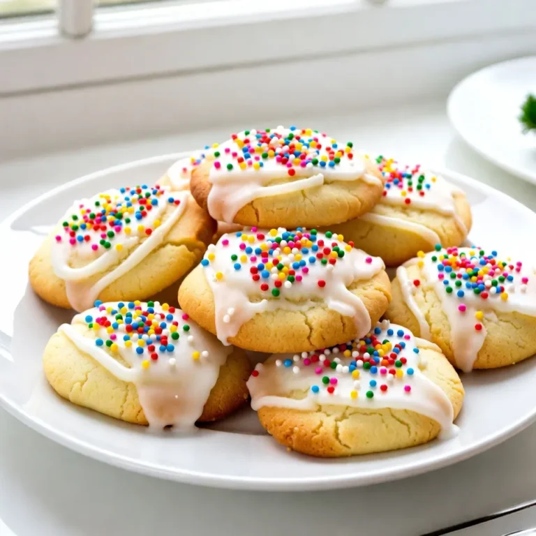- 2 cups all-purpose flour - 1 cup granulated sugar - 1/2 cup unsalted butter, softened to room temperature - 2 large eggs - 1 teaspoon vanilla extract - 1 teaspoon almond extract - 1 teaspoon baking powder - 1/2 teaspoon salt - 1 cup colorful sprinkles (for decoration) - 1/2 cup icing sugar (for glaze) - 2 tablespoons milk (for glaze) You can swap some ingredients for different flavors. Instead of vanilla extract, try using lemon extract for a citrusy kick. If you are out of almond extract, use extra vanilla. Want to make the cookies dairy-free? Use a plant-based butter. For a gluten-free option, choose a gluten-free flour blend. Pick fresh ingredients for the best taste. Choose high-quality butter with no added fillers. Look for organic eggs; they often have richer flavors. When selecting flour, check for a fine texture. Fresh baking powder is key; if it’s old, it might not work well. For sprinkles, go for vibrant colors to make your cookies pop. {{ingredient_image_2}} Start by preheating your oven to 350°F (175°C). This helps the cookies bake evenly. Next, take a baking sheet and line it with parchment paper. This will keep the cookies from sticking. In a large bowl, cream together 1/2 cup of softened unsalted butter and 1 cup of granulated sugar. Use an electric mixer on medium speed for 2-3 minutes. You want the mixture to become light and fluffy. Now, add 2 large eggs, one at a time. Mix well after each egg so the batter is smooth. Then, pour in 1 teaspoon of vanilla extract and 1 teaspoon of almond extract. Blend these in until everything is combined. In another bowl, whisk together 2 cups of all-purpose flour, 1 teaspoon of baking powder, and 1/2 teaspoon of salt. Gradually add this dry mix to the wet ingredients. Stir gently until just combined; do not overmix this batter. Using a cookie scoop or tablespoon, drop rounded portions of the dough onto the prepared baking sheet. Space them about 2 inches apart. This allows room for the cookies to spread. Flatten each cookie slightly with the back of a spoon. Add colorful sprinkles generously on top for a festive look. Place the baking sheet in your preheated oven and bake for 10-12 minutes. Watch closely and pull them out when the edges turn lightly golden. Once the cookies are baked, let them cool on the baking sheet for about 5 minutes. This helps them hold their shape. Then, carefully transfer them to a wire rack to cool completely. While the cookies cool, prepare the glaze. In a small bowl, mix 1/2 cup of icing sugar with 2 tablespoons of milk. Stir until the glaze is smooth and lump-free. When the cookies are cool, drizzle the glaze over each one. Let the glaze set for a few minutes before enjoying your delicious Italian Christmas cookies! When baking cookies, small mistakes can happen. Here are some common ones to watch for: - Not measuring ingredients: Always measure your flour and sugar with care. Too much flour makes cookies dry. - Overmixing the dough: Mix until just combined. Overmixing leads to tough cookies. - Skipping the cooling step: Let cookies cool on a wire rack. This helps them set and keeps them soft. The texture can make or break your cookie. Follow these tips for the best results: - Use softened butter. This helps create a light and fluffy mix. - Ensure your oven is preheated. A hot oven helps cookies rise and bake evenly. - Flatten cookies slightly before baking. This helps them spread nicely. Make your cookies shine with these simple decorating ideas: - Use colorful sprinkles. Add them before baking for a festive touch. - Drizzle with glaze. Mix icing sugar and milk, then drizzle it over cooled cookies. - Arrange cookies on a nice platter. Add pine branches or holly to make it festive. These tips will help you create beautiful and tasty Italian Christmas cookies. Enjoy your baking! Pro Tips Chill the Dough: For a firmer dough that’s easier to handle, consider chilling it in the refrigerator for about 30 minutes before scooping out cookies. Experiment with Flavors: Feel free to add other extracts like lemon or coconut to create unique flavor combinations that suit your taste. Use a Cookie Scoop: For uniform cookies, use a cookie scoop to ensure each cookie is the same size, which helps them bake evenly. Decorative Glazing: For a more festive look, try adding food coloring to your glaze or using a piping bag to create intricate designs on your cookies. {{image_4}} You can change the flavors of these cookies easily. Adding nut extracts is a simple way to enhance taste. For example, use hazelnut or pistachio extracts for a unique twist. You can also add citrus zest. Lemon or orange zest brightens the flavor and adds freshness. Just a teaspoon of zest will make a big difference. Experiment with these flavors to find what you love best. The glaze is fun and easy to change. If you want a different taste, try adding a splash of almond extract or lemon juice to the icing sugar and milk mix. This gives the glaze a new flavor. You can also skip the glaze and roll the warm cookies in powdered sugar instead. This gives you a sweet, snowy look without the extra step. If you need gluten-free cookies, you can swap the all-purpose flour for gluten-free flour. This works well, and the cookies still taste great. For a vegan version, replace the butter with coconut oil and the eggs with flax eggs. To make a flax egg, mix one tablespoon of flaxseed meal with three tablespoons of water. Let it sit for a few minutes before using it. These changes keep the festive spirit alive while fitting your dietary needs. To keep your Italian Christmas cookies fresh, store them in an airtight container. Layer parchment paper between cookies to prevent sticking. This method keeps cookies soft and chewy. If you prefer a crisp texture, keep them uncovered for a short time. You can freeze these cookies for later. Once baked and cooled, place them in a single layer on a baking sheet. Freeze them for about 1 hour. After that, transfer the cookies to a freezer-safe bag. They will stay fresh for up to three months. When you’re ready to enjoy, just thaw them at room temperature. These cookies stay fresh at room temperature for about one week. Make sure they are stored in a cool and dry place. If you see any signs of moisture, eat them right away. For the best taste, enjoy them within the first few days. You can make these cookies ahead by preparing the dough. After mixing, wrap it in plastic wrap and chill it in the fridge for up to three days. When ready, scoop and bake the cookies as directed. You can also bake them in advance. Store the baked cookies at room temperature for up to a week. Yes, you can use margarine instead of butter. However, the flavor and texture may change slightly. Butter adds a rich taste that margarine may not fully replicate. If you choose margarine, ensure it is softened for easier blending into the dough. Store leftover cookies in an airtight container. This keeps them fresh and soft. You can layer parchment paper between each cookie to prevent sticking. For longer storage, place them in the fridge or freezer. In this guide, we covered everything from choosing quality ingredients to baking and decorating cookies. You learned about ingredient substitutions, how to avoid common mistakes, and ensured your cookies have the right texture. Don't forget the variations to make your cookies unique and special. With proper storage tips, you can enjoy these treats longer. Baking cookies is fun, and following these steps will lead to tasty results. Now, gather your ingredients and start baking your perfect cookies! Enjoy the process and happy baking!