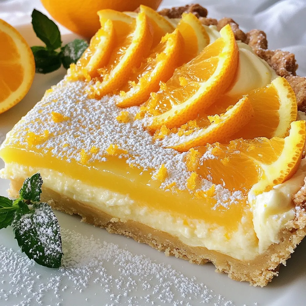 To make a zesty orange tart, gather these ingredients: - 1 ½ cups all-purpose flour - ½ cup powdered sugar - ½ cup unsalted butter, chilled and cubed - 1 large egg yolk - 2 tablespoons cold water - 1 cup cream cheese, softened at room temperature - ¾ cup granulated sugar - Zest of 2 large oranges - ½ cup freshly squeezed orange juice - 2 tablespoons cornstarch - 1 teaspoon vanilla extract - 3 large eggs Each ingredient plays a key role. The all-purpose flour and powdered sugar create the tart shell. Unsalted butter gives it a rich taste. The egg yolk helps bind the dough. Cold water adds moisture without making the dough too sticky. For the filling, cream cheese forms the base. Granulated sugar sweetens it. Orange zest and juice add the zesty flavor. Cornstarch thickens the mixture, while vanilla brings warmth. Finally, eggs help set the filling as it bakes. Make sure to use fresh ingredients for the best taste. Fresh orange juice and zest are crucial. They bring a vibrant flavor that brightens the tart. {{ingredient_image_2}} - Combine 1 ½ cups of all-purpose flour and ½ cup of powdered sugar in a bowl. - Add ½ cup of chilled, cubed unsalted butter to the mixture. - Use your fingers to mix until it looks like coarse crumbs. - Stir in 1 large egg yolk and 2 tablespoons of cold water. - Mix gently until the dough comes together; add more cold water if needed. - Press the dough into a tart pan evenly across the base and sides. - Use a fork to prick the bottom for even baking. - Chill the shell in the fridge for 30 minutes to firm it up. - Preheat your oven to 375°F (190°C) while the shell chills. - Bake the tart shell for 15 minutes until lightly golden. - In a clean bowl, beat 1 cup of softened cream cheese and ¾ cup of granulated sugar until smooth. - Add the zest of 2 large oranges, ½ cup of orange juice, 2 tablespoons of cornstarch, 1 teaspoon of vanilla extract, and 3 large eggs. - Mix on low speed until everything is well combined and smooth. - Pour the orange filling into the cooled tart shell. - Bake for 25 to 30 minutes until the filling is slightly jiggly in the center. - Allow the tart to cool completely at room temperature. - Refrigerate the tart for at least 2 hours before serving. To get the best dough, mix flour and powdered sugar well. When adding butter, use your fingers or a pastry cutter. Aim for a coarse crumb texture. If your dough is too dry, add a little cold water. This helps bring it together. Baking time is key for your tart. Bake the shell for 15 minutes until it's lightly golden. For the filling, bake for 25–30 minutes. The center should still jiggle slightly when done. This means it is set but not overcooked. Look for signs of doneness in your filling. The edges should be firm and the center jiggly. If the top has a slight sheen, it is perfect. Let it cool completely before chilling. To make your tart shine, dust the top with powdered sugar. This adds a sweet touch and looks lovely. Use a fine mesh sieve to sprinkle it lightly over the surface. Garnishing with fresh orange slices brightens the dish. Cut the slices thin for a nice look. Arrange them in a circular pattern on top. For an extra pop of color, add mint leaves. Place a few sprigs around the tart. This not only looks great but adds a fresh scent too. Enjoy your beautiful Zesty Orange Tart! Pro Tips Chill Your Ingredients: Ensure your butter and cream cheese are at the right temperature for optimal mixing. Chilled butter helps create a flakier tart shell. Fresh Juice Matters: Use freshly squeezed orange juice for the best flavor. Bottled juice often has preservatives that can alter the taste of your tart. Watch the Baking Time: Keep an eye on the tart while it bakes. The perfect filling should be set around the edges but still slightly jiggly in the center for a creamy texture. Garnish for Presentation: Enhance your tart's appearance by garnishing with fresh orange slices and mint leaves just before serving to add color and freshness. {{image_4}} You can use different fruits for zest and juice. Try lemon, lime, or grapefruit. Each adds a unique twist to the tart. Combining flavors can also create a new taste. For example, mix lemon and orange for a bright flavor. If you need a gluten-free tart, use gluten-free flour. Look for blends made for baking. You may need to adjust the liquid in the dough. This keeps the crumb soft and tasty. The texture may differ slightly, so test it out! To make this tart vegan, use dairy-free cream cheese. Brands like Tofutti or Kite Hill work well. For the eggs, substitute each with 1/4 cup of unsweetened applesauce. This keeps the filling creamy and smooth. You can also use flax eggs for a similar effect. To store leftovers, place the tart in an airtight container. You can also cover it with plastic wrap. This keeps the tart fresh and tasty. The recommended storage duration is up to five days in the fridge. After that, the flavor may fade. If you want to save the tart for later, you can freeze it. First, let the tart cool completely. Then, wrap it tightly in plastic wrap. For extra protection, place it in a freezer bag. This way, it can last for up to three months. When you're ready to enjoy it, thaw the tart in the fridge overnight. This method helps maintain the best texture. Do not rush the thawing process, as this keeps it creamy and delightful. It takes about 30 minutes to prep the tart. The total time is around 1 hour and 30 minutes. This includes baking and cooling time. You will have a tasty dessert ready to enjoy! Yes, you can make the tart ahead of time! You can bake the tart and keep it in the fridge. This helps the flavors mix well. You can also freeze the tart. Just wrap it well to keep it fresh. When you want to serve, thaw it in the fridge overnight. Some common mistakes include overworking the dough. This can make the crust tough. Make sure to mix gently until just combined. Another issue is overbaking the filling. Keep an eye on your tart while it bakes. It should be set but still jiggly in the center. If your tart cracks, it may be overbaked or cooled too fast. Let it cool slowly at room temperature. If the crust shrinks, try chilling the dough longer before baking. These tips will help you create a perfect Zesty Orange Tart! This blog post covered the tasty Zesty Orange Tart from its key ingredients to step-by-step instructions. We explored tips to perfect the tart and variations to try. Remember, making this dessert can be fun and rewarding. With some practice, you will impress everyone with your baking skills. Don't forget to store your leftovers well or freeze them for later. Enjoy each bite of your creation, knowing you made it yourself. Happy baking!