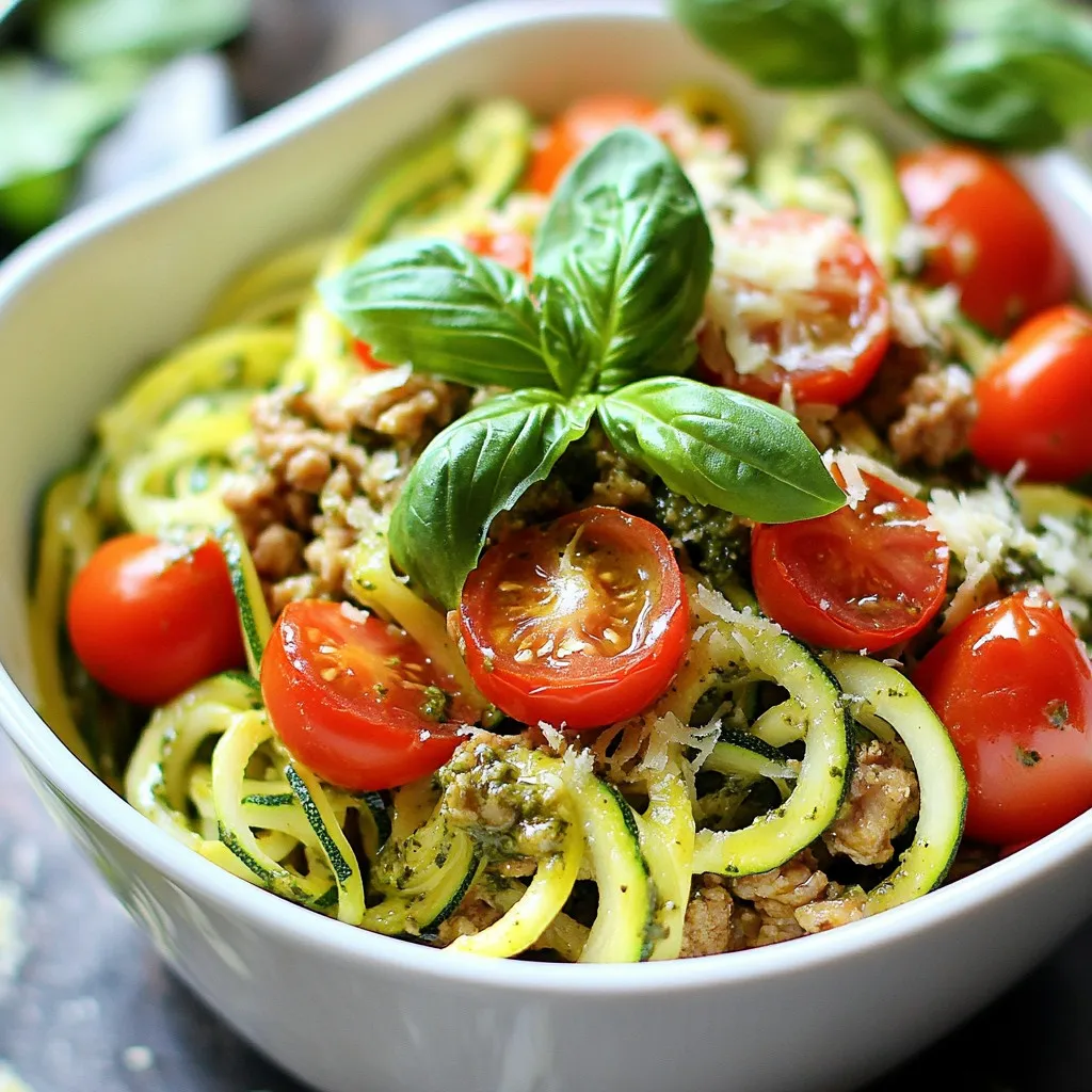 - 1 lb ground turkey - 1 cup fresh basil leaves - 2 cloves garlic, minced - 1/4 cup pine nuts (or walnuts for a twist) - 1/4 cup grated Parmesan cheese - 1/4 cup extra-virgin olive oil - 2 cups cooked quinoa (or your favorite pasta) - 1 medium zucchini, either spiralized or diced - 1 cup cherry tomatoes, halved - Salt and fresh cracked pepper to taste - Fresh basil leaves for garnish - Optional: A squeeze of fresh lemon juice You can swap ground turkey for chicken or beef. Each option gives a different taste. For a vegan dish, use lentils or chickpeas instead of turkey. Use nutritional yeast in place of Parmesan cheese for a dairy-free option. If basil is not available, try spinach or arugula for the pesto. These greens offer unique flavors too. Always select bright green basil leaves. They should smell strong and sweet. For tomatoes, look for plump and firm ones. Choose zucchini that feels heavy for its size and has shiny skin. Fresh garlic should be firm and dry, with no sprouting. When buying nuts, check for freshness. They should smell nutty, not stale. {{ingredient_image_2}} To make the pesto, grab your food processor. Add one cup of fresh basil leaves. Then, add two cloves of minced garlic. Toss in a quarter cup of pine nuts or walnuts for a twist. Sprinkle in a quarter cup of grated Parmesan cheese. Pulse these ingredients a few times until they are finely chopped. While the processor runs, slowly drizzle in a quarter cup of extra-virgin olive oil. This helps blend everything into a smooth and creamy mixture. Season with salt and fresh cracked pepper to taste, then set it aside. Next, take a large skillet and heat it over medium heat. Add one pound of ground turkey to the pan. Cook it for about five to seven minutes. Use a spatula to break the meat apart as it cooks. Stir it occasionally until the turkey turns well browned and cooked through. Season it with a pinch of salt and freshly cracked pepper for extra flavor. Now, it’s time to add some color. Stir in one medium zucchini, either spiralized for a noodle effect or diced into bite-sized pieces. Also, add one cup of halved cherry tomatoes. Cook this mixture for about three to four minutes. This allows the zucchini to soften slightly while warming the tomatoes. After that, add two cups of cooked quinoa or your favorite pasta directly to the skillet. Pour in the vibrant green pesto next. Toss everything together until it is evenly mixed and heated through. Make sure every bit of turkey and vegetable is coated with the luscious pesto. Enjoy your flavorful creation! To make great pesto, use fresh basil leaves. They give the best flavor. Add two cloves of garlic for a nice kick. Use pine nuts or walnuts; both work well. Blend these in a food processor. Pulse until finely chopped. While blending, drizzle in the olive oil slowly. This makes a smooth paste. Season the pesto with salt and pepper. For a bit of zing, try adding lemon juice. It brightens the flavor, making it even better. Start with a large skillet on medium heat. Add the ground turkey and break it apart with a spatula. Cook for about 5-7 minutes until it’s brown. Stir it often to cook evenly, and season with salt and pepper. This helps to build flavor. Make sure the turkey is fully cooked before adding veggies. This keeps everything safe to eat and tasty. Once everything is ready, serve the turkey mixture in bowls. Top with fresh basil leaves for color and taste. You can also sprinkle extra Parmesan cheese on top. This adds a nice touch. If you want a fresh twist, squeeze a bit of lemon juice over each bowl. It enhances the dish and adds brightness. Enjoy your meal with a side salad or crusty bread for a complete feast! Pro Tips Use Fresh Ingredients: Fresh basil and ripe cherry tomatoes will enhance the flavor of your dish significantly. Opt for high-quality, fresh ingredients when possible for the best results. Customize the Pesto: Feel free to experiment with different nuts or add more garlic to the pesto for a bolder flavor. You can also try adding a handful of spinach or arugula for extra nutrients. Perfectly Cooked Turkey: Avoid overcooking the turkey by monitoring it closely. Ground turkey is best when it's just cooked through, as this keeps it juicy and flavorful. Make It Ahead: This dish is great for meal prep! You can prepare the turkey and pesto in advance and store them separately in the fridge for up to three days. Just combine when ready to eat. {{image_4}} If you want to switch up the protein, try ground chicken or lean beef. Both cook well with this recipe. You could also use tofu or tempeh for a plant-based choice. Just make sure to season the tofu well, so it absorbs all the yummy flavors. You can add or swap in your favorite veggies. Bell peppers, spinach, or broccoli work great. For a crunchy texture, try snap peas or carrots. If you want something more unique, add roasted red peppers or artichokes. The options are endless, so have fun with it! Instead of quinoa, you could use whole wheat pasta, brown rice, or farro. Each grain brings a different taste and texture. For a lighter option, try zucchini noodles or spaghetti squash. They pair nicely with the pesto and add great flavor. To store leftovers, let the Turkey Garlic Pesto Bowls cool first. Then, place them in an airtight container. Make sure to keep the pesto separate from the turkey and veggies if possible. This helps maintain the fresh taste. Leftovers can stay in the fridge for up to three days. To reheat, scoop the desired amount into a microwave-safe bowl. Cover it loosely with a lid or a paper towel. Heat it for one to two minutes. Stir halfway through to ensure even heating. If you prefer, you can reheat in a skillet over low heat. Add a splash of water or olive oil to keep it moist. You can freeze the Turkey Garlic Pesto Bowls, but I recommend freezing the turkey and veggies separately from the pesto. Use freezer-safe bags or containers. Label them with the date for easy tracking. These can last in the freezer for up to three months. To eat, thaw in the fridge overnight and reheat as directed. You can use ground chicken, beef, or pork in this recipe. For a plant-based option, try lentils or a meat substitute like tempeh. Each option brings a unique taste and texture. Ground chicken is lighter, while beef adds richness. Lentils provide protein and fiber, making them a great choice. Yes, you can make this bowl vegan. Replace ground turkey with lentils or mushrooms for a hearty base. Use nutritional yeast instead of Parmesan for a cheesy flavor. Use a plant-based oil for the pesto and skip the cheese altogether. This way, you keep the vibrant flavors while making it vegan-friendly. To keep your pesto fresh, add a little lemon juice. The acid helps slow browning. Store the pesto in an airtight container and press plastic wrap against the surface. This limits air exposure, which causes browning. For longer storage, you can freeze pesto in ice cube trays. You’ve learned how to make a tasty dish with fresh ingredients and step-by-step methods. Remember to choose your ingredients wisely for the best flavor. Don’t hesitate to try different proteins or veggies. Storing leftovers and reheating them properly helps reduce waste. I hope these tips make your cooking easier and more fun! Enjoy your meal and feel proud of your efforts in the kitchen.