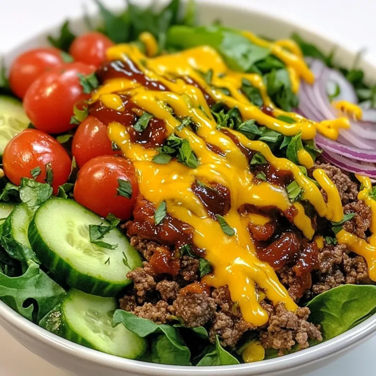 - 1 lb ground beef or a plant-based alternative - 2 cups mixed greens (spinach, arugula, and romaine) - 1 cup cherry tomatoes, halved - 1 cup cucumber, diced - ½ cup red onion, thinly sliced - ½ cup shredded cheese (like cheddar) - ¼ cup pickles, chopped The main ingredients create a tasty base for the Loaded Burger Bowl. You can use ground beef for a classic taste or substitute with a plant-based option for a lighter meal. - 1 teaspoon garlic powder - 1 teaspoon onion powder - 1 teaspoon smoked paprika - Salt and freshly ground black pepper, to taste - ¼ cup barbecue sauce - 2 tablespoons ranch dressing (optional) Seasonings bring out the flavors in the meat. Garlic powder and smoked paprika give it a nice kick. You can drizzle barbecue sauce on top for a delicious finish. Ranch dressing adds a creamy touch if you like. - Fresh parsley, finely chopped Garnishing with fresh parsley not only adds color but also enhances the taste. You can also try adding avocado or crispy bacon for extra flair! {{ingredient_image_2}} 1. Start by mixing the ground beef with seasonings. In a bowl, combine one pound of ground beef with one teaspoon of garlic powder, one teaspoon of onion powder, one teaspoon of smoked paprika, salt, and black pepper. Use your hands or a spatula to blend everything well. This creates a flavorful base. 2. Next, heat a large skillet over medium-high heat. Form the seasoned meat into small patties or crumble it into bite-sized pieces. Cook the meat in the skillet for about 5 to 7 minutes. Stir it occasionally until the beef is browned and fully cooked. This step brings out the savory taste. 1. While the beef cooks, create the base of your bowl. In a large bowl or meal prep container, layer two cups of mixed greens. You can use a blend of spinach, arugula, and romaine. This forms a fresh and crunchy base. 2. Artfully scatter one cup of halved cherry tomatoes, one cup of diced cucumber, half a cup of thinly sliced red onion, and a quarter cup of chopped pickles over the greens. This adds color and texture to your bowl. 3. Once the beef is cooked and fragrant, gently spoon it on top of the vegetables. This lets the warm beef soak into the greens a little. 1. Generously sprinkle half a cup of shredded cheddar cheese over the hot beef. The heat will melt the cheese slightly, making it even more delicious. 2. Drizzle a quarter cup of barbecue sauce over the whole bowl. This adds a rich, tangy flavor. If you like creamy elements, add two tablespoons of ranch dressing on top. 3. For the final touch, garnish your Loaded Burger Bowl with freshly chopped parsley. This adds a pop of color and a touch of freshness. Serve your Loaded Burger Bowl warm and enjoy the delightful mix of flavors! You can easily change the Loaded Burger Bowl to fit your needs. Want a vegetarian option? Use a plant-based meat alternative. These are tasty and full of flavor. For sauces, try different options. You can use honey mustard, ranch, or even a spicy sriracha sauce. Each sauce adds a unique kick, so mix and match to find your favorite! To get the best meat texture, don’t overwork it. When mixing, just combine the meat with spices until blended. This keeps it tender and juicy. For serving, you can make this bowl for lunch or dinner. It’s great for a casual get-together or a weeknight meal. You can also serve it at a picnic or potluck. Just pack the ingredients separately to keep them fresh! Bowls are perfect for this dish. They hold all the tasty layers well and look great. You can also use plates if you want a more elegant touch. For meal prep, layer the greens and veggies first. Add the meat before serving to keep everything fresh. This saves time and makes a lovely meal ready when you are. Pro Tips Choose the Right Meat: Opt for ground beef with a higher fat content (80/20) for a juicier burger, or select a leaner cut for a healthier option. Layer Wisely: When assembling your bowl, layer ingredients from the heaviest to the lightest to prevent sogginess and maintain texture. Customize Your Toppings: Feel free to mix and match toppings based on your preferences; avocado, jalapeños, or crispy bacon can elevate your bowl further! Make Ahead: Prepare the beef and veggies in advance for a quick meal; store components separately in the fridge to keep everything fresh. {{image_4}} You can add a twist to your Loaded Burger Bowl by exploring global flavors. - Southwest Loaded Burger Bowl: Add creamy avocado and sweet corn. The avocado gives a rich taste, while the corn adds sweetness. Together, they create a fresh and bright dish. - Mediterranean Loaded Burger Bowl: Use feta cheese and olives for a salty, tangy bite. This mix brings a taste of the Mediterranean right to your table. Change your Loaded Burger Bowl with the seasons. - Spring Loaded Burger Bowl: Use crisp asparagus and tender radishes. These ingredients are fresh and light, perfect for spring. They will brighten up your bowl and add crunch. - Fall Loaded Burger Bowl: Roast root vegetables like carrots and sweet potatoes. These flavors warm the dish and add comfort during the cooler months. You can easily adjust this recipe to meet different dietary needs. - Gluten-free options: Ensure your sauces and dressings are gluten-free. Use gluten-free barbecue sauce and ranch dressing. This way, everyone can enjoy the meal. - Low-carb variations: Skip the barbecue sauce and use more greens. You can also replace the beef with cauliflower rice. This keeps the bowl filling while lowering carbs. These variations let you enjoy the Loaded Burger Bowl in different ways. Don't hesitate to mix and match your favorite toppings! To keep your Loaded Burger Bowl fresh, use airtight containers. Glass or plastic containers work well. Make sure the bowl is cool before sealing. Store it in the fridge if you plan to eat it within three days. If you want to save it longer, freeze the bowl. Just remember to separate the toppings to keep them fresh. For the best taste, reheat your Loaded Burger Bowl in the microwave. Use a medium setting to warm it slowly. Cover it with a microwave-safe lid to keep moisture in. If you prefer, you can reheat it on a skillet over low heat. This helps keep the texture of the meat and veggies. In the fridge, your Loaded Burger Bowl lasts about three days. In the freezer, it can stay good for up to three months. Always check for signs of spoilage. If you see any mold or notice a bad smell, toss it out. Trust your senses to keep your meal safe and tasty. You can use plant-based options like lentils or black beans. These choices are tasty and healthy. You can also try seafood like shrimp or crab for a fresh twist. They add unique flavors that pair well with your bowl. Yes, you can prepare a Loaded Burger Bowl ahead of time. Start by cooking the meat and letting it cool. Then, store it in a container. You can also chop your veggies and keep them in separate containers. When ready to eat, layer the greens, veggies, and meat. Add cheese and sauce just before serving. Great sides include sweet potato fries or a light coleslaw. These add crunch and flavor. You can also serve a refreshing drink like iced tea or lemonade. These choices balance the hearty bowl and enhance your meal experience. In this blog post, we explored how to create a Loaded Burger Bowl. We discussed the key ingredients, like ground beef or plant-based options, fresh veggies, and savory seasonings. I shared step-by-step instructions for preparing the meat and building your bowl. Customization tips and flavorful variations added fun twists. Remember, you can adapt this dish for any taste or diet. Enjoy making your own Loaded Burger Bowl, and don't be afraid to get creative with it!