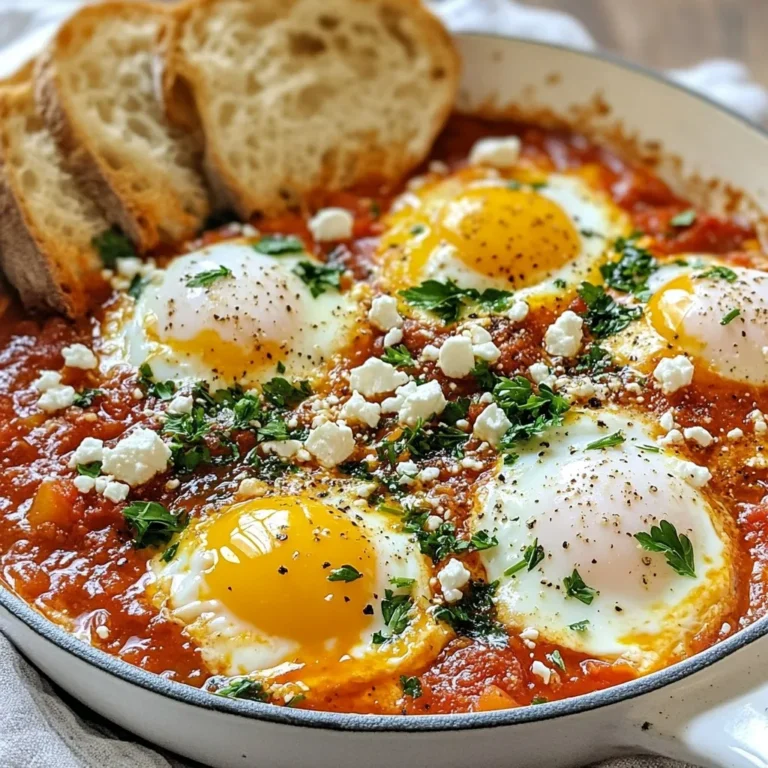 For your Spiced Tomato Shakshuka, you will need: - 2 tablespoons olive oil - 1 medium onion, finely diced - 3 cloves garlic, minced - 1 red bell pepper, finely diced - 1 teaspoon ground cumin - 1 teaspoon smoked paprika - 1/2 teaspoon cayenne pepper (adjust to taste) - 1 can (28 oz) crushed tomatoes - Salt and black pepper, to taste - 4 large eggs - Fresh parsley, chopped (for garnish) - Crumbled feta cheese (optional for garnish) - Crusty bread, for serving Each ingredient plays a key role in flavor. If you lack an item, here are some swaps: - Olive oil: Use avocado oil or butter for a different taste. - Onion: Shallots or leeks can work well too. - Red bell pepper: Yellow or green peppers can be used instead. - Spices: If you don't have smoked paprika, regular paprika is fine. - Eggs: For a vegan version, you can use tofu or chickpea flour mixtures. Garnishes add fun and flavor. Here are a few to try: - Fresh cilantro for a bright touch. - Sliced green onions for a mild crunch. - Avocado slices for creaminess. - A drizzle of hot sauce for extra heat. Feel free to mix and match these options to elevate your shakshuka game! {{ingredient_image_2}} Start by gathering all your ingredients. You need: - 2 tablespoons olive oil - 1 medium onion, finely diced - 3 cloves garlic, minced - 1 red bell pepper, finely diced - 1 teaspoon ground cumin - 1 teaspoon smoked paprika - 1/2 teaspoon cayenne pepper - 1 can (28 oz) crushed tomatoes - Salt and freshly ground black pepper - 4 large eggs - Fresh parsley, chopped - Crumbled feta cheese (optional) - Crusty bread Now, chop the onion, garlic, and bell pepper. This makes cooking faster. Heat the olive oil in a large skillet over medium heat. Add the diced onion first. Cook it for about 5 minutes. You want it to be soft and clear. Next, add the minced garlic and diced bell pepper. Stir these in and cook for another 3-4 minutes. The bell pepper should soften, and the garlic will smell great. Now, sprinkle in the ground cumin, smoked paprika, and cayenne pepper. Mix this well. Let it cook for an extra minute. This helps the spices release their flavors. Now, pour in the crushed tomatoes. Season it with salt and black pepper. Bring the mixture to a gentle simmer. Reduce the heat and let it cook for 10-15 minutes. The sauce will thicken and taste great. Once the sauce is ready, create small wells in it using the back of a spoon. Carefully crack one egg into each well. Cover the skillet with a lid. Let the eggs poach for 5-7 minutes. The egg whites should be set, and the yolks will be runny. When the eggs are done, take the skillet off the heat. Garnish with freshly chopped parsley. If you like, sprinkle some crumbled feta cheese on top. Serve your Spiced Tomato Shakshuka hot with crusty bread. Enjoy every bite of this flavorful dish! To make your Spiced Tomato Shakshuka shine, focus on the base. Start with fresh onions and garlic. Sauté them until they smell sweet. This step builds a strong flavor. Use a mix of spices: cumin, smoked paprika, and cayenne. These add warmth and depth. Adjust the cayenne for your spice level. If you like it mild, use less. For a punch, add more. The crushed tomatoes form the sauce. Let it cook down until thick. This helps the flavors mingle well. Every stove is different. Keep an eye on your cooking times. After adding the tomatoes, let the sauce simmer. You want it thick, not watery. If you find it too thin, cook it longer. For poaching the eggs, adjust the time based on your taste. If you prefer firmer yolks, let them cook longer. If you like runny yolks, check them around the 5-minute mark. Cooking time can change based on the size of the eggs too. Serve your shakshuka right from the skillet. It looks great and feels warm. Add a sprinkle of fresh parsley on top for color. If you enjoy cheese, crumbled feta is a lovely touch. It adds creaminess to the dish. Pair your shakshuka with crusty bread. Use it to scoop up the sauce and eggs. You can also serve a simple salad on the side. This adds a fresh crunch. Enjoy the mix of textures and flavors! Pro Tips Adjust the Spice Level: Feel free to modify the amount of cayenne pepper based on your personal heat preference. Start with less and add more if desired. Fresh Herbs Matter: While parsley is great, adding fresh cilantro or basil can elevate the flavor profile. Experiment with different herbs for a unique twist! Perfectly Poached Eggs: To achieve the ideal runny yolk, keep an eye on the eggs and remove them from the heat as soon as the whites are set but the yolks remain soft. Serving Suggestions: Serve with crusty bread for dipping, but also consider pairing it with a side of avocado or a light salad for a complete meal. {{image_4}} You can make shakshuka your own by adding veggies. Try zucchini, spinach, or mushrooms. Each adds taste and color. For a hearty dish, use eggplant or squash. Just chop them small and add with the onion. This keeps them tender and flavorful. Mix it up based on what you have at home. Adjust the spice to fit your taste. If you love heat, add more cayenne. For a milder dish, skip the cayenne. You can also add a dash of chili flakes or a pinch of black pepper. Taste as you go and find the right balance. Everyone loves a dish that suits their heat level. Want more protein? Add cooked sausage or chickpeas. These options bring heartiness to the dish. You can also stir in beans for a boost. If you want creamy goodness, sprinkle feta or goat cheese on top. These cheeses melt beautifully and enhance the flavor. Each choice makes the dish more filling and tasty. To store leftovers of spiced tomato shakshuka, let it cool first. Place it in an airtight container. You can keep it in the fridge for up to three days. This dish tastes great even after a day. When you want to reheat shakshuka, use a skillet. Heat on low. Stir gently to warm it evenly. You can also use the microwave. Place it in a microwave-safe bowl and cover it. Heat in short bursts, about 30 seconds at a time. Check to see if it's hot throughout. You can freeze shakshuka for later meals. Allow it to cool completely, then transfer it to a freezer-safe container. Remember to leave some space for expansion. Shakshuka can stay good in the freezer for up to three months. To enjoy it, thaw it overnight in the fridge before reheating. Yes, you can make Shakshuka ahead of time. Cook the tomato sauce and let it cool. Store it in the fridge for up to three days. When you're ready to eat, simply reheat the sauce. Then, add the eggs and cook until they are just right. This method saves you time during busy mornings. Shakshuka pairs well with many sides. Here are some great options: - Crusty bread for dipping - Fresh salad for crunch - Yogurt for creaminess - Avocado slices for richness These sides enhance the flavors and make your meal more filling. Yes, Shakshuka is a healthy dish. It is packed with veggies and protein from the eggs. Tomatoes provide vitamins and antioxidants. Olive oil adds healthy fats. You can make it even healthier by using less oil or adding more vegetables. Enjoying this dish offers a nutritious and satisfying meal choice. This blog post dives into making delicious Shakshuka from scratch. We covered the key ingredients and their measurements, plus optional garnishes to enhance your dish. The step-by-step instructions showed how to prepare the tomato base and poach the eggs perfectly. I shared tips for flavor and texture, cooking time changes, and serving ideas. We also explored fun variations with vegetables, spices, and proteins. Finally, I provided storage info to keep your leftovers fresh. Enjoy experimenting with Shakshuka; it’s a meal that's fun to make and share!