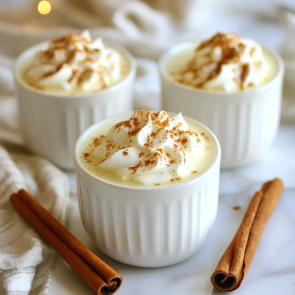 - 4 large eggs - 1/2 cup pure maple syrup - 2 cups milk (whole milk or your preference) - 1 cup heavy cream - 1/2 teaspoon ground nutmeg (plus extra for garnish) - 1 teaspoon vanilla extract - 1 cup non-alcoholic bourbon-flavored syrup (optional) - Whipped cream for garnish For this recipe, I recommend sticking to large eggs. They give the best volume. If you want a lighter drink, use low-fat milk instead of whole milk. You can also swap heavy cream for half-and-half. If you prefer a non-alcoholic version, use the bourbon-flavored syrup. The eggs add richness and creaminess. They form the base of your eggnog. Pure maple syrup gives a natural sweetness and depth of flavor. Whole milk and heavy cream combine to make the drink smooth and rich. Ground nutmeg adds warmth and spice, while vanilla extract enhances the flavor profile. Using bourbon-flavored syrup offers a fun twist for those avoiding alcohol. Lastly, whipped cream brings a lovely finish, making your drink festive and inviting. {{ingredient_image_2}} Start by gathering your ingredients. You need: - 4 large eggs - 1/2 cup pure maple syrup - 2 cups milk - 1 cup heavy cream - 1/2 teaspoon ground nutmeg - 1 teaspoon vanilla extract - 1 cup non-alcoholic bourbon-flavored syrup (optional) - Whipped cream for garnish Make sure everything is at room temperature. This helps the flavors mix well. In a large bowl, crack the 4 eggs. Whisk them until they’re light and frothy. Add the 1/2 cup of maple syrup slowly while whisking. Keep mixing until it’s smooth and creamy. Next, take a medium-sized saucepan. Pour in the 2 cups of milk and 1 cup of heavy cream. Heat it over medium heat. Stir it gently to prevent it from sticking. You want it warm, not boiling. Once it’s warm, take it off the heat. Slowly pour this creamy mix into the egg and syrup mixture. Keep whisking the eggs as you pour. This is key to avoiding scrambled eggs. Tempering eggs is important. It helps keep your eggnog smooth. By adding warm milk to the eggs slowly, you raise the egg temperature without cooking them. If you pour too fast, you risk cooking the eggs. After tempering, stir in the 1/2 teaspoon of nutmeg and 1 teaspoon of vanilla extract. If you’re using the non-alcoholic bourbon-flavored syrup, add it now. Mix until everything is well combined. Let the eggnog cool at room temperature. Once it cools, chill it in the fridge for at least 2 hours. This step helps the flavors meld together beautifully. To get a creamy texture, start with cold ingredients. Use fresh eggs and cold milk. Whisk the eggs until frothy, but don’t overdo it. Slowly mix in the maple syrup for smoothness. When you heat the milk and cream, do not let it boil. This keeps the texture rich. Pour the warm milk mix into the eggs slowly, whisking constantly. This method, called tempering, helps keep the eggs creamy and smooth. Maple syrup gives a sweet touch. Use high-quality pure maple syrup for the best flavor. Ground nutmeg adds warmth and spice. One half teaspoon is enough, but feel free to add more to taste. The vanilla extract rounds out the flavors nicely. If you want a stronger bourbon flavor, add the non-alcoholic bourbon-flavored syrup. This keeps the drink fun and festive without the alcohol. You can make this eggnog a day ahead. This helps the flavors meld together. After mixing, let it cool down first. Then, chill it in the fridge for at least two hours. If you need to serve it later, just stir before serving. Add whipped cream and nutmeg right before you pour. This keeps the toppings fresh and fluffy for a lovely presentation. Pro Tips Use Fresh Eggs: Always opt for the freshest eggs available to ensure the best flavor and texture in your eggnog. Chill Thoroughly: Allow your eggnog to chill for at least 2 hours; this enhances the flavors and gives it a refreshing taste. Experiment with Spices: Feel free to add other spices like cinnamon or cloves for a unique twist on traditional eggnog. Make it Ahead: Eggnog can be made a day in advance; the flavors improve as it sits in the fridge, making it a perfect make-ahead holiday treat. {{image_4}} You can enjoy maple bourbon eggnog without alcohol. Just swap the bourbon for non-alcoholic bourbon-flavored syrup. This syrup gives a rich taste. It keeps the sweet and creamy feel. Just follow the same steps in the recipe. You still get all the fun and flavor without the booze. Want to add a twist? Try mixing in spices. Cinnamon and clove can boost the flavor. A pinch of ginger adds warmth. You can also add a splash of coffee or chocolate syrup. These flavors create a new, exciting drink. Just be careful not to overpower the eggnog. Balance is key to a great taste. If you want less sugar, there are options. You can use honey or agave syrup instead of maple syrup. These keep the sweetness but change the flavor. You can also try stevia or monk fruit for a low-calorie option. Always adjust to your taste. Each sweetener can change the drink’s texture and flavor. Enjoy experimenting to find your perfect mix! To store your eggnog properly, use an airtight container. Place the eggnog in the fridge right after it cools. This keeps it fresh and safe. You want to keep it chilled to prevent any spoilage. Make sure to stir the eggnog before serving. This ensures the flavors mix well after sitting. Homemade eggnog lasts about 3 to 5 days in the fridge. Always check for odd smells or changes in texture. If it looks or smells off, it’s best to toss it. The fresher the eggnog, the better it tastes! You can freeze maple bourbon eggnog for longer storage. Pour it into a freezer-safe container, leaving some space for expansion. When you're ready to drink it, thaw it in the fridge overnight. Stir well before serving. However, freezing may change the texture slightly, so it’s best enjoyed fresh! Yes, you can use regular eggs, but I don’t recommend it. Raw eggs may carry salmonella. Using pasteurized eggs keeps your eggnog safe. If you want peace of mind, always choose pasteurized eggs. You can use non-alcoholic bourbon-flavored syrup. This gives similar flavor without the alcohol. You can also try using vanilla extract for a different taste. Both options create a tasty, festive drink. Yes, it is safe if you follow the recipe carefully. Use pasteurized eggs and chill your eggnog properly. Always keep it in the fridge and serve it cold. This way, you can enjoy your eggnog without worry. This guide covered all you need for making eggnog. We discussed ingredients, tips, and storage. You learned how to blend flavors and achieve the right texture. Remember, using fresh ingredients matters for taste. Feel free to try variations and substitutions to match your style. Homemade eggnog is a delightful treat, especially during the holidays. Enjoy the process and impress your friends with your eggnog skills!