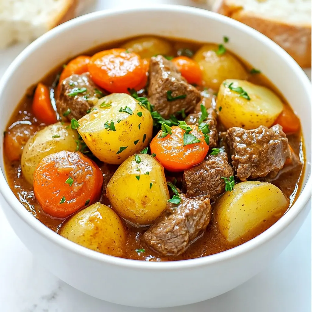 To make a warm and tasty Instant Pot beef stew, gather these key ingredients: - 2 pounds beef stew meat, cut into 1-inch cubes - 1 tablespoon olive oil - 1 medium onion, finely chopped - 3 cloves garlic, minced - 4 medium carrots, peeled and sliced into rounds - 3 medium potatoes, diced into bite-sized pieces - 2 cups beef broth (low sodium recommended) - 1 cup cherry tomatoes, halved - 2 teaspoons dried thyme - 1 teaspoon smoked paprika - 1 teaspoon salt - ½ teaspoon black pepper - 2 tablespoons Worcestershire sauce (optional for enhanced depth of flavor) - 2 tablespoons cornstarch (for thickening) - 2 tablespoons water (for cornstarch slurry) - Fresh parsley, chopped (for garnish) Each ingredient brings its own unique flavor. The beef provides a rich base, while the veggies add sweetness and texture. The herbs and spices enhance the overall taste. I love using cherry tomatoes for their burst of freshness. You can adjust the seasonings to your liking. Don't forget the fresh parsley for that final touch! {{ingredient_image_2}} Set your Instant Pot to Sauté mode. When the pot is hot, add the olive oil. Next, toss in the chopped onion. Cook for about 3 minutes until the onion is soft. Then, add the minced garlic. Stir and cook for another 30 seconds. You want the garlic to smell nice. Now, raise the heat a bit. Add the beef stew meat to the pot. Cook for about 5 to 7 minutes. Stir often so all sides get brown. This step brings out great flavor in your stew. Once the beef is brown, add the sliced carrots, diced potatoes, and halved cherry tomatoes. Pour in the beef broth, and add the dried thyme, smoked paprika, salt, and black pepper. If you like, add Worcestershire sauce too. Stir everything well so it mixes nicely. Put the lid on the Instant Pot and make sure the sealing valve is set to Sealing. Select the Manual or Pressure Cook option. Set the timer for 35 minutes. This will cook your stew perfectly. When the timer goes off, let the pressure release naturally for 10 minutes. After that, carefully turn the valve to Quick Release. This lets out any remaining pressure safely. In a small bowl, mix the cornstarch and water until smooth. Set the Instant Pot back to Sauté mode. Stir the cornstarch mixture into the stew. Cook for 2 to 3 minutes, stirring often, until the stew thickens up. Taste your stew and adjust the seasoning if needed. Add more salt or pepper if it needs it. When ready, ladle the stew into bowls. Enjoy your hearty meal! For beef stew, I recommend using chuck roast or brisket. These cuts are tough but full of flavor. They also become tender when cooked low and slow. Look for meat with good marbling. Marbling means the fat is spread throughout the meat. This fat adds moisture and flavor, making your stew rich and satisfying. You can enhance your stew's flavor with various spices. Consider adding bay leaves, rosemary, or even cumin. Each spice brings a unique taste. Fresh herbs also work well. Thyme is a classic choice, but parsley and basil can brighten the stew. They add freshness and depth to each bite. Beef stew pairs well with many sides. Try serving it with crusty bread to soak up the broth. A simple green salad can add a nice crunch. If you want something warm, mashed potatoes or rice are great options. For garnishing, sprinkle fresh parsley on top. It adds color and a fresh taste. Pro Tips Brown the Meat Well: Ensuring that the beef is well-browned before adding other ingredients enhances the stew's depth of flavor. Use High-Quality Broth: Opt for homemade or high-quality beef broth for the best flavor in your stew. Let it Rest: Allow the stew to sit for a few minutes after cooking. This resting time helps the flavors meld together beautifully. Adjust Seasonings: Always taste your stew before serving. Adjust the seasonings to your preference for the best results. {{image_4}} You can easily adjust this stew to your taste. Here are some ideas: - Vegetables: Add peas, green beans, or bell peppers for color and flavor. You might also try adding turnips or parsnips for a sweet twist. - Proteins: Swap the beef for chicken or turkey for a lighter option. You could even use lentils for a vegetarian stew. These changes can make each batch unique. Feel free to experiment! If you don’t have an Instant Pot, no worries! Here are other ways to cook this stew: - Slow Cooker: Brown the meat as noted. Then, add all ingredients to the slow cooker. Cook on low for 6-8 hours or high for 3-4 hours. - Stovetop: After browning the meat, add all ingredients to a large pot. Bring to a boil, then reduce heat. Let it simmer for about 1.5-2 hours until the meat is tender. Each method brings a different texture and flavor to the stew. Need to adjust for diet? Here’s how: - Gluten-Free: Use gluten-free Worcestershire sauce and check broth labels. Most options are gluten-free, but some brands add gluten. - Low-Carb: Replace potatoes with cauliflower or zucchini. These options keep the dish hearty without the extra carbs. These simple swaps ensure everyone can enjoy this comforting meal. To store beef stew in the fridge, let it cool first. Then, put it in an airtight container. I like using glass or plastic containers with tight seals. This keeps the stew fresh and tasty. You can store it for up to three days. When you are ready to eat, just take it out and reheat. If you want to freeze beef stew, use freezer-safe containers. Leave a little space at the top for expansion. It’s best to use it within three months for the best quality. When you want to eat it, thaw it in the fridge overnight. This keeps it safe and helps maintain good flavor. For reheating leftovers, the stovetop is my favorite method. Just pour the stew into a pot and heat over medium heat. Stir often to avoid sticking. You can also use the microwave, but make sure to heat it in short intervals. This helps it heat evenly. Avoid letting it boil, as that can change the texture. Always taste and adjust the seasoning if needed after reheating. Cook beef stew in the Instant Pot for 35 minutes. This gives the meat time to become tender and soak up the flavors. After cooking, let the pressure release naturally for 10 minutes. Then do a quick release for any remaining pressure. Yes, you can use frozen beef. Just add a few extra minutes to the cooking time. Keep in mind that frozen meat may release more liquid. This can make your stew a bit more soupy, so plan accordingly. To thicken beef stew, mix cornstarch with water to create a slurry. Stir this into the stew while it’s on Sauté mode. Let it cook for a few more minutes until it reaches your desired thickness. You can also use flour or potato starch if you prefer. You can skip browning, but I don’t recommend it. Browning the beef adds great flavor. It creates a rich base that makes your stew taste even better. If you do skip it, you may miss out on that deep flavor. If you don’t have beef broth, try using chicken broth or vegetable broth. Water is also an option, but it won’t add much flavor. For a richer taste, you can use red wine or a mix of water and soy sauce. Beef stew is a comforting dish that's easy to make. We covered the ingredients needed, from beef stew meat to fresh parsley. I shared step-by-step instructions on cooking, including browning the meat and thickening the stew. Plus, you learned some tips for variations and storage. Remember, customizing your stew can make it your own. Use fresh herbs or different proteins if you like. Enjoying your homemade stew can be a fulfilling experience, and it’s perfect for sharing with friends and family.