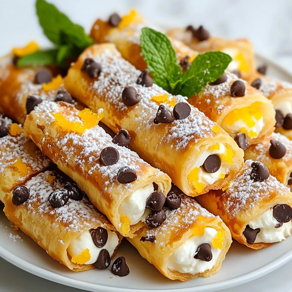 To make Classic Cannoli Squares, you need simple, fresh ingredients. Each one adds to the rich flavor. Here’s what you will need: - 1 cup all-purpose flour - 1/4 cup granulated sugar - 1/4 cup unsalted butter, softened - 1 large egg - 1/2 teaspoon pure vanilla extract - 1/2 teaspoon baking powder - 1/4 teaspoon fine sea salt - 1 cup ricotta cheese, well-drained - 1/4 cup mascarpone cheese - 1/2 cup powdered sugar (plus extra for dusting) - 1/2 teaspoon ground cinnamon - 1/3 cup mini chocolate chips - Zest of 1 medium orange These ingredients work together to create a creamy filling and a light, sweet crust. The ricotta cheese gives it that classic cannoli taste. The mascarpone adds a rich, smooth texture. The orange zest and cinnamon enhance the flavors, making each bite a delight. Use good quality butter and fresh eggs for the best results. Gather these items before you start cooking, and you will be ready to impress! {{ingredient_image_2}} 1. Start by preheating your oven to 350°F (175°C). This step is key for a good bake. 2. In a large bowl, cream together 1/4 cup of softened unsalted butter and 1/4 cup of granulated sugar. Use a hand mixer or whisk for about 3-5 minutes. The mix should turn light and fluffy. 3. Next, add in 1 large egg and 1/2 teaspoon of pure vanilla extract. Also, mix in 1/2 teaspoon of baking powder and 1/4 teaspoon of fine sea salt. Blend these until smooth. 4. Gradually sift in 1 cup of all-purpose flour. Mix it gently until a soft dough forms. Avoid overworking the dough. 1. Take the dough and press it evenly into the bottom of an 8x8-inch baking pan. Make sure it’s smooth. 2. Bake in the preheated oven for about 15 minutes. The edges should turn light golden brown. 3. Once baked, let it cool in the pan for 10 minutes. Then, transfer it to a wire rack to cool completely. 1. While the crust cools, prepare the filling. In a separate bowl, combine 1 cup of well-drained ricotta cheese and 1/4 cup of mascarpone cheese. 2. Add in 1/2 cup of powdered sugar, 1/2 teaspoon of ground cinnamon, 1/3 cup of mini chocolate chips, and the zest of 1 medium orange. Mix until creamy and smooth, with no lumps. 1. Once the crust is completely cooled, spread the ricotta mixture evenly on top. Use a spatula for a smooth layer. 2. Cover the pan with plastic wrap or aluminum foil. Chill in the fridge for at least 1 hour. This helps the filling firm up for easy cutting. For great cannoli squares, start with room temperature ingredients. This helps the butter mix well with sugar. When you blend them, they become light and fluffy. For a smooth filling, make sure to drain the ricotta cheese well. This keeps the filling from being watery. Mix the ricotta with mascarpone and sugar until it’s creamy. No lumps should be in the mixture. One common mistake is overmixing the dough. This can make your crust tough. Mix just until the dough comes together. Another mistake is not cooling the crust properly. If it's warm when you add the filling, it can melt. Let the crust cool completely so the filling stays firm. Serve your cannoli squares on a nice plate. This makes them look even more inviting. Garnish with fresh mint leaves for a pop of green. You can also sprinkle extra mini chocolate chips on top. For extra fun, serve with a small bowl of chocolate sauce. This way, everyone can drizzle their own! Pro Tips Use High-Quality Ingredients: The flavor of your cannoli squares greatly depends on the quality of your ricotta and mascarpone. Choose the freshest, creamiest cheeses for the best results. Chill Thoroughly: Allowing the squares to chill in the refrigerator for at least an hour helps the filling set properly, making it easier to cut into neat squares. Experiment with Flavors: Feel free to add other extracts like almond or lemon zest to the filling for a unique twist on traditional cannoli flavors. Presentation Matters: Dust with powdered sugar just before serving for an elegant touch. Consider drizzling with chocolate sauce for added visual appeal. {{image_4}} You can change the taste of your cannoli squares easily. Try adding different extracts or spices. A touch of almond extract can give a nice twist. You can also use cinnamon or nutmeg for warmth. If you want a fruity flavor, mix in some fruit purées. Raspberry or strawberry purée pairs well with the filling. These little changes can make your dessert exciting and fresh. If you have dietary needs, you can still enjoy cannoli squares. For gluten-free options, swap all-purpose flour with a gluten-free blend. Make sure it has a good structure for baking. If you want vegan adaptations, replace the egg with a flax egg. Use plant-based butter and substitute ricotta and mascarpone with vegan cheese. These swaps keep your dessert tasty and inclusive for everyone. Pair your cannoli squares with fun accompaniments. Fresh fruit like berries complements the rich filling. You can also serve them with a dollop of whipped cream. For drinks, coffee or espresso works well. A sweet dessert wine can also enhance the flavors. These pairings can elevate your dessert experience and impress your guests. You can store your cannoli squares in the fridge for about 3 to 5 days. Make sure you cover them well to keep them fresh. I recommend using plastic wrap or aluminum foil. This helps keep the squares moist and prevents them from absorbing other odors in the fridge. To freeze your cannoli squares, first, cut them into squares. Place them in a single layer in a freezer-safe container. You can also use a baking sheet to freeze them first, then transfer them to a container. These squares can last up to 2 months in the freezer. When you are ready to enjoy them, take out only what you need. To thaw, simply leave them in the fridge overnight. If you need them faster, you can let them sit at room temperature for about 30 minutes. Enjoy your delicious treat! Classic Cannoli Squares are a sweet treat inspired by the famous Italian cannoli. This dish combines a rich, creamy filling with a soft crust. The crust is made from flour, sugar, and butter, while the filling includes ricotta and mascarpone. Cannoli originated in Sicily, Italy. They were once made for special occasions. Now, these squares are a simpler way to enjoy the same great taste. Yes, you can make the filling ahead of time. This can save you time before serving. Make the filling and store it in the fridge for up to two days. Just keep it in an airtight container. When ready, spread it over the cooled crust. This ensures the filling stays fresh and delicious. You can tell the squares are ready when the filling feels firm to the touch. After about an hour in the fridge, check the texture. It should not be runny. If it holds its shape when you cut it, you are ready to serve. The chilling time helps the flavors blend well. If you can't find ricotta, try using cottage cheese. Just blend it until smooth. You can also use cream cheese or mascarpone alone. These options keep the texture creamy and delicious. Choose based on what you have on hand. We've explored all the key elements to create amazing cannoli squares. You learned about vital ingredients like ricotta and chocolate chips. I broke down each step, from prepping the crust to chilling. Keep in mind the tips to avoid common mistakes and achieve perfect texture. With variations and storage tips, you can make these treats your own. I hope you feel ready to impress yourself and others with your baking! Enjoy every bite of your delicious creation.