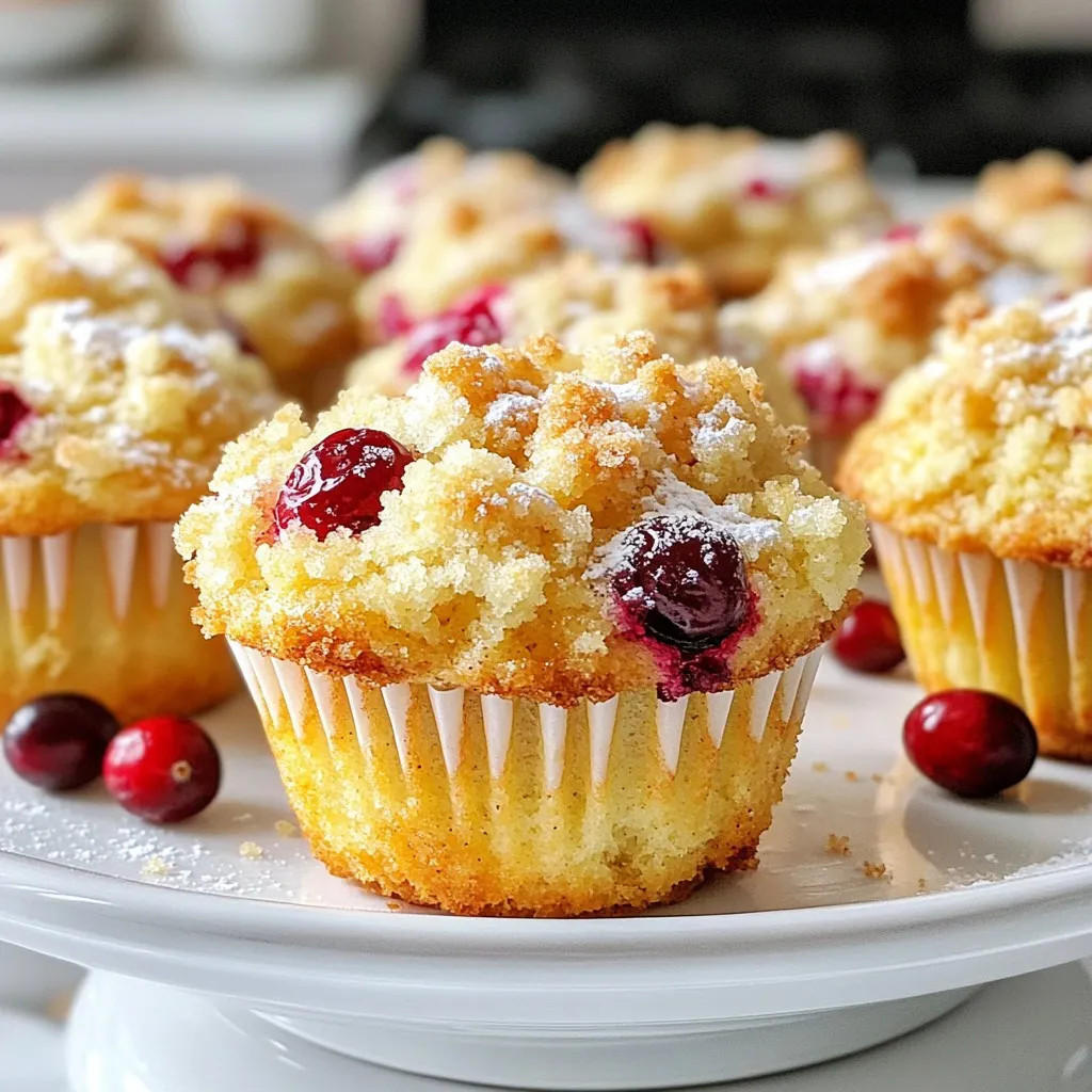 - 1 ½ cups all-purpose flour - ½ cup granulated sugar - ½ cup brown sugar, packed - 2 teaspoons baking powder - 1 teaspoon baking soda - ½ teaspoon salt - ½ teaspoon ground cinnamon - 1 large egg - ¾ cup buttermilk - ⅓ cup vegetable oil - Zest of 1 large orange - 1 cup fresh cranberries, roughly chopped - ¼ cup walnuts or pecans, finely chopped (optional) - Crumb topping ingredients: - ½ cup all-purpose flour - ¼ cup brown sugar, packed - ⅓ cup unsalted butter, softened - ½ teaspoon ground cinnamon These ingredients create a mix of sweet and tart flavors. The fresh cranberries add a pop of color and a burst of tang. The orange zest brightens the muffins, making them taste fresh. The crumb topping adds that crunchy texture you crave. It’s a simple yet delicious way to start your day. {{ingredient_image_2}} Start by preheating your oven to 350°F (175°C). This step is key for even cooking. Next, prepare your muffin tin. Line it with paper liners or grease it lightly with non-stick spray. This helps the muffins release easily after baking. In a large mixing bowl, combine the following dry ingredients: - 1 ½ cups all-purpose flour - ½ cup granulated sugar - ½ cup brown sugar, packed - 2 teaspoons baking powder - 1 teaspoon baking soda - ½ teaspoon salt - ½ teaspoon ground cinnamon Whisk these dry items together until no lumps remain. This ensures a uniform batter. In another bowl, crack one large egg and beat it gently. Add ¾ cup buttermilk, ⅓ cup vegetable oil, and the zest of one large orange. Whisk these wet ingredients until they blend smoothly. This mix adds moisture and flavor to the muffins. Pour the wet mixture into the dry ingredients. Stir gently with a spatula or wooden spoon. Mix just until combined. It’s fine to have small lumps in the batter. Overmixing can lead to tough muffins. Carefully fold in 1 cup of roughly chopped fresh cranberries and ¼ cup of chopped walnuts or pecans, if you like. This adds flavor and texture. Ensure they are evenly distributed throughout the batter. In a small bowl, mix together: - ½ cup all-purpose flour - ¼ cup brown sugar, packed - ⅓ cup unsalted butter, softened - ½ teaspoon ground cinnamon Use your fingers or a fork to blend these until you get coarse crumbs. This topping will give your muffins a lovely crunch. Divide the batter evenly among the muffin cups, filling each about three-quarters full. Then, sprinkle the crumb topping generously over each muffin. This creates a crispy layer on top. Bake the muffins in your preheated oven for 18-20 minutes. They are done when a toothpick comes out clean or with a few moist crumbs. After baking, let them cool in the pan for about 5 minutes before transferring to a wire rack. Enjoy the delightful aroma! Mixing technique plays a big role in muffin texture. When you mix, be gentle. Overmixing makes muffins tough. Stir until just combined. A few lumps are okay. This keeps the muffins light and fluffy. You can add more flavor to your muffins. Try different mix-ins like chocolate chips or raisins. Spices can also enhance taste. A pinch of nutmeg or ginger adds warmth. Experiment with your favorite flavors to make them unique. These muffins are great for breakfast or snacks. Serve them warm with butter. They also pair well with coffee or tea. For a fun twist, add a light drizzle of honey. This makes your morning brighter and tastier. Pro Tips Fresh Ingredients: Always use fresh cranberries for the best flavor. Frozen cranberries can be used, but they may result in a slightly mushy texture. Perfect Muffin Texture: Avoid overmixing the batter. Mixing just until combined ensures a light and fluffy muffin. Customize Your Nuts: Feel free to substitute walnuts with pecans or omit nuts altogether for a nut-free version of this recipe. Storage Tips: Store leftover muffins in an airtight container at room temperature for up to 3 days, or freeze them for longer storage. {{image_4}} If you want to mix things up, consider using other fruits. Blueberries are a great choice. They bring a sweet and tart flavor that pairs well with orange. You can also try diced apples for a crunchy texture. Chopped strawberries offer a fresh taste, too. If you want a unique twist, use chopped peaches or nectarines. Each fruit adds its special flavor while keeping the muffin moist and delicious. To make these muffins vegan, swap the egg for a flax egg. Mix one tablespoon of ground flaxseed with two and a half tablespoons of water. Let it sit for a few minutes to thicken. Instead of buttermilk, use almond milk with a splash of vinegar to mimic the tangy taste. For the vegetable oil, you can use melted coconut oil or any other light oil. These changes keep the muffins tasty and fluffy. For a gluten-free version, use a gluten-free flour blend. Look for a blend that includes xanthan gum, which helps with the texture. You can also use almond flour or coconut flour, but you may need to adjust the liquid in the recipe. Start with a bit less liquid and add more as needed. This helps keep the muffins light and fluffy without gluten. To keep your cranberry orange crumb muffins fresh, store them properly. For room temperature, place them in an airtight container. This keeps moisture in and prevents them from drying out. If your kitchen is warm, the fridge is a good option. Just remember, the cold can make them a bit dry. You can wrap them in plastic wrap or use a container to prevent them from getting stale. Freezing your muffins is a great way to save them for later. First, let them cool completely. This avoids extra moisture in the bag. Then, wrap each muffin tightly in plastic wrap or foil. Place the wrapped muffins in a freezer-safe bag or container. When you want to eat one, take it out and let it thaw at room temperature. You can also warm it in the microwave for about 15-20 seconds. These muffins stay fresh for about 3 days at room temperature. In the fridge, they last for about a week. If you freeze them, expect them to taste good for up to 3 months. After that time, they might lose some flavor and texture. For the best taste, enjoy them sooner rather than later! Yes, you can use frozen cranberries. They work well in muffins. Just toss them in flour before adding to your batter. This helps keep them from sinking. Also, do not thaw them. Use them straight from the freezer. This keeps your muffins nice and fresh. You get all the tart flavor without any extra water. To prevent sticking, use muffin liners. They make cleanup easy, too. If you don't have liners, grease the muffin tin well. Use non-stick cooking spray or butter. Make sure to cover the sides and bottom of each cup. This way, your muffins will pop right out. Let them cool for a few minutes before removing for best results. Yes, you can make mini muffins! Just fill each mini cup halfway. Bake them for about 10 to 12 minutes. Check for doneness with a toothpick. If it comes out clean, they are ready. Mini muffins are perfect for snacks or parties. Enjoy the same great taste in a smaller bite! In this blog post, we explored how to make delicious cranberry muffins from scratch. We covered key ingredients, step-by-step instructions, and useful tips for perfect texture. I shared ideas for variations and how to store these treats to keep them fresh. Baking is simple when you follow these steps. Remember, you can easily customize flavors and try different fruits. Enjoy your baking journey and make these muffins your own!