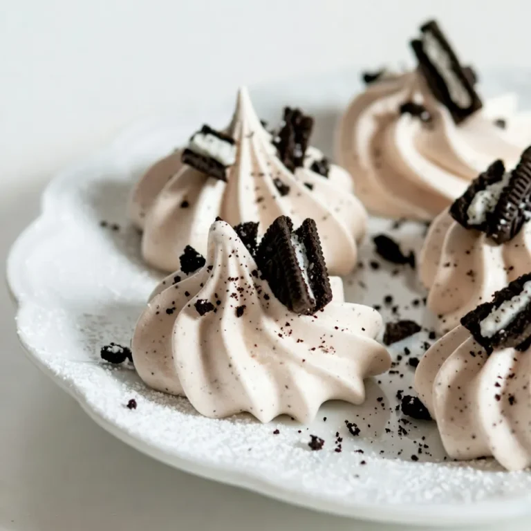 To make Peppermint Oreo Meringue Cookies, you will need: - 3 large egg whites, at room temperature - 1/4 teaspoon cream of tartar - 1 cup granulated sugar - 1 teaspoon pure vanilla extract - 1/2 teaspoon peppermint extract - 1/2 cup finely crushed Oreo cookies (plus extra for topping) - 1/4 cup mini chocolate chips (optional) - Pinch of salt If you have special dietary needs, you can make some swaps. For vegan options, use aquafaba instead of egg whites. This is the liquid from canned chickpeas. You can also swap granulated sugar for a sugar substitute like erythritol. If you're avoiding gluten, choose gluten-free Oreo cookies or any other gluten-free cookie you enjoy. These changes keep your cookies tasty while meeting your needs. Fresh ingredients are key for great meringue. Use fresh egg whites for the best volume and texture. Older eggs may not whip up as well. Cream of tartar helps stabilize the egg whites, so don't skip it. Using pure extracts, like vanilla and peppermint, ensures a strong flavor. Fresh ingredients help achieve that perfect, light, and airy cookie, making every bite delightful. {{ingredient_image_2}} To make Peppermint Oreo Meringue Cookies, follow these steps: 1. Preheat your oven to 225°F (110°C). Line a baking sheet with parchment paper. 2. In a clean mixing bowl, beat 3 large egg whites on medium speed. Watch as they get frothy. 3. Add 1/4 teaspoon cream of tartar. Keep beating until soft peaks form. 4. Gradually add 1 cup granulated sugar, one tablespoon at a time. Increase the speed to high. Beat until shiny and stiff peaks form. This takes about 5-7 minutes. 5. Gently mix in 1 teaspoon vanilla extract and 1/2 teaspoon peppermint extract. Be careful not to deflate the meringue. 6. Sift in 1/2 cup finely crushed Oreo cookies. Fold them in, along with 1/4 cup mini chocolate chips if you like. 7. Use a piping bag or a spoon to dollop small mounds of meringue on the baking sheet. Leave space between each one. 8. Sprinkle extra crushed Oreo cookies on top of the mounds for decoration. 9. Bake for 1.5 to 2 hours, or until the meringue is crisp and lifts easily from the parchment. 10. Turn off the oven and leave the cookies inside for an hour to cool completely. To get the best meringue, follow these tips: - Use room temperature egg whites. This helps them whip better. - Make sure your bowl and beaters are clean. Any fat can prevent peaks from forming. - Add the sugar slowly. This helps the sugar dissolve and creates a smooth texture. - Look for stiff peaks. This means the meringue should stand tall and not droop. Baking at 225°F (110°C) allows the meringues to dry out slowly. This helps them become crisp. If it's too hot, they may brown or crack. Bake for 1.5 to 2 hours, but check them after 1.5 hours. They should feel dry and lift off easily. Letting them cool in the oven helps avoid cracks. Meringue can be tricky. Here are some common problems and fixes: - Meringue is runny: This often happens if the egg whites are not whipped enough. Whip until stiff peaks form. - Meringue weeps: If you see liquid forming under the cookies, they are not baked long enough. Make sure to bake until crisp. - Meringue is sticky: This can occur from high humidity. Try making meringue on a dry day for best results. Having the right tools makes baking easier. Here’s what I recommend: - Electric mixer: An essential tool for whipping egg whites. - Mixing bowls: Use glass or metal, as plastic can hold grease. - Piping bags: Perfect for shaping your meringue cookies. - Parchment paper: Helps prevent sticking on baking sheets. - Sifter: Useful for evenly mixing dry ingredients, like crushed Oreos. Adding unique flavors and a nice look can elevate your cookies. Here are some tips: - Flavor boosters: Use a splash of almond extract for a twist. This pairs well with peppermint. - Colorful toppings: Sprinkle crushed candy canes for a festive touch or use colored sugar. - Presentation: Arrange cookies on a pretty plate. Add mini Oreos around them for an eye-catching display. - Dust with sugar: A light sprinkle of powdered sugar adds sweetness and a nice finish. These tips will help you create delightful Peppermint Oreo Meringue Cookies that not only taste great but also look amazing! Pro Tips Egg Whites Matter: Ensure your egg whites are at room temperature for better volume and stability when whipped into meringue. Slow Sugar Addition: Gradually adding sugar while whipping helps to create a stable meringue; avoid adding it all at once. Oven Cooling Technique: Letting the cookies cool in the oven after baking helps to prevent cracking and keeps them crisp. Flavor Variations: Experiment with different extracts like almond or orange to create unique flavor profiles for your meringue cookies. {{image_4}} You can change the basic recipe by using different flavors. Instead of peppermint, try almond, lemon, or orange. Each flavor adds a new twist. You can use flavored extracts to enhance your cookies. Just remember to keep the amount similar to avoid changing the texture. Mix-ins can make your cookies even more fun. Try adding crushed nuts, like almonds or pecans. Mini marshmallows or dried fruit can also work well. For toppings, consider drizzling chocolate or using sprinkles. You can even add a layer of crushed candy canes for extra crunch and festive flair. You can easily change these meringue cookies for any holiday. For Halloween, use orange food dye and add black sprinkles. For Easter, you can shape the cookies into nests and fill them with chocolate eggs. At Christmas, swap in red and green colors. The possibilities are endless, so get creative! To keep your Peppermint Oreo Meringue Cookies fresh, store them in an airtight container. This prevents moisture from making them chewy. Place parchment paper between layers to avoid sticking. Keep the cookies in a cool, dry place away from heat and sunlight. Avoid placing them in the fridge, as cold air can affect their texture. When stored properly, meringue cookies can last up to two weeks. They stay crispy for about a week. After that, they may soften but will still taste good. If you notice any signs of moisture, it’s best to enjoy them quickly. You can freeze Peppermint Oreo Meringue Cookies for up to three months. Place them in a single layer on a baking sheet to freeze them first. Once frozen, transfer them to a freezer-safe bag or container. When ready to eat, let them thaw at room temperature for about 30 minutes. Avoid refreezing them after thawing, as this can affect their texture. Yes, you can use egg whites from a carton. They work well for meringue cookies. Just ensure the carton egg whites are fresh. They should be at room temperature for best results. The key is to beat them until they become frothy, just like fresh egg whites. If your meringue doesn’t form stiff peaks, check a few things. First, ensure your bowl and beaters are clean and dry. Any fat can prevent peaks from forming. Second, make sure you added the sugar gradually and waited for the meringue to get glossy. If it still fails, try adding a pinch of cream of tartar. This helps stabilize the meringue. Yes, these cookies are gluten-free! The main ingredient is egg whites and sugar. The only potential gluten source is the Oreo cookies. However, many brands offer gluten-free Oreo options. Just make sure to read the labels to ensure they fit your dietary needs. You’ve learned how to make Peppermint Oreo Meringue Cookies with tasty twists. We covered each ingredient, substitutions, and why freshness matters. You now know the steps for perfect meringue, along with tips for storage and flavor. Remember, experimenting with flavors can spice up your treats. Use neat tools to make baking easier. Lastly, understanding common meringue issues will help you succeed. Enjoy baking these airy delights!