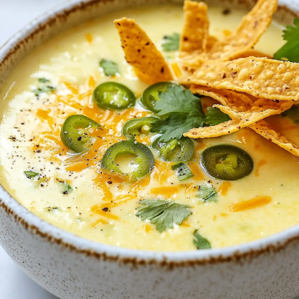 To make jalapeño popper soup, you will need the following ingredients: - 4 fresh jalapeños, diced (remove seeds for a milder heat) - 1 tablespoon extra-virgin olive oil - 1 medium onion, finely chopped - 2 cloves garlic, minced - 2 cups chicken or vegetable broth - 1 cup cream cheese, softened to room temperature - 1 cup sharp cheddar cheese, shredded - 1 cup whole milk - 1 teaspoon smoked paprika - 1/2 teaspoon ground cumin - Salt and freshly cracked black pepper, to taste - 1/4 cup fresh cilantro, chopped (for garnish) - Crispy tortilla strips, for topping When choosing jalapeños, look for firm peppers with smooth skin. Bright green is best. For less heat, pick smaller jalapeños and remove the seeds. Use fresh onion and garlic for the best flavor. Choose a good-quality cream cheese and sharp cheddar. These will add to the creaminess and taste. You can swap some ingredients if needed. Use vegetable broth for a vegetarian option. If you want a lighter soup, use half-and-half instead of whole milk. If you can't find sharp cheddar, mild cheddar works too. For a dairy-free version, try cashew cream or vegan cheese. {{ingredient_image_2}} Start by heating a large pot over medium heat. Add one tablespoon of extra-virgin olive oil. Once hot, toss in the diced jalapeños, finely chopped onion, and minced garlic. Sauté these ingredients for about 5-7 minutes. Stir them often to keep them from sticking. You want the onion to be soft and clear. This step builds a base of flavor for the soup. Next, carefully pour in 2 cups of chicken or vegetable broth. Stir to mix everything well. Bring the broth to a gentle simmer. Lower the heat and add 1 cup of softened cream cheese. Stir until the cream cheese melts completely. Then, add 1 cup of shredded sharp cheddar cheese in small amounts. Keep stirring until it's all melted and mixed. Pour in 1 cup of whole milk along with 1 teaspoon of smoked paprika and 1/2 teaspoon of ground cumin. Mix until the soup is creamy and smooth. Season with salt and freshly cracked black pepper according to your taste. Let the soup simmer for another 5 minutes. This allows all the flavors to blend nicely. If you like, use an immersion blender to make the soup smooth or leave it chunky. Both are tasty! Serve the hot soup in bowls. Top each bowl with a sprinkle of fresh chopped cilantro and crispy tortilla strips. These add a fun crunch and extra flavor to each bite. Enjoy this creamy delight! To control the heat in your jalapeño popper soup, you have options. Start by removing the seeds and membranes from the jalapeños. This step cuts down on the spice. If you want more heat, add sliced jalapeños while cooking. For a milder soup, use fewer jalapeños or mix in a sweet pepper. Creaminess is key to this soup’s charm. Use full-fat cream cheese for the best texture. Adding whole milk helps too. If you want an even richer flavor, try adding a bit of sour cream or heavy cream at the end. Blend the soup well to get that smooth, creamy finish. Cooking times can change based on your heat source. If you use gas, the soup may cook faster than on electric. Keep an eye on your soup to avoid burning. Stir it often and check for the right simmer. For slower cooking, like in a slow cooker, let it simmer for 4 to 6 hours on low. This method allows the flavors to blend even more. Pro Tips Adjust the Heat: If you prefer a milder soup, be sure to remove the seeds and membranes from the jalapeños before dicing. Cheese Selection: For an extra creamy texture, consider using a combination of cream cheese and a blend of your favorite cheeses. Texture Preference: Use an immersion blender to puree the soup for a smooth consistency or leave it chunky for a heartier bite. Garnish Ideas: In addition to cilantro and tortilla strips, try adding a dollop of sour cream or avocado slices for added richness. {{image_4}} You can easily make this soup vegetarian. Just swap the chicken broth for vegetable broth. This change keeps the flavor rich while making it meat-free. I like to add more veggies for extra depth. Try bell peppers, corn, or even black beans. They add a nice texture and taste. If you crave more heat, add more jalapeños. Use them fresh or roasted for a smoky taste. You can also stir in some diced chipotle peppers. They bring a nice kick and depth. Another idea is to sprinkle in some cayenne pepper or hot sauce while cooking. Adjust the spice to fit your taste. For a dairy-free version, replace cream cheese and milk with cashew cream. Blend soaked cashews with water until smooth. You can also try coconut milk for a unique flavor. Instead of cheese, use nutritional yeast for a cheesy taste. This keeps your soup creamy while being kind to your diet. To store leftovers, let the soup cool completely. Then, transfer it to an airtight container. This keeps the soup fresh and tasty. You can store it in the fridge for about 3-4 days. Make sure to label the container with the date. This way, you know when to use it. When you're ready to enjoy the soup again, there are a few ways to reheat it. You can use the stove or the microwave. If using the stove, pour the soup into a pot and heat it over medium heat. Stir it often to prevent sticking. If using the microwave, place the soup in a microwave-safe bowl. Heat it in 30-second intervals, stirring in between. This ensures even heating. If you want to store the soup for longer, freezing is a great option. First, let it cool completely. Then, pour the soup into freezer-safe bags or containers. Leave some space at the top for expansion. You can freeze it for up to 3 months. When you’re ready to eat, thaw it overnight in the fridge. Then, reheat it as mentioned earlier. Enjoy your creamy jalapeño popper soup again! Yes, you can use frozen jalapeños in this soup. They work well and save time. Just thaw them before use. The heat may be less than fresh ones, but the flavor will still shine. This soup lasts about three to four days in the fridge. Store it in an airtight container. Make sure it cools down before putting it in the fridge. If you notice any strange smells or colors, it's best to toss it. Absolutely! Making this soup ahead of time is a great idea. The flavors blend better as it sits. Just reheat it on the stove before serving. Add a splash of milk if it seems too thick. This blog post covers soup ingredients, step-by-step instructions, and handy tips. You learned how to choose the right ingredients and make smart substitutions. I shared ways to adjust spice and creaminess, alongside cooking time for different heat sources. Variations like vegetarian and dairy-free options expand your choices. Finally, storage tips ensure your leftovers last longer. Embrace these ideas, and enjoy creating the perfect soup every time you cook.