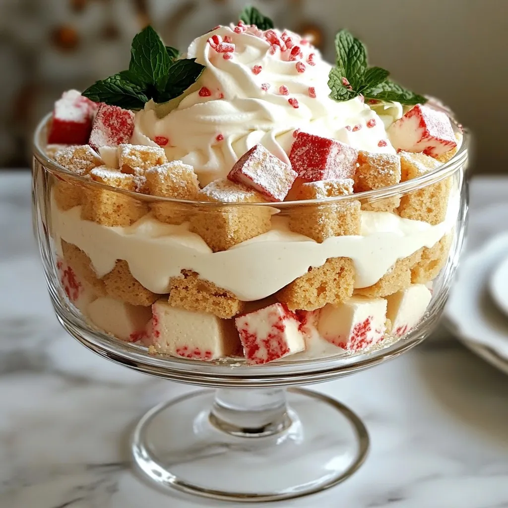 To make the Christmas Peppermint Trifle, you will need: - 1 package (16 oz) peppermint-flavored cake mix - 1 cup peppermint candy, crushed - 1 cup whole milk - 1 package (3.4 oz) vanilla instant pudding mix - 2 cups heavy cream - 1/2 cup powdered sugar - 1 teaspoon vanilla extract - 1 cup peppermint yogurt (or vanilla yogurt as a substitute) - Fresh mint leaves for garnish Not everyone may find peppermint yogurt. You can use vanilla yogurt instead. It works well and gives a nice taste. If you want a lighter option, consider using whipped topping instead of heavy cream. The trifle will still be creamy and delicious. For a gluten-free alternative, look for gluten-free cake mix. It keeps the fun alive for everyone! To create your trifle, gather these tools: - Mixing bowls for combining ingredients - Electric mixer for whipping cream - Baking pan for the cake - Trifle dish or clear glass bowl for layering - Whisk for mixing pudding These tools make the process easier and more enjoyable. Enjoy the festive fun of making your trifle! {{ingredient_image_2}} First, preheat your oven. Follow the instructions on the peppermint cake mix package. This step ensures the cake rises and bakes evenly. Once baked, let the cake cool completely on a wire rack. Cooling prevents the trifle from getting soggy later on. Grab a mixing bowl for this part. Pour in one cup of whole milk and the vanilla pudding mix. Whisk them together until smooth and creamy. This step only takes a few minutes. Place your bowl in the fridge for about five minutes. This helps the pudding thicken up nicely. Next, use a clean bowl to whip the heavy cream. An electric mixer works best for this task. Start whipping until the cream begins to thicken. Slowly add in the powdered sugar and vanilla extract. Keep whipping until you see soft peaks form. This creamy goodness gives our dessert its light texture. Now, it’s time to layer everything! Cut your cooled cake into bite-sized cubes. Start with a layer of cake cubes at the bottom of a large trifle dish. Sprinkle a generous amount of crushed peppermint over the cake. Then, spoon a layer of peppermint yogurt on top. Follow this with a layer of vanilla pudding. Repeat these layers until you fill the dish. Finish with a fluffy layer of whipped cream on top. Cover the trifle dish with plastic wrap. Place it in the fridge for at least two hours. This chilling time allows the layers to blend and flavors to meld. The longer it chills, the better it tastes. Enjoy the festive treat! For a beautiful trifle, use clear glass bowls or cups. This lets everyone see the lovely layers. You can add a sprig of fresh mint on top for color. Crushed peppermint also makes a great garnish. It adds a fun crunch and festive cheer. Try using different sizes of bowls for variety. This makes serving more fun! The key to a great trifle is texture. Make sure your cake is cool before you cut it. This helps it hold its shape. When whipping the cream, stop when you see soft peaks. Don't over-whip, or it may turn grainy. Layering is crucial, too. Alternate between the cake, yogurt, and pudding. This creates a nice balance of flavors and textures. One mistake is skipping the chilling time. Always let the trifle chill for at least 2 hours. This helps the flavors mix well. Another common error is not cutting the cake properly. Slice it into small, bite-sized cubes. This makes layering easy and keeps everything neat. Lastly, avoid using stale candy. Fresh peppermint adds the best taste and crunch. Pro Tips Use Fresh Ingredients: Always opt for fresh mint leaves and high-quality peppermint candies to enhance the flavor and presentation of your trifle. Layer Strategically: Ensure each layer is evenly distributed for a balanced taste and visually appealing presentation. Use a spatula to smooth out each layer as you build. Chill Time is Key: Allowing the trifle to chill for at least 2 hours helps the flavors meld and the structure to set, resulting in a more enjoyable dessert. Garnish Wisely: When garnishing, consider adding a dusting of cocoa powder or chocolate shavings along with the mint for an extra layer of flavor and a festive look. {{image_4}} You can switch up the flavor of your trifle. Instead of peppermint cake, try chocolate or vanilla cake. These choices give a new twist to the classic. For a fruity touch, use lemon or raspberry cake. Each flavor pairs well with creamy layers, making it a fun treat. Layering can add style to your trifle. You can make it a single-layer trifle for a simple look. Or, go for a tall and elegant version with multiple layers. Use clear glasses for individual servings. This lets everyone see the beautiful layers inside. Add some festive fun with holiday-themed toppings. Consider crushed gingerbread cookies for a warm spice. You can also use festive sprinkles or colored candies. Fresh berries or pomegranate seeds can add a pop of color. Each addition brings joy and cheer to your Christmas Peppermint Trifle. After making your Christmas Peppermint Trifle, you may have some leftovers. To keep it fresh, cover the trifle dish tightly with plastic wrap. This helps prevent the trifle from drying out or absorbing other smells from your fridge. Store it in the refrigerator for up to three days. If you use yogurt, the trifle is best eaten within two days. Freezing this trifle is not recommended. The layers may separate and become watery when thawed. The cream and pudding might lose their smooth texture. If you want to prepare ahead, consider freezing the cake separately. Once cooled, wrap it tightly in plastic wrap and foil. Use it within three months for best taste. You do not need to reheat the trifle. It is best served cold. If you prefer a warm dessert, serve the cake warm and layer it with chilled cream and pudding. This way, you get a nice mix of temperatures without losing the texture of the trifle. Enjoy each bite as it was meant to be! Yes, you can use store-bought cake. It saves time and effort. Look for a peppermint-flavored cake to keep the festive taste. If you can’t find that flavor, a vanilla cake works too. Just make sure it’s fresh for the best results. You can store the trifle for up to three days in the fridge. Cover it with plastic wrap to keep it fresh. However, the layers may start to blend together after a day. For the best taste, enjoy it within two days. If you can’t find peppermint yogurt, vanilla yogurt is a great choice. It still adds creaminess and flavor. You can also mix in a little peppermint extract for a similar taste. Just be careful to not add too much. This recipe is not gluten-free as it uses cake mix. However, you can use gluten-free cake mix instead. Always check the labels to ensure it meets your dietary needs. This way, everyone can enjoy the trifle! This blog post covered all you need for a delicious trifle. We explored essential ingredients and possible swaps. You learned step-by-step instructions for baking and assembling. Plus, I shared tips to avoid common mistakes and enhance presentation. Finally, remember that you can get creative with flavors and storage. Use these insights to make a dessert that impresses and delights. Enjoy your baking journey!