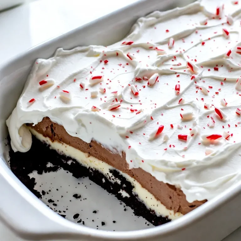 To make your No-Bake Christmas Oreo Lasagna, gather these ingredients: - 2 packs of Oreo cookies (about 36 cookies) - 1/2 cup unsalted butter, melted - 2 cups cream cheese, softened - 1 cup powdered sugar - 2 cups Cool Whip (whipped topping) - 1 teaspoon vanilla extract - 1 cup milk - 1 box (3.9 oz) instant chocolate pudding mix - 1 box (3.9 oz) instant vanilla pudding mix - 1/2 cup crushed peppermint candies (for garnish) Each ingredient plays a key role in this dessert. The Oreo cookies form the base, giving a rich chocolate flavor. The melted butter helps bind the cookie crumbs together. Cream cheese adds a creamy layer, while powdered sugar sweetens it up. Cool Whip creates a light and fluffy texture. The vanilla extract enhances the flavor, and milk helps prepare the pudding mixes. The chocolate and vanilla puddings add layers of taste and contrast. Finally, crushed peppermint candies give a festive touch on top. By using high-quality ingredients, you will ensure the best flavor. Always taste as you go! Enjoy the process of making this delightful dessert. {{ingredient_image_2}} To start, you need two packs of Oreo cookies. Place them in a food processor. Pulse the cookies until you get fine crumbs. Next, melt half a cup of unsalted butter. In a bowl, mix the cookie crumbs with the melted butter. It should feel like wet sand. Press this mixture into a 9x13 inch baking dish. Make sure the crust is even and firm. Now, grab two cups of softened cream cheese. Place it in a large bowl. Add one cup of powdered sugar to the cream cheese. Use an electric mixer to blend until smooth. Gently fold in one cup of Cool Whip. Make sure there are no lumps. Spread this cream cheese mix over your Oreo crust. For the pudding layers, you need chocolate and vanilla pudding mixes. In two bowls, prepare each pudding as the package says. Use two cups of milk for each flavor. Stir until combined. Let it sit for a few minutes to thicken. Once ready, pour the chocolate pudding over the cream cheese layer. Then, add the vanilla pudding on top. Take the remaining Cool Whip and spread it over the pudding layers. Use a spatula to make it smooth and even. This will create a nice finish for your dessert. Now, cover the baking dish with plastic wrap. Place it in the fridge. Let it chill for at least four hours. This helps the layers set well. Before serving, sprinkle crushed peppermint candies on top. This adds a festive touch. Cut the dessert into squares and serve it to your guests. Enjoy the smiles! To make a great Oreo crust, start with good quality Oreos. Use a food processor to crush them into fine crumbs. Mix these crumbs with melted butter. It should feel like wet sand. Press this mix firmly into the bottom of your baking dish. Make sure it is even. This helps the crust hold together well. For the cream cheese layer, use softened cream cheese. This makes it easy to mix. Combine it with powdered sugar in a bowl. Beat it until smooth and creamy. Then, fold in Cool Whip gently. This keeps the mix light and fluffy. Spread this layer evenly over the crust. It adds a rich taste to your dessert. When making the pudding layers, follow the package directions. Use cold milk for both chocolate and vanilla puddings. Stir until mixed and let them sit. This helps them thicken. Carefully pour the chocolate pudding over the cream cheese layer. Then, add the vanilla pudding on top. This creates a lovely, layered look. To add a festive touch, sprinkle crushed peppermint candies on top. This gives a great crunch and flavor. You can also use extra Cool Whip for a nice finish. For a special touch, serve each piece on holiday plates. Add a sprig of mint or a mini candy cane beside each slice. This makes your dessert look even more inviting. Pro Tips Use Fresh Ingredients: Always use fresh cream cheese and Cool Whip for the best texture and flavor in your lasagna. Chill Time is Key: Allow the lasagna to chill for a full 4 hours or overnight for the layers to set perfectly. Customizable Flavors: Experiment with different flavors of pudding or add layers of fruit for a unique twist on this classic dessert. Presentation Matters: Use a sharp knife for clean cuts and serve on festive plates to elevate your dessert's appearance. {{image_4}} You can change the cookies in this Oreo lasagna. Try using mint Oreos for a fresh twist. Golden Oreos can give a lighter flavor. You could even use gluten-free Oreos to fit your needs. Each type will change the taste and fun of this dessert. While chocolate and vanilla are classic, feel free to mix it up! Try butterscotch pudding for a sweet layer. Strawberry pudding can add a fruity touch. You can even use cookies and cream pudding for extra Oreo flavor. Each option offers a new and exciting taste in every bite. To make this dessert vegan, swap cream cheese for vegan cream cheese. Use coconut whipped cream instead of Cool Whip. Choose gluten-free Oreos to keep it safe for gluten-free eaters. With these changes, everyone can enjoy this festive treat! To keep your No-Bake Christmas Oreo Lasagna fresh, cover it tightly. Use plastic wrap or foil to seal the dish. Place it in the fridge. This dessert lasts for about 3 to 4 days. If you notice any change in texture or smell, it's best to toss it. Freezing this dessert is also possible. First, cut it into squares. Wrap each piece in plastic wrap. Then place them in an airtight container. This way, they won't get freezer burn. You can freeze the lasagna for up to 2 months. When you're ready to eat, let it thaw in the fridge overnight. This dessert is best served cold, so reheating is not needed. If you prefer it slightly soft, let it sit at room temperature for about 10 to 15 minutes. This will help it become creamy again without losing its charm. Enjoy each delightful bite! You can store No-Bake Christmas Oreo Lasagna in the fridge for up to 5 days. Just make sure it is covered well with plastic wrap. This keeps it fresh and tasty. The layers stay firm and the flavors blend well over time. Yes, you can use low-fat ingredients. Swap regular cream cheese for low-fat cream cheese. Use light Cool Whip too. The taste might change slightly, but it will still be delicious. Just remember, it might not be as rich and creamy, but it will still satisfy your sweet tooth. Absolutely! You can prepare the layers a day or two ahead. Just keep each layer stored separately in the fridge. When you're ready, layer them together and chill. This saves time on busy days and makes serving easier. If you need a substitute for Cool Whip, use heavy whipping cream. Whip it until stiff peaks form. You can also use homemade whipped cream. Just add a little sugar to sweeten it. Both options will work well and keep your dessert creamy and light. This blog covered how to make a No-Bake Christmas Oreo Lasagna. We discussed the ingredients, like Oreo cookies and cream cheese. You learned step-by-step instructions for each layer, from the crust to the topping. Tips helped ensure perfect layers and garnishing ideas added flair. We also explored variations and storage options to keep your dessert fresh. In the end, this simple treat brings joy and is easy to share. Enjoy making it for your friends and family this season!
