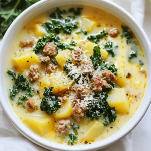 To make Zuppa Toscana, gather these simple ingredients: - 1 lb Italian sausage - 1 medium onion, finely diced - 3 cloves garlic, minced - 4 cups chicken broth - 2 large potatoes, thinly sliced - 2 cups kale, chopped - 1 cup heavy cream - 1 teaspoon red pepper flakes (optional) - Salt and pepper to taste - Olive oil for cooking - Grated Parmesan cheese for garnish (optional) You can easily adjust some ingredients based on your taste or needs: - Use mild or spicy Italian sausage based on your heat preference. - Swap heavy cream for coconut cream to make it dairy-free. - If you don&rsquo;t have kale, spinach is a great alternative. - For a lighter option, use low-sodium chicken broth. - Red or Yukon gold potatoes work best, but you can try any type you have. Here's a basic idea of what to expect per serving: - Calories: About 350 - Protein: 12g - Carbs: 30g - Fat: 20g - Fiber: 3g - Sodium: Varies based on broth choice This soup is hearty and filling, making it a great meal option. Enjoy the warmth and flavor packed in each bowl! {{ingredient_image_2}} To make Zuppa Toscana, start by gathering your ingredients. You will need Italian sausage, onion, garlic, chicken broth, potatoes, kale, heavy cream, red pepper flakes, salt, pepper, and olive oil. Hit the grocery store if you don&rsquo;t have them at home. It helps to have everything ready before cooking. This way, you can move fast in the kitchen. 1. Saut&eacute;ing: Begin by heating olive oil in a large pot over medium heat. Add the diced onion first. Cook until it turns soft and clear, about 3-4 minutes. Then add minced garlic. Stir it for a minute to bring out its flavor. Be careful not to let it burn. 2. Browning Sausage: Crumble the Italian sausage into the pot next. Use a spatula to break it up. Cook until it is browned and no longer pink, which takes 5-7 minutes. This step gives your soup a rich base. 3. Simmering: Pour in the chicken broth and bring it to a gentle boil. Add thinly sliced potatoes and cook them until they are soft, about 10-12 minutes. After that, mix in the chopped kale. Let it simmer for an extra 5 minutes. This keeps the kale bright and tasty. 4. Creamy Finish: Lower the heat and add the heavy cream. If you want some heat, sprinkle in red pepper flakes. Season with salt and pepper. Stir well to mix everything. Heat it through, but don&rsquo;t let it boil again. - Use low-sodium chicken broth to control salt levels. - Choose red or Yukon gold potatoes for the best texture. - If you want a dairy-free option, substitute heavy cream with coconut cream. - Garnish with grated Parmesan cheese for extra flavor. - Serve the soup hot for a cozy meal. Following these steps will help you make a delicious bowl of Zuppa Toscana every time. To boost the flavor of Zuppa Toscana, use fresh ingredients. Fresh garlic and onions add a nice depth. Saut&eacute; them until they smell great. Crumble the sausage into the pot for even cooking. This helps it brown nicely and adds flavor to the broth. Consider the type of potatoes you use. Red or Yukon gold potatoes create a creamy texture. They hold their shape well when cooked. For a touch of heat, add red pepper flakes. Adjust the amount to fit your taste. One common mistake is boiling the soup after adding cream. This can make the cream curdle. Instead, keep it on low heat. Stir gently to mix in the cream without boiling. Another mistake is not seasoning properly. Taste as you cook. Add salt and pepper in small amounts. This helps you control the flavor better. Also, avoid overcooking the kale. Add it near the end of cooking. This keeps the color bright and the texture tender. Serve Zuppa Toscana hot for the best experience. Ladle it into bowls and top with grated Parmesan. This adds a nice salty flavor. Pair the soup with crusty bread for dipping. A simple green salad makes a great side. Enjoy it with family or friends for a cozy meal. Pro Tips Choose Your Sausage Wisely: Select a high-quality Italian sausage for the best flavor. Freshly ground sausage will enhance the overall taste of the soup. Potato Prep: For even cooking, slice the potatoes uniformly. This ensures they cook at the same rate and achieve the perfect tenderness. Fresh Kale Matters: Use fresh, vibrant kale for added nutrition and flavor. Avoid wilted or yellowing leaves to maintain the dish's appealing look. Garnish for Greatness: Don&rsquo;t skip the grated Parmesan cheese on top; it adds a creamy, salty finish that complements the soup beautifully. {{image_4}} To make a vegetarian or vegan Zuppa Toscana, swap the Italian sausage for plant-based sausage. You can choose one made from soy or pea protein. For a rich flavor, add a mix of mushrooms. Use vegetable broth instead of chicken broth. Replace heavy cream with coconut cream or cashew cream for a rich texture. This way, you keep the heartiness and warmth without meat or dairy. To ensure your Zuppa Toscana is gluten-free, check your broth and sausage labels. Some brands add gluten as a thickener. Stick to gluten-free sausage and use low-sodium chicken or vegetable broth. The rest of the ingredients, like potatoes and kale, are naturally gluten-free. This makes your soup safe for those with gluten sensitivities. Feel free to mix things up with your ingredients. If you want a smoky taste, use smoked sausage instead of Italian. For a kick, add more red pepper flakes or a splash of hot sauce. You can also try different greens, like spinach or Swiss chard, in place of kale. This will give your soup a unique twist while keeping it delicious. To store leftover Zuppa Toscana, let it cool first. Use an airtight container for best results. This soup stays fresh in the fridge for about 3 to 4 days. If you want to keep it longer, consider freezing it. When reheating, do it slowly to keep the cream smooth. Use a pot over low heat. Stir often to prevent sticking. You can also use a microwave. Just heat in short bursts and stir in between. When freezing Zuppa Toscana, it's best to leave out the cream. Add it when you reheat the soup. Use freezer-safe containers or bags. The soup can last up to 3 months in the freezer. To serve, thaw overnight in the fridge before reheating. Zuppa Toscana is a warm and hearty soup. It brings together: - 1 lb Italian sausage - 1 medium onion - 3 cloves garlic - 4 cups chicken broth - 2 large potatoes - 2 cups kale - 1 cup heavy cream - 1 teaspoon red pepper flakes - Salt and pepper - Olive oil - Grated Parmesan cheese (optional) This mix creates a rich taste that warms you from the inside. You can make it lighter and still keep the flavor. Here are some tips: - Use lean turkey sausage instead of Italian sausage. - Swap heavy cream for coconut cream or almond milk. - Add more veggies, like carrots or bell peppers, to boost nutrients. - Choose low-sodium broth to control salt levels. These changes keep the soup tasty while making it a bit healthier. Yes, you can! Try these options: - Ground turkey or chicken for a leaner choice. - Bacon or pancetta for a smoky flavor. - Even veggie sausage works for a meat-free dish. These alternatives let you play with the flavor while keeping the comfort of Zuppa Toscana. This blog post covered the key steps to make Zuppa Toscana. We looked at ingredients and tasty options for substitutes. I shared cooking techniques and tips to get the best results. You learned about common mistakes and how to enhance flavors. We also explored variations like vegetarian and gluten-free choices. Lastly, I provided storage tips for leftovers and answers to common questions. Now, you have all the tools to make a great soup. Enjoy creating your perfect Zuppa Toscana!