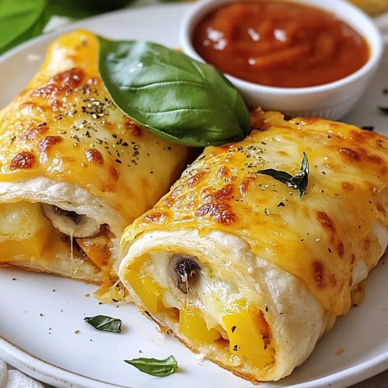 - 4 large flour tortillas - 1 ½ cups shredded mozzarella cheese - ½ cup shredded cheddar cheese - ½ cup pizza sauce - 1 cup assorted bell peppers, sliced (red, yellow, and green for color) - 1 cup fresh mushrooms, sliced - ½ teaspoon dried oregano - ½ teaspoon garlic powder - Salt and black pepper to taste - Olive oil, for brushing - Fresh basil leaves, for garnish To make Cheesy Tortilla Pizza Rolls, you need simple ingredients. Flour tortillas serve as the base. The cheese blend of mozzarella and cheddar gives rich flavor. Pizza sauce adds a tasty kick. Bell peppers and mushrooms bring color and crunch. Season with oregano, garlic powder, salt, and pepper for depth. - Cooked pepperoni or sausage - Sliced olives - Spinach or arugula - Different cheese types like pepper jack or gouda - Hot sauce for extra spice Feel free to mix in your favorite toppings. Add meats or extra veggies to suit your taste. Use different cheeses for a fun twist. This flexibility lets you create a snack that is uniquely yours. Each serving has about: - Calories: 300 - Protein: 15g - Carbohydrates: 30g - Fat: 15g - Fiber: 2g These rolls are filling and tasty. They pack a good amount of cheese and veggies. The nutritional values give you an idea of what to expect. Enjoy these as a snack or light meal, knowing they balance flavor and nutrition well. {{ingredient_image_2}} First, preheat your oven to 375°F (190°C). This heat will make your rolls crispy. Next, lay the flour tortillas flat on a clean surface. Take a spoonful of pizza sauce and spread it on each tortilla. Leave a small space at the edges to avoid mess. In a medium bowl, mix the shredded mozzarella and cheddar cheeses. Add sliced bell peppers and mushrooms for flavor and color. Sprinkle in dried oregano and garlic powder. Season with salt and black pepper. Stir until everything combines well. This mix will fill your rolls with cheesy goodness. Now it’s time to roll. Take one tortilla and place the cheese mixture on top of the sauce. Spread it evenly. Starting from one end, roll the tortilla tightly. Make sure the filling stays inside. Repeat this for each tortilla until you have a tasty log. Place the rolled tortillas seam-side down on a baking sheet lined with parchment paper. This keeps them from sticking. Brush the tops lightly with olive oil for a golden finish. Bake them in the oven for 15-20 minutes. They should turn crispy and brown. When done, let them cool for a couple of minutes. Finally, slice each roll into bite-sized pieces. Enjoy these delicious snacks with extra pizza sauce for dipping! To get that nice and crisp bite, follow these steps. First, preheat your oven to 375°F (190°C). This ensures a hot start. Next, brush the outside of your rolled tortillas with olive oil. This helps them brown nicely. Bake your rolls for 15-20 minutes. Keep an eye on them. You want a golden color. If you like extra crunch, you can turn on the broiler for the last minute. Just watch closely to prevent burning. Cheese is key for flavor and texture. I love using mozzarella and cheddar together. Mozzarella melts beautifully, giving a gooey texture. Cheddar adds a sharp, rich taste. You can also try pepper jack for a spicy kick. If you want a more gourmet touch, add some parmesan or goat cheese. Mix and match based on your taste. Just remember to keep the total cheese amount around 2 cups. Avoid overfilling your tortillas. This can make rolling them hard and messy. Stick to a small amount of filling. Also, don’t forget to leave space at the edges. This helps keep your filling inside. Make sure to roll tightly, but not too tight. If they’re too tight, they may burst open while baking. Lastly, always use parchment paper on your baking sheet. This prevents sticking and makes cleanup easier. Pro Tips Use Fresh Ingredients: Always opt for fresh vegetables and high-quality cheese to enhance the flavor of your pizza rolls. Experiment with Fillings: Feel free to customize your rolls by adding proteins like pepperoni, cooked chicken, or even spinach for a twist. Keep it Tight: When rolling the tortillas, make sure to keep them tight to prevent the filling from spilling out during baking. Perfect Dipping Sauce: Pair your pizza rolls with a variety of dipping sauces like ranch, garlic butter, or spicy marinara for extra flavor. {{image_4}} For a vegetarian twist, skip the meat. Use all the veggies you love. I enjoy adding spinach and artichokes for extra flavor. You can also try zucchini or cherry tomatoes. These options keep it fresh and tasty. Feel free to mix and match your favorite veggies. They add color and crunch to your pizza rolls. If you love meat, this is for you. Add pepperoni, sausage, or diced ham. Cook the meat first to make it safe. You can mix the meat with the cheese and veggies. This adds a savory touch to each bite. Just be careful not to overfill the tortillas. You want them to roll easy and bake well. For heat, add jalapeños! Slice them thin and mix them in. You can use fresh or pickled jalapeños. They give a nice kick that pairs well with cheese. If you want more spice, try adding crushed red pepper or hot sauce. This gives the rolls a fun, fiery flavor. Just remember to adjust to your spice level! You can easily store leftover pizza rolls in an airtight container. Let them cool for about 10 minutes after baking. Place them in the container and seal it tightly. Store in the fridge for up to three days. When you want to eat them, they will still taste great! If you want to save some pizza rolls for later, freezing is a great option. After cooling, wrap each roll in plastic wrap. Then, place them in a freezer-safe bag. You can keep them in the freezer for up to three months. This way, you can enjoy them whenever you want! To reheat your pizza rolls, you have a couple of options. For the best taste, use the oven. Preheat it to 375°F (190°C). Place the rolls on a baking sheet and heat for about 10-15 minutes. This makes them crispy again! You can also use the microwave. Heat them for about 30-60 seconds. However, they may not be as crispy this way. Enjoy your delicious snack! Yes, you can make these pizza rolls ahead of time. Prepare the rolls up to the baking step. Wrap them in plastic wrap and store in the fridge for up to 24 hours. When you're ready, just bake them straight from the fridge. This way, you save time when you want a tasty snack! You can use many toppings for your pizza rolls. Here are some ideas: - Pepperoni slices - Cooked sausage - Spinach leaves - Black olives - Pineapple chunks - Different cheese types like provolone or gouda Feel free to mix and match to find your favorite combo! To make these pizza rolls healthier, try these tips: - Use whole wheat tortillas instead of white flour. - Add more veggies like zucchini or broccoli. - Use low-fat cheese for less fat. - Skip the olive oil or brush lightly for fewer calories. These small changes can make your snack a bit healthier without losing flavor! We covered everything you need to know about making delicious pizza rolls. You learned the key ingredients, how to prepare them, and tips for perfecting the dish. Don't forget to try the variations or adjust the cheese to fit your taste. Storing leftovers is easy and lets you enjoy them later. With these steps and insights, you can create tasty pizza rolls every time. Happy cooking!