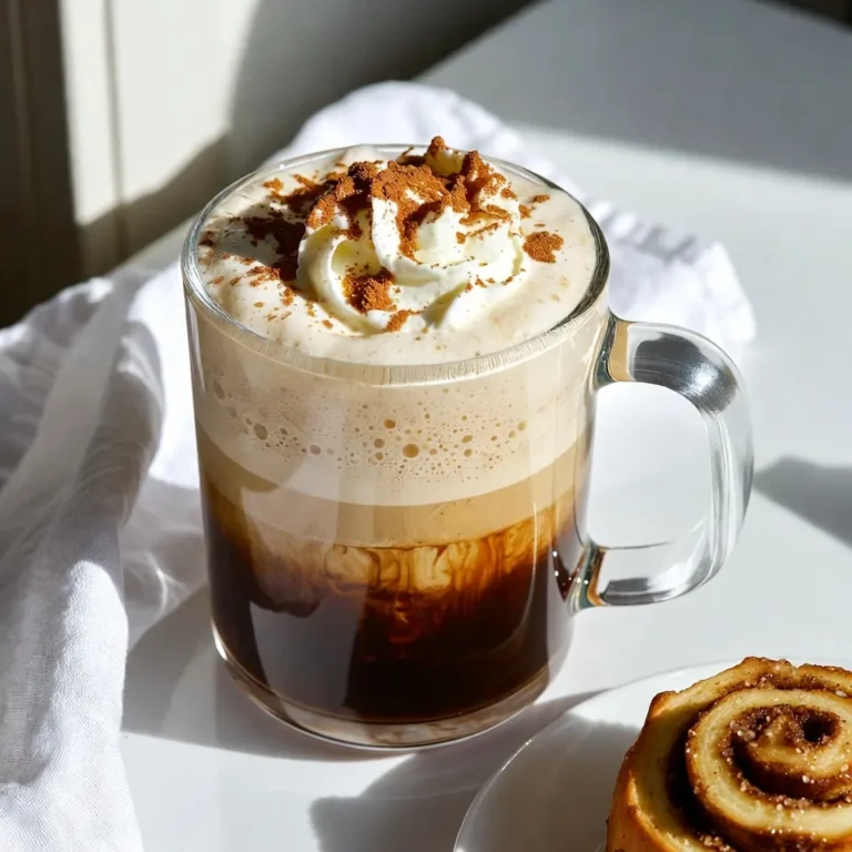 To make a delicious Cinnamon Roll Latte, you need these key ingredients: - 1 cup freshly brewed espresso or strong coffee - 1 cup milk (your choice of dairy or non-dairy) - 1 tablespoon cinnamon syrup (store-bought or homemade) - 1 tablespoon pure vanilla extract - 1 tablespoon brown sugar (optional) - Whipped cream (for topping) - Ground cinnamon (for garnish) - Optional: a small cinnamon roll (for garnish) These simple ingredients come together to create a warm and cozy drink. When choosing cinnamon syrup, you have some great options. I recommend: - Monin: Known for their rich flavors and quality. - Torani: A popular choice with a variety of flavors. - Homemade: Making your own syrup is easy! Just mix sugar, water, and cinnamon. Using quality syrup will boost the flavor of your latte. You can use any milk for your Cinnamon Roll Latte. Here are some options: - Dairy Milk: Whole milk gives a creamy texture. - Almond Milk: A great option for a nutty flavor. - Oat Milk: Creamy and works well for frothing. - Soy Milk: A good choice for a rich taste. Choose the milk that fits your taste and diet. Each type adds its own twist to the latte. {{ingredient_image_2}} Start by brewing 1 cup of espresso or strong coffee. You can use any coffee maker. Just ensure the coffee is fresh. Once brewed, set it aside. This allows the flavors to settle perfectly. In a small saucepan, pour in 1 cup of milk. You can choose dairy or any non-dairy option. Add 1 tablespoon of cinnamon syrup and 1 tablespoon of pure vanilla extract. If you like it sweet, add 1 tablespoon of brown sugar. Gently whisk the mixture together. Heat it on medium, but do not let it boil. You want it to be hot and steamy. Once your milk mixture is steaming, it's time to froth. You can use a milk frother, an immersion blender, or just a whisk. Froth until the milk becomes light and airy. This texture gives your latte that creamy feel we all love. Grab a large mug and pour the brewed espresso or coffee in first. This is your strong base. Next, gently pour the frothy milk mixture on top. Watch as the two swirl together. It’s beautiful! Now, add a generous dollop of whipped cream on top. Finish with a sprinkle of ground cinnamon. For extra charm, serve a small cinnamon roll on the side. It’s the perfect pairing to enjoy with your latte! Making cinnamon syrup at home is easy and fun. Here’s what you need: - 1 cup water - 1 cup granulated sugar - 2 tablespoons ground cinnamon 1. In a saucepan, mix the water and sugar. 2. Stir it over medium heat until the sugar dissolves. 3. Add the ground cinnamon, then let it simmer for about 10 minutes. 4. Cool the syrup and strain it into a bottle. This syrup adds rich flavor to your latte. Store it in the fridge for up to two weeks. Frothing milk creates a creamy texture for your latte. Here are some tips: - Use fresh milk for the best froth. - Whole milk froths the best, but non-dairy options work too. - Heat the milk to about 150°F (65°C) for ideal frothing. - Froth until you see light, airy bubbles. You can use a milk frother, blender, or whisk. Practice makes perfect, so keep trying! A beautiful latte is a treat for the eyes. Here are some ideas: - Use a clear glass mug to show off your drink. - Top with whipped cream for a fluffy finish. - Dust ground cinnamon on top for a nice touch. - Add a cinnamon stick for stirring and style. These details make your cinnamon roll latte look as good as it tastes! Pro Tips Use Fresh Ingredients: Always opt for freshly brewed espresso or strong coffee to ensure the best flavor in your latte. Perfect Milk Froth: For a creamier texture, use whole milk or a non-dairy milk that foams well, like oat or almond milk. Customize Sweetness: Adjust the amount of brown sugar or omit it entirely based on your sweetness preference for a balanced taste. Garnish Creatively: Use a cinnamon stick not only as a garnish but also as a stirring tool for added flavor infusion. {{image_4}} To make an iced version, start with chilled espresso. Use the same ingredients but switch to cold milk. Mix the cinnamon syrup, vanilla, and sugar in a tall glass. Add ice cubes, then pour the espresso over the ice. Stir gently and top with frothed milk. Finish with whipped cream and a sprinkle of cinnamon. You can use different syrups for fun flavors. Try caramel, hazelnut, or maple syrup. Each will change the taste but keep that warm feel. Experiment to find your favorite mix. Just swap out the cinnamon syrup for your chosen flavor. This gives you a chance to be creative. For a dairy-free option, choose almond, oat, or coconut milk. Each type adds a unique flavor. Almond milk is nutty, while coconut milk is creamy. Use the same amount as regular milk in the recipe. Check labels for added sugars or flavors to keep it simple. Enjoy your cinnamon roll latte without the dairy! To keep your ingredients fresh, store them properly. Place any leftover cinnamon syrup in a sealed jar in the fridge. It can last for about two weeks. If you have extra milk, use it within a week. Check the date on the carton to be sure. If you have leftover cinnamon roll latte, you can reheat it. Pour the latte into a saucepan. Heat it gently on low. Stir often to avoid burning. You can also use a microwave, but heat it in short bursts. This way, you can enjoy your drink warm again. For homemade cinnamon syrup, let it cool before storing. Use a clean jar and pour the syrup inside. Seal it tightly and place it in the fridge. Always label the jar with the date. This will help you remember when you made it. A Cinnamon Roll Latte is a warm drink that combines espresso, milk, and cinnamon syrup. It tastes just like a cinnamon roll in a cup. You get the rich, bold flavor of coffee with sweet and spicy notes from cinnamon. The mixture of whipped cream on top adds a nice touch, making it feel special. Yes, you can make a Cinnamon Roll Latte without espresso. Just use strong brewed coffee instead. It will still taste great! You can also try using decaf coffee if you want a caffeine-free option. The cinnamon syrup and milk will still give you that lovely flavor profile. Cinnamon offers several health benefits. It may help lower blood sugar levels and reduce inflammation. It also has antioxidants that can protect your body. Plus, cinnamon can improve heart health by lowering cholesterol. Adding it to your diet can be tasty and good for you. Many cafes and coffee shops offer Cinnamon Roll Lattes. Look for places that have a special drink menu. Some chain coffee shops may also have seasonal versions. If you want a unique twist, check out local cafés or bakeries. They often have their own take on this delicious drink. Absolutely! You can adjust the sweetness level to your taste. If you prefer a sweeter drink, add more brown sugar or use flavored syrups. If you like it less sweet, skip the sugar altogether. The beauty of making a Cinnamon Roll Latte at home is that you can make it just the way you like it! In this article, we explored how to craft a delicious Cinnamon Roll Latte. We broke down the key ingredients, shared step-by-step instructions, and offered tips to enhance your drink. Variations let you enjoy this treat in different ways, whether hot or cold. Finally, we discussed storage methods for leftover ingredients and syrup. Remember, making this latte at home is fun and rewarding. Experiment with flavors and ingredients to find your perfect mix. Enjoy every sip!