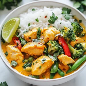 To make your Min Coconut Chicken Curry, you need these key items: - 1 lb (450g) boneless chicken thighs, cut into bite-sized pieces - 1 can (400ml) coconut milk - 2 tablespoons red curry paste - 1 tablespoon fresh ginger, grated - 4 cloves garlic, minced - 1 medium onion, finely chopped - 1 bell pepper (red or yellow), sliced - 1 cup broccoli florets - 1 cup snap peas - 2 tablespoons fish sauce (or soy sauce for a vegetarian option) - 1 tablespoon brown sugar - Juice of 1 lime - Fresh cilantro, for garnish - Salt and pepper to taste - 2 tablespoons vegetable oil for cooking You can make this curry your own with these extras: - Add diced carrots for a sweet crunch. - Use spinach for a nutrient boost. - Toss in some chopped tomatoes for added acidity. - Try different curry pastes like green or yellow for unique flavors. If you can't find an ingredient, here are some swaps: - Use chicken breast instead of thighs for a leaner option. - Swap coconut milk with almond or soy milk for a lighter base. - Use vegetable broth instead of fish sauce for a vegan twist. - Replace lime juice with lemon juice for a similar brightness. This ingredient list gives you the tools to create a tasty, vibrant dish. Enjoy experimenting with flavors and making it your own! {{ingredient_image_2}} First, get all your ingredients ready. This makes cooking smooth and fun. You will need chicken, coconut milk, red curry paste, ginger, garlic, onion, bell pepper, broccoli, snap peas, fish sauce, brown sugar, lime, cilantro, salt, and pepper. The total time to make this dish is about 30 minutes. 1. Heat 2 tablespoons of vegetable oil in a large skillet over medium heat. 2. Add the finely chopped onion, minced garlic, and grated ginger. Cook for 2-3 minutes. You want them to smell great. 3. Mix in 2 tablespoons of red curry paste and cook for 1 minute. This helps the flavors come alive. 4. Now, add 1 pound of bite-sized chicken thighs. Season with salt and pepper. Cook for 5-7 minutes until the chicken is brown. 5. Pour in 1 can of coconut milk. Stir well to mix the curry paste and milk. 6. Add 2 tablespoons of fish sauce (or soy sauce) and 1 tablespoon of brown sugar. Let it simmer gently. 7. Toss in 1 sliced bell pepper, 1 cup of broccoli florets, and 1 cup of snap peas. Cook for 5-7 minutes until the veggies are tender. 8. Squeeze the juice of 1 lime into the curry. Taste and adjust seasoning with more salt or lime juice if needed. 9. Remove from heat and garnish with fresh cilantro. Serve your Tropical Coconut Chicken Curry over jasmine rice or quinoa. The rice soaks up the lovely sauce. Add a sprinkle of cilantro on top for color. Lime wedges on the side add a fresh taste with each bite. Enjoy your meal! To boost the flavor of your Min Coconut Chicken Curry, consider these simple tips: - Use fresh ingredients when possible. Fresh ginger and garlic make a big difference. - Add a pinch of salt while cooking to bring out the flavors. - Experiment with herbs like basil or mint for a fresh twist. - Use fresh lime juice right before serving. It adds brightness and depth. To ensure your chicken is tender and juicy, follow these steps: - Start with boneless chicken thighs. They stay moist during cooking. - Cook chicken on medium heat. This helps it brown evenly. - Avoid overcrowding the pan. Cook in batches if needed. This prevents steaming. - Check for doneness. Chicken should reach an internal temperature of 165&deg;F. To maintain the best texture in your coconut chicken curry, keep these points in mind: - Add vegetables at the right time. Add them after the chicken is mostly cooked. - Stir gently. This helps keep the chicken pieces intact. - Don&rsquo;t overcook the veggies. They should be tender but still crisp. - Serve immediately. This ensures that everything stays fresh and vibrant. Pro Tips Marinate for More Flavor: For an extra depth of flavor, marinate the chicken in lime juice, ginger, and garlic for at least 30 minutes before cooking. Customize the Veggies: Feel free to swap in your favorite vegetables like zucchini, carrots, or spinach based on what you have on hand or prefer. Adjust Spice Level: If you like more heat, add some chopped fresh chili or a dash of chili flakes when cooking the curry. Leftover Delight: This curry tastes even better the next day! Store leftovers in an airtight container in the fridge for up to 3 days. {{image_4}} You can easily make this dish vegetarian or vegan. Replace chicken with firm tofu. Cut tofu into small cubes. Saut&eacute; it until golden brown. Use soy sauce instead of fish sauce. This keeps the flavor rich and savory. You can add more veggies for texture. Try using mushrooms, eggplant, or zucchini. These changes make the curry just as delicious. If you want different proteins, consider shrimp or chickpeas. Shrimp cooks quickly and adds a nice taste. Chickpeas are perfect for a hearty option. They soak up the curry flavors well. Adjust cooking time for shrimp; it only takes a few minutes. For chickpeas, add them with the vegetables. They will soften in the curry sauce. You can change the flavor by adding new spices. Try turmeric for a warm taste. Cumin can give it an earthy depth. For a kick, add a pinch of cayenne pepper. You can also mix in fresh herbs like basil or mint. Each of these changes adds a unique twist to your curry. Don&rsquo;t be afraid to experiment! To keep your Min Coconut Chicken Curry fresh, store it in an airtight container. Allow the curry to cool down first. This prevents steam from making it soggy. Place the container in the fridge within two hours of cooking. Properly stored, it can last for three to four days. You can freeze the curry for longer storage. Just pour it into a freezer-safe container. Leave some space at the top for expansion. It can stay good for up to three months. When you&rsquo;re ready to eat, thaw it overnight in the fridge. Reheat it on the stove over low heat. Stir often to heat it evenly. You can also use the microwave; just be sure to cover it to avoid splatters. Always check for signs of spoilage before eating. If the curry smells off or looks strange, it&rsquo;s best to throw it away. Remember to reheat leftovers to at least 165&deg;F (74&deg;C) to kill any bacteria. Enjoy your curry while it&rsquo;s fresh for the best flavor! The best way to reheat coconut chicken curry is on the stove. Pour the curry into a pot. Heat it on low to medium heat. Stir often until it bubbles. This keeps the chicken juicy and the sauce creamy. You can also use a microwave. Transfer the curry to a microwave-safe bowl. Cover it with a lid or wrap. Heat in short bursts, stirring in between. This method works well too. Yes, you can use different vegetables in this curry. Feel free to add your favorites. Carrots, zucchini, or baby corn work great. Just cut them into bite-sized pieces. You can also mix in spinach or kale. Add leafy greens near the end to keep them bright. The goal is to keep a balance of flavors and textures. You can serve coconut chicken curry with many sides. Jasmine rice is a classic choice. It soaks up the sauce well. Quinoa is a great healthy option too. You can also pair it with naan bread. This adds a nice touch to your meal. For a refreshing side, consider a simple salad. To adjust the spiciness, start with less red curry paste. Add a little at a time while cooking. You can always add more, but it&rsquo;s hard to take it out. If the curry is too spicy, add more coconut milk. This will cool down the heat. Squeeze in some additional lime juice for balance, too. We covered the key ingredients and steps for making coconut chicken curry. You learned about optional ingredients, common substitutions, and cooking techniques to enhance flavor. I shared tips for perfect texture and served suggestions. We also explored variations, storage info, and answered frequently asked questions. Now, you have the tools to create your own delicious curry. Enjoy experimenting with flavors and make it your own!