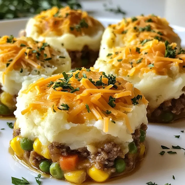 - 1 lb ground beef or lamb - 1 cup frozen mixed vegetables (peas, carrots, corn) - 1 small onion, finely chopped - 2 cloves garlic, minced - 1 tablespoon tomato paste - 1 tablespoon Worcestershire sauce To create easy mini shepherd's pies, start with the main ingredients. Ground beef or lamb forms the base. I prefer beef for its rich flavor. Frozen mixed vegetables add color and nutrients. Onions and garlic give depth to the dish. Tomato paste and Worcestershire sauce provide a savory kick. - 1 teaspoon dried thyme - 1/2 teaspoon salt - 1/4 teaspoon black pepper Seasonings enhance the flavor. Dried thyme brings a warm, earthy note. Salt boosts all the tastes. Black pepper adds a touch of heat. These seasonings make the filling pop. - 2 cups creamy mashed potatoes (prepared with butter and milk) - 1/2 cup shredded sharp cheddar cheese - Olive oil for sautéing Toppings are just as important. Creamy mashed potatoes create a comforting layer. I always use butter and milk for richness. Sharp cheddar cheese gives a nice crust on top. Olive oil is essential for sautéing the onions and garlic. {{ingredient_image_2}} 1. First, preheat your oven to 400°F (200°C). This makes sure it’s hot for baking. 2. Next, grab a large skillet. Pour in 1 tablespoon of olive oil and heat it over medium heat. 3. Once the oil shimmers, add 1 small finely chopped onion and 2 minced garlic cloves. Sauté for about 3-4 minutes. The onion should turn translucent and smell great. 1. Now, add 1 pound of ground beef or lamb to the skillet. Cook the meat for 5-7 minutes. Use a spatula to break it into small pieces. 2. Drain any extra fat to keep your dish light and tasty. 3. Mix in 1 tablespoon of tomato paste and 1 tablespoon of Worcestershire sauce. Add 1 teaspoon of dried thyme, ½ teaspoon of salt, and ¼ teaspoon of black pepper. Stir well to combine all the flavors. 4. Then, fold in 1 cup of frozen mixed vegetables. Let this cook for an additional 3-4 minutes until everything is warm. 1. Prepare a muffin tin by lightly greasing it. 2. Spoon the meat mixture evenly into each muffin cup, filling them halfway. 3. Add a dollop of creamy mashed potatoes on top. Use the back of a spoon to smooth them out. 4. Sprinkle ½ cup of shredded sharp cheddar cheese on each mini pie for a cheesy crust. 5. Place the muffin tin in the preheated oven. Bake for 20-25 minutes until the tops are golden and the cheese is bubbly. 6. After baking, let the mini shepherd's pies cool for a few minutes. Use a spoon to lift each pie out carefully. To ensure even cooking of meat, break it into small pieces. This helps it cook quickly and evenly. Use a spatula to stir the meat while it cooks. Keep an eye on the heat to avoid burning. For fluffy mashed potatoes, use warm milk and softened butter. This mix makes them creamy and smooth. Mash the potatoes well but do not overwork them. A few lumps can add character to your dish. For a lovely presentation, serve the mini shepherd's pies on a rustic wooden board. Add a sprinkle of fresh herbs like parsley or thyme on top. This adds color and freshness. Pair these pies with a simple green salad or steamed vegetables. A light, tangy vinaigrette will balance the richness of the pies. You can swap out the ground beef or lamb for chicken or turkey. This change gives a lighter taste. For a vegetarian option, use lentils or mushrooms instead. Adjust the seasonings to fit your taste. Try adding more thyme or even a pinch of paprika for some heat. You can also switch up the vegetables based on what you like best. Pro Tips Flavor Boost: For an extra depth of flavor, consider adding a splash of red wine to the meat mixture while it cooks. This enhances the savory notes and complements the richness of the meat. Vegetable Variations: Feel free to customize the frozen mixed vegetables based on your preference or what's in season. Broccoli, bell peppers, or green beans can add vibrant color and texture. Mashed Potato Magic: For creamier mashed potatoes, use cream cheese or sour cream in addition to butter and milk. This will give your topping a luscious texture. Storage Savvy: These mini shepherd's pies can be made ahead and stored in the freezer. Just reheat them in the oven for a quick and convenient meal on busy days. {{image_4}} You can switch the meat for chicken or turkey. Both options give a lighter flavor. Ground turkey can work well in this dish. If you want a vegan or vegetarian version, use lentils or mushrooms. These options make the dish hearty and filling without meat. To add extra flavor, consider using spices or herbs. You can sprinkle in paprika or rosemary for a twist. Fresh herbs like parsley or chives can brighten the dish. Adding different cheeses also changes the flavor. Try using mozzarella for a gooey texture or feta for a tangy kick. You can make a full-sized shepherd's pie instead of mini ones. Use a baking dish and layer it like the mini version. If you want to try different baking dishes, you can use ramekins or even a cast-iron skillet. Each format gives a unique look and feel to your meal. To store your mini shepherd's pies, let them cool first. This step helps keep the texture right. Place them in an airtight container. Use a glass or plastic container with a tight lid. They can stay fresh in the fridge for up to three days. You can freeze these pies before or after baking. If freezing before baking, assemble the pies in the muffin tin. Cover the tin with plastic wrap and freeze until solid. Once frozen, transfer the pies to a freezer bag. If freezing after baking, let them cool completely. Then, wrap each pie in plastic wrap and put them in a freezer bag. They can last for up to three months in the freezer. To reheat, the oven is best. Preheat it to 350°F (175°C). Place the mini pies on a baking sheet. Heat for about 15-20 minutes, or until they are warm and the cheese is melty. You can also use a microwave, but the oven keeps the crust crispy. If using the microwave, heat for 1-2 minutes on high. Enjoy your tasty mini shepherd's pies just like fresh! Mini shepherd's pies can last in the fridge for about 3 to 4 days. Make sure to store them in an airtight container. This keeps them fresh and tasty. If you want to keep them longer, consider freezing them instead. Yes, you can make mini shepherd's pies ahead of time. You can prepare the meat mixture and mashed potatoes separately. Store them in the fridge for up to 2 days. When you are ready to bake, just assemble and pop them in the oven. If you're looking for a substitute for mashed potatoes, try cauliflower mash. It has a similar texture and is low in carbs. You can also use sweet potatoes for a sweeter taste. Another option is polenta, which adds a nice creaminess. In this blog post, we explored making delicious mini shepherd's pies, starting from key ingredients like ground beef and mixed vegetables to tasty toppings. We covered step-by-step instructions, cooking tips, and customization options to make the dish your own. These mini pies are easy to cook and perfect for any meal. You can even store and reheat them for future enjoyment. With all the tips and variations provided, you now have everything you need to create a tasty dish that everyone will love. Enjoy your cooking adventure!