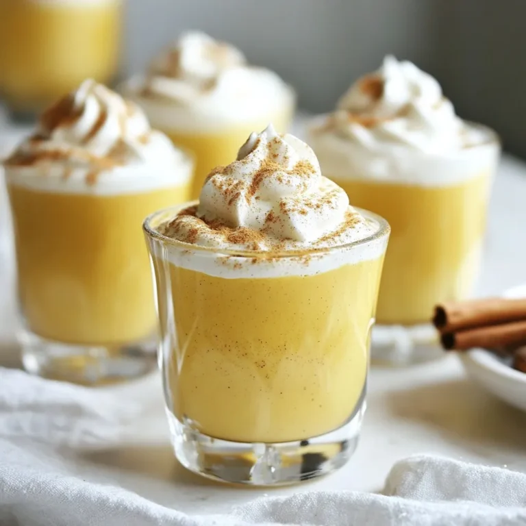 - 4 cups whole milk - 1 cup heavy cream - 3/4 cup pure pumpkin puree - 1/2 cup granulated sugar - 4 large eggs - 1 teaspoon pure vanilla extract - 1 teaspoon ground cinnamon - 1/2 teaspoon ground nutmeg - 1/4 teaspoon ground ginger - Pinch of salt - Whipped cream for garnish - Additional ground cinnamon or nutmeg for serving For this pumpkin spice eggnog, you need simple, fresh ingredients. Whole milk and heavy cream create a rich base. Pumpkin puree adds that smooth, earthy flavor. Granulated sugar sweetens the drink, while large eggs give it a creamy texture. The vanilla extract brings warmth. Ground cinnamon, nutmeg, and ginger add the classic pumpkin spice taste. A pinch of salt balances the sweetness. Don't forget the whipped cream! It makes your eggnog look festive. You can also sprinkle extra spices on top for a finishing touch. When you gather these ingredients, you set the stage for a cozy drink. This eggnog is perfect for gatherings or a quiet night in. Each sip will remind you of the best parts of fall. {{ingredient_image_2}} To start, grab a medium saucepan. Pour in 4 cups of whole milk and 1 cup of heavy cream. Then, add 3/4 cup of pure pumpkin puree for that rich flavor. Next, stir in 1/2 cup of granulated sugar, 1 teaspoon of ground cinnamon, 1/2 teaspoon of ground nutmeg, and 1/4 teaspoon of ground ginger. Don’t forget a pinch of salt! Heat this mixture over medium heat. Stir constantly until it warms up, but do not let it boil. Once it's warm, remove it from heat. In a separate bowl, crack 4 large eggs. Whisk them well until they look light and frothy. This step is key! Whisking adds air and helps make your eggnog fluffy. Now, we must temper the eggs. This means adding a little of the warm milk mixture to the eggs slowly while whisking. This helps to raise the egg temperature gently. Doing this prevents the eggs from scrambling. Now it's time to combine everything. Pour the tempered egg mixture back into the saucepan with the warm milk. Whisk it all together until it’s smooth. Place the saucepan back on low heat. Cook this mixture for about 5 to 7 minutes. Stir constantly until it thickens a bit and coats the back of a spoon. This shows it’s ready! Remove from heat and stir in 1 teaspoon of pure vanilla extract. Let it cool at room temperature. After that, chill it in the fridge for at least 2 hours. When ready, serve it cold in glasses with whipped cream on top! To get the best texture in your pumpkin spice eggnog, whisking is key. You must whisk constantly when heating the milk mix. This helps keep the mixture smooth and prevents lumps. Should you use fresh or canned pumpkin? I find that canned pumpkin puree works great. It has a smooth texture and rich flavor. Fresh pumpkin can be watery and may change the taste. For a stunning presentation, garnish your eggnog with whipped cream. A sprinkle of ground cinnamon or nutmeg adds a festive touch. You can even use a cinnamon stick as a stirrer. Choose clear glassware for serving. Decorative mugs also work well. They add charm and warmth to your holiday table. To enhance the flavor, chill your eggnog before serving. It tastes even better after a few hours in the fridge. Make sure to chill it for at least two hours. For storage, use an airtight container. Keep it in the fridge to ensure freshness. Your eggnog should stay good for up to three days. Pro Tips Use Fresh Pumpkin Puree: For the best flavor, consider using fresh pumpkin puree instead of canned. Roast a small pumpkin and blend it until smooth for a richer taste. Chill Thoroughly: Allow the eggnog to chill in the refrigerator for at least 2 hours. This enhances the flavors and gives a refreshing cold drink perfect for serving. Experiment with Spices: Feel free to add other spices like cloves or allspice to customize the flavor profile of your eggnog to your liking. Serve in Style: Present the eggnog in festive glasses or mugs and garnish with a cinnamon stick or a sprinkle of edible gold dust for a luxurious touch. {{image_4}} You can make pumpkin spice eggnog for adults by adding bourbon or rum. This gives it a warm kick. Just pour in about 1 ounce of your choice of liquor per glass. Stir it in well. For kids, skip the alcohol. Instead, add a splash of vanilla or extra cinnamon for flavor. For a dairy-free treat, use almond milk or coconut cream. Both options create a creamy texture. You may want to adjust the spices a bit. Almond milk has a nutty taste, while coconut cream adds a tropical twist. You can explore other spices like clove or allspice. They add depth to the flavor. You can even mix in chocolate or caramel for a fun twist. Just remember to keep the balance right. Too many flavors can overpower the pumpkin. To keep your pumpkin spice eggnog fresh, use airtight containers. Glass jars or plastic containers work well. Make sure to leave space at the top, as the eggnog may expand when frozen. Store the eggnog in the fridge at 40°F (4°C) or lower. This keeps it safe and tasty. Pumpkin spice eggnog lasts about 3 to 5 days in the fridge. After that, it may spoil. Signs it has gone bad include an off smell, strange color, or separation. If you notice any of these signs, it's best to toss it out to stay safe. Yes, you can freeze pumpkin spice eggnog! To do this, pour it into freezer-safe containers. Leave some space at the top for expansion. When ready to enjoy, thaw it in the fridge overnight. Avoid using a microwave, as it can change the texture. After thawing, stir well before serving to mix everything nicely. Pumpkin spice eggnog is a creamy holiday drink. It blends rich eggnog with pumpkin puree and warm spices. You taste hints of cinnamon, nutmeg, and ginger in each sip. This drink feels festive and cozy, perfect for chilly nights. You can enjoy it hot or cold, depending on your mood. Yes, you can find ready-made pumpkin spice eggnog in stores. Brands like Organic Valley and Southern Comfort offer tasty options. These brands often sell their eggnog in fall and winter months. Check your local grocery store or order online to find it. To make eggnog less sweet, cut back on sugar in the recipe. You can try using half the amount of sugar. Another option is to use alternative sweeteners. Stevia or monk fruit sweetener can add sweetness without the calories. Adjusting these ingredients helps you enjoy a more balanced flavor. You’ve learned how to make delicious pumpkin spice eggnog from scratch. We covered the key ingredients, mixing and cooking steps, and helpful tips for the perfect texture. We also explored fun variations and storage methods to keep your drink fresh. Now it’s your turn to impress friends and family with this tasty treat. Enjoy experimenting with flavors or serving suggestions. Whether you stick to the classic or try something new, happy sipping!