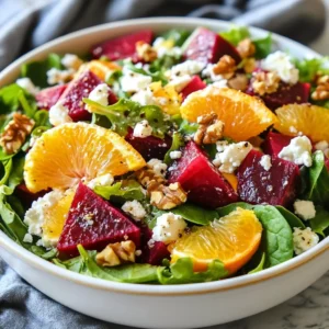 To make this salad, gather these fresh ingredients: - 2 medium-sized beets, roasted and diced - 4 cups of mixed greens (spinach, arugula, and romaine) - 1 cup of feta cheese, crumbled - 1 large orange, segmented into pieces - 1 large grapefruit, segmented into pieces - 1/4 cup of walnuts, toasted and roughly chopped - 2 tablespoons of extra-virgin olive oil - 1 tablespoon of balsamic vinegar - 1 tablespoon of honey - Salt and freshly ground black pepper, to taste Choosing fresh ingredients is key for great flavor. Here are my tips: - Beets: Look for firm, smooth, and unblemished beets. Avoid soft or shriveled ones. - Greens: Choose vibrant, crisp greens without brown spots. Freshness matters! - Feta Cheese: Opt for blocks of feta over crumbled for better texture. - Citrus: Select oranges and grapefruits that feel heavy for their size. They should have smooth skin. - Walnuts: Buy unsalted and raw walnuts for the best crunch. This salad not only tastes great but also offers many nutrients. Here&rsquo;s a quick look: - Beets: High in fiber and vitamins A and C. - Mixed Greens: Provide vital vitamins and minerals. - Feta Cheese: Adds calcium and protein. - Citrus: Packed with vitamin C and antioxidants. - Walnuts: Good source of healthy fats and protein. This salad gives you a balance of flavors and nutrients. Enjoy every bite! {{ingredient_image_2}} Start by preheating your oven to 400&deg;F (200&deg;C). Wrap each unpeeled beet in aluminum foil. Place the wrapped beets on a baking sheet. Roast them for 45-60 minutes. Check if they&rsquo;re done by piercing with a fork. Let the beets cool slightly before peeling. Once cool, dice the beets into bite-sized cubes. In a large bowl, mix the greens. Add the diced roasted beets to the greens. Next, add the orange and grapefruit segments. Then, crumble the feta cheese over the top. Gently fold all the ingredients together. Be careful not to crush the feta as you mix. In a small bowl, whisk together the olive oil. Add the balsamic vinegar and honey to the bowl. Season with salt and freshly cracked black pepper. Mix until the dressing is well combined. Drizzle the dressing over the salad. Using tongs, gently toss to coat the salad evenly. Finally, top with toasted walnuts for crunch. Roasting beets is simple. First, preheat your oven to 400&deg;F (200&deg;C). Wrap each beet in foil. This keeps moisture in. Place them on a baking sheet. Roast for 45 to 60 minutes. You&rsquo;ll know they are done when a fork slides in easily. Let them cool before peeling. The skin comes off easily once they are cool. Dice them into small cubes to add to your salad. This method brings out their sweet flavor. This salad shines when served fresh. Use a large platter to display it beautifully. Start with a base of mixed greens. Layer the roasted beets and citrus segments on top. Crumble feta cheese over it all. Finally, sprinkle with toasted walnuts for crunch. For extra flair, garnish with citrus slices or fresh herbs like mint. This adds color and a fresh twist. Serve your salad alongside grilled chicken or fish for a complete meal. Avoid cooking beets too long; they can become mushy. Check them at 45 minutes to avoid this. Don&rsquo;t skip peeling them before dicing; the skin can taste bitter. When mixing the salad, handle the feta gently. Crushing it can make the salad less appealing. Lastly, dress the salad just before serving. This keeps the greens crisp and fresh. Following these tips ensures a delightful beet and feta salad every time! Pro Tips Roasting Beets: To enhance the natural sweetness of beets, roast them until they're tender. Wrapping them in foil helps retain moisture and flavor. Segmenting Citrus: For perfectly segmented citrus, use a sharp knife to cut away the peel and pith, then slice between the membranes to release the segments without any bitter bits. Preparing Ahead: Assemble all ingredients except the dressing and walnuts ahead of time. Toss everything together right before serving to keep the greens crisp. Choosing Greens: Mixing different types of greens, like spinach, arugula, and romaine, adds a variety of textures and flavors, making your salad more interesting. {{image_4}} You can easily swap some ingredients in this salad. For the beets, try roasted sweet potatoes. They add a sweet touch. If you don&rsquo;t have feta, goat cheese works well. It adds a nice creaminess too. For greens, any sturdy leafy vegetable can work. Think kale or Swiss chard for a different flavor. Want to make this salad heartier? Add protein! Grilled chicken or shrimp pairs nicely with the flavors. For a plant-based option, use chickpeas or lentils. They add texture and nutrients without changing the taste much. Tofu or tempeh are great choices too. Just marinate them for extra flavor. Change this salad with the seasons! In spring, add fresh peas or asparagus. They bring a crisp bite. Summer is perfect for berries. Strawberries or blueberries add a fun twist. In fall, try adding roasted pumpkin. It gives a warm, earthy flavor. Winter is great for pomegranate seeds. Their burst of juice brightens up any plate. To keep your beet and feta salad fresh, store it in an airtight container. Make sure to separate the dressing if you have leftovers. The greens can wilt if mixed with the dressing. Place the salad in the fridge. It will stay good for about 2 days. For the best taste, store the beets and feta separately. Beets can last in the fridge for up to a week. Keep feta cheese in its brine or a small amount of water. This helps keep it fresh. Citrus fruits can last for about a week at room temperature or longer in the fridge. This salad is best served cold. If you want to enjoy it warm, heat the beets separately. Use a microwave or a stove. Once warm, let them cool a bit before mixing them back into the salad. Add fresh greens and nuts just before serving to keep them crisp. Yes, you can use canned beets. They save time and still taste good. Just drain and rinse them first. Cut them into bite-sized pieces. This makes your salad quick and easy. You can switch up the greens for variety. Try using kale, baby spinach, or even mixed spring greens. Each adds a unique taste and texture. Just make sure they are fresh and crisp for the best bite. To make this salad vegan, skip the feta cheese. You can use avocado for creaminess or replace it with tahini dressing. This keeps the salad rich and tasty while staying plant-based. This blog post covered how to make a Beet & Feta Citrus Salad. We discussed key ingredients, like fresh beets and feta cheese. You learned how to prep the beets and make a tasty dressing. I shared tips on avoiding common mistakes and ideas for variations. Storing leftovers and keeping ingredients fresh are also important points. Experiment with this salad to suit your taste. Enjoy your cooking and the vibrant flavors this dish brings!