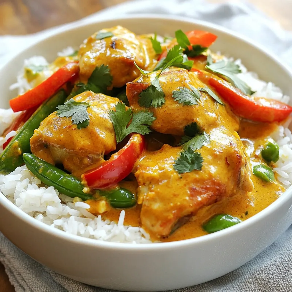 To create this Thai Peanut Curry Chicken, you'll need a few simple ingredients. Each one brings its own flavor to the dish. Here’s what you will need: - 1 lb boneless chicken thighs, cut into bite-sized pieces - 1 cup rich coconut milk - 1/2 cup smooth creamy peanut butter - 2 tablespoons red curry paste - 1 tablespoon soy sauce - 1 tablespoon brown sugar - 1 red bell pepper, thinly sliced - 1 cup snap peas, trimmed - 2 cloves garlic, finely minced - 1 tablespoon fresh ginger, grated - Fresh cilantro leaves, for garnish - Cooked jasmine rice, for serving These ingredients blend well together. The chicken provides protein. The coconut milk adds creaminess. Peanut butter enriches the flavor. Red curry paste gives it a nice kick. Soy sauce adds saltiness, while brown sugar balances the taste. Fresh vegetables keep it colorful and crisp. When you gather these items, you set yourself up for a tasty meal. Each ingredient plays a role in making this curry shine. Enjoy the process of cooking with these fresh ingredients! {{ingredient_image_2}} Sautéing Aromatics Start by heating 1 tablespoon of oil in a large skillet over medium heat. Add 2 cloves of minced garlic and 1 tablespoon of grated ginger. Sauté these for about 1 minute until they smell great. Be careful not to let them burn. This step adds a lovely base flavor to your curry. Cooking Chicken Next, add 1 pound of bite-sized chicken thighs to the skillet. Cook them for 5-7 minutes. Stir occasionally until the chicken turns golden brown and is fully cooked. This gives great texture and flavor to your dish. Adding Curry Ingredients Now, it’s time to add the real magic. Toss in 2 tablespoons of red curry paste. Stir it with the chicken for 1 minute to mix the flavors. Then, pour in 1 cup of rich coconut milk, along with 1/2 cup of smooth peanut butter, 1 tablespoon of soy sauce, and 1 tablespoon of brown sugar. Mix until the peanut butter dissolves and everything is smooth. Simmering the Dish Fold in 1 sliced red bell pepper and 1 cup of trimmed snap peas. Raise the heat a little and let everything simmer gently. This should take about 10-15 minutes. The chicken should be fully cooked, and the veggies should be tender but still crisp. Taste your curry and adjust the seasoning if needed. You can add more soy sauce for saltiness or more brown sugar for sweetness. Now, your Thai Peanut Curry Chicken is ready to serve! Enjoy it over warm jasmine rice and garnish with fresh cilantro leaves for a bright finish. To get a smooth sauce, mix the peanut butter well with the coconut milk. Start with warm coconut milk for easier blending. If the curry is too thick, add a splash of water or broth. For a thinner sauce, stir in more coconut milk until you reach the right texture. Add extra layers of flavor by using fresh herbs. Try adding lime juice or zest for brightness. A dash of fish sauce can boost umami taste. If you love heat, add sliced chili peppers or red pepper flakes. Feel free to adjust the sweetness with more brown sugar or a drizzle of honey. Don’t rush the cooking. Sauté garlic and ginger slowly to release their flavors. Avoid adding too much soy sauce at once; it can make the dish too salty. Always taste before serving. Adjust seasoning as needed for a balanced flavor. If you overcook the veggies, they'll lose their crunch, so keep an eye on them. Pro Tips Use Fresh Ingredients: Fresh garlic and ginger will enhance the flavor profile of your curry, providing a more aromatic and vibrant dish. Adjust the Heat: If you prefer a spicier curry, add more red curry paste or include some chopped fresh chili peppers to suit your taste. Customize Your Vegetables: Feel free to swap in or add your favorite vegetables like broccoli, carrots, or zucchini for added nutrition and variety. Make it Ahead: This curry can be made in advance and stored in the refrigerator for up to 3 days. The flavors will deepen as it sits! {{image_4}} Different Proteins You can swap chicken thighs for other meats. Chicken breasts work great, too. For a unique twist, try shrimp or pork. If you prefer a lighter option, turkey is also tasty. Each protein adds a different flavor and texture. Cook them just until done for the best results. Vegetarian/Vegan Options If you want a plant-based dish, you can use tofu or tempeh. Both absorb flavors well and give great texture. You can also add chickpeas for added protein. For a heartier meal, try adding more veggies, like carrots or zucchini. This makes the curry filling and nutritious. Spice Level Adjustments To change the heat, adjust the red curry paste. For milder flavor, use less paste or choose a mild brand. If you like heat, add more paste or some chili flakes. Fresh chilis can also bring a nice kick. Just remember to taste as you go to find your perfect spice level. Refrigeration Guidelines You can store leftover Thai Peanut Curry Chicken in the fridge. Use an airtight container to keep it fresh. It will last about three to four days. When you are ready to eat, just take it out and enjoy! Freezing Instructions To freeze, place the curry in a freezer-safe container. Make sure to leave some space at the top for expansion. You can freeze it for up to three months. When you want to eat it, thaw it in the fridge overnight. Reheating Tips To reheat, place the curry in a saucepan over medium heat. Stir it often to heat it evenly. You can also use the microwave. Heat it in a microwave-safe bowl and cover it loosely. Heat in short bursts, stirring in between, until it is hot. Enjoy your meal again! How to make Thai Peanut Curry Chicken spicier? To make this dish spicier, add more red curry paste. You can also use fresh chilies. Sliced Thai bird chilies work well. Start with a small amount and taste as you go. This way, you can control the heat level. Some like it hot, while others prefer mild. Can I use another type of nut butter? Yes, you can use almond or cashew butter. Each nut butter brings a unique flavor. However, choose a smooth version for the best texture. Be aware that each nut butter may change the flavor slightly. Experiment to find what you enjoy the most. What to serve with Thai Peanut Curry Chicken? Serve this curry with warm jasmine rice. The rice soaks up the rich sauce well. You could also pair it with quinoa or rice noodles. For a fresh touch, add a side salad or steamed veggies. This balances the meal and adds extra nutrients. You now have a clear guide to making Thai Peanut Curry Chicken. We covered the key ingredients, like chicken and coconut milk, and the cooking steps, from sautéing to simmering. Remember the tips for perfecting the dish and consider variations for added flavor. Don't forget to store leftovers properly for future meals. I hope you feel ready to try this recipe and make it your own. Happy cooking!