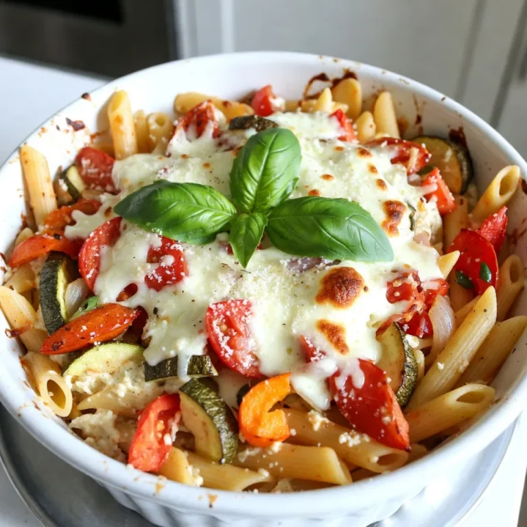 For the base of this dish, I use: - 12 oz penne pasta - 1 tablespoon olive oil - 1 can (14 oz) diced tomatoes, including juice These ingredients form the heart of the casserole. The penne pasta holds the sauce well, while the diced tomatoes add a juicy, tangy flavor. I love adding fresh veggies to enhance the taste. Here's what I use: - 1 medium onion, diced - 3 cloves garlic, minced - 1 bell pepper, chopped (any color) - 1 medium zucchini, diced - 1 teaspoon dried oregano - 1 teaspoon dried basil - 1 teaspoon red pepper flakes (optional, for heat) - Salt and pepper to taste These vegetables bring color and nutrients. Onions and garlic add depth. Bell peppers and zucchini provide crunch and freshness. The herbs tie everything together with their fragrant notes. Cheese is key to a creamy casserole. I choose: - 2 cups ricotta cheese - 1 cup shredded mozzarella cheese, divided - 1 cup grated Parmesan cheese Ricotta gives a rich texture. Mozzarella melts beautifully, while Parmesan adds a sharp taste. This mix ensures a creamy, cheesy delight in every bite. {{ingredient_image_2}} First, set your oven to 375°F (190°C). This step warms the oven for even cooking. Next, boil a large pot of salted water. Add 12 oz of penne pasta. Cook it until it's al dente. This usually takes about 8-10 minutes. Then, drain the pasta and set it aside. In a large skillet, heat 1 tablespoon of olive oil over medium heat. Add 1 diced onion and cook it for 3-4 minutes. Wait until the onion turns translucent and gives off a nice smell. Then, stir in 3 minced garlic cloves, 1 chopped bell pepper, and 1 diced zucchini. Cook these for another 5 minutes. Make sure the veggies are tender and bright. Now, add a can of diced tomatoes (14 oz), along with their juice. Sprinkle in 1 teaspoon of dried oregano, 1 teaspoon of dried basil, and optional red pepper flakes for heat. Season with salt and pepper. Let this simmer for about 5 minutes, stirring occasionally for the flavors to mix well. In a large mixing bowl, combine the cooked pasta with the veggie mix. Add 2 cups of ricotta cheese and half of the 1 cup of shredded mozzarella. Mix until everything is well blended. Pour the pasta mixture into a greased 9x13-inch baking dish. Spread it out evenly. This helps everything cook evenly. Cover the dish tightly with aluminum foil. Place it in the oven and bake for 25 minutes. After that, remove the foil and bake for another 10-15 minutes. Watch for the cheese to bubble and turn golden brown. Once done, let it cool for a few minutes. If you like, add fresh basil leaves on top for some color and extra flavor. To cook pasta right, use a big pot and plenty of water. Add salt to the water. This makes the pasta tasty. Bring the water to a boil before adding the penne. Cook the pasta just until it is al dente. This means it should be firm when you bite it. Drain the pasta and do not rinse it. Rinsing washes away the starch that helps sauce stick. For cheese that melts well, use fresh mozzarella and Parmesan. Grate your cheese instead of using pre-shredded. The pre-shredded cheese has anti-caking agents that can stop it from melting smoothly. Layer the cheese evenly on top of the casserole for a nice golden finish. Cover the dish with foil for the first part of baking. This keeps the heat in and helps the cheese melt evenly. To boost the flavor of your casserole, add herbs and spices. Use fresh basil if you have it, as it adds bright taste. Red pepper flakes give a spicy kick. You can also add a splash of balsamic vinegar for depth. For a savory touch, try adding cooked sausage or seasoned ground beef. Mix in some spinach or mushrooms for extra nutrition and flavor. Pro Tips Cook Pasta Al Dente: To ensure your pasta maintains its texture after baking, cook it just until al dente, as it will continue to cook in the oven. Use Fresh Herbs: For a burst of flavor, substitute dried herbs with fresh ones if possible. Fresh basil and oregano can elevate the taste of your casserole. Layer for Flavor: Consider layering the ingredients in the baking dish. Add some cheese between layers for a gooey, cheesy texture throughout. Let it Rest: After baking, let the casserole sit for about 5-10 minutes before serving. This helps it set and makes serving easier. {{image_4}} You can add various proteins to your baked pasta casserole. Ground beef, turkey, or chicken work well. Cook the meat first, then mix it with the veggies before adding the pasta. For a fun twist, try sausage or diced ham. You can also use canned beans for a vegetarian option. Chickpeas are a great choice, too. They add protein and texture. If you need a gluten-free option, you can easily swap the pasta. Look for gluten-free penne pasta made from rice or quinoa. These options cook well and hold their shape nicely. Always check labels to ensure they fit your needs. You can also use zucchini noodles for a low-carb choice. Just spiralize the zucchini and bake it with the other ingredients. Feel free to get creative with the veggies. You can use spinach, kale, or broccoli. These greens not only add color but also boost nutrition. If you want more crunch, try carrots or mushrooms. Roasted eggplant or bell peppers also taste great in this dish. Mix and match according to your family’s favorites. To keep your baked pasta casserole fresh, store leftovers in an airtight container. Let it cool to room temperature before sealing it up. You can keep it in the fridge for up to three days. Make sure to label the container with the date. This helps you know when it's best to eat it again. When you're ready to enjoy the leftovers, preheat your oven to 350°F (175°C). Place the casserole in an oven-safe dish. Cover it with foil to keep moisture in. Heat for about 20-25 minutes or until it's hot all the way through. You can also microwave individual portions for about 2-3 minutes. Just make sure to check that it's hot before serving. If you want to save some for later, you can freeze this casserole. First, let it cool completely. Then, transfer it to a freezer-friendly container. It’s best to freeze it without baking first. You can store it in the freezer for up to three months. When you're ready to cook it, let it thaw overnight in the fridge. Bake as instructed, but add a few extra minutes to the cooking time since it's starting from cold. Yes, you can prepare this casserole ahead of time. Cook the pasta and sauté the veggies as usual. Then, mix them with the ricotta and other cheeses. Place the mixture in the baking dish, but don’t bake it yet. Cover it tightly with foil and store it in the fridge for up to two days. When you are ready to eat, just bake it as directed. You might need to add a few extra minutes to the baking time since it will be cold. If you don’t have ricotta cheese, you can use cottage cheese. Blend it until smooth for a closer texture. Cream cheese is another option. It will add a rich flavor, but it is denser. Greek yogurt can work too, but it might make the dish tangier. Choose a substitute based on your taste and what you have on hand. To keep the pasta firm, cook it just until al dente. This means it should be slightly undercooked since it will continue to cook in the oven. Use a large pot of boiling salted water to cook it. Stir occasionally to avoid sticking. After cooking, drain it quickly and mix it with the other ingredients. This helps prevent overcooking. This blog post covered key ingredients and step-by-step instructions for a delicious casserole. We explored how to choose the best vegetables, cheese, and flavor boosts. I shared tips for perfect pasta and baking techniques to ensure great results. Consider trying different proteins or gluten-free options for variety. Storing leftovers properly will keep your dish fresh. With these insights, you can cook confidently and create a hearty meal that everyone will enjoy. Enjoy experimenting and happy cooking!