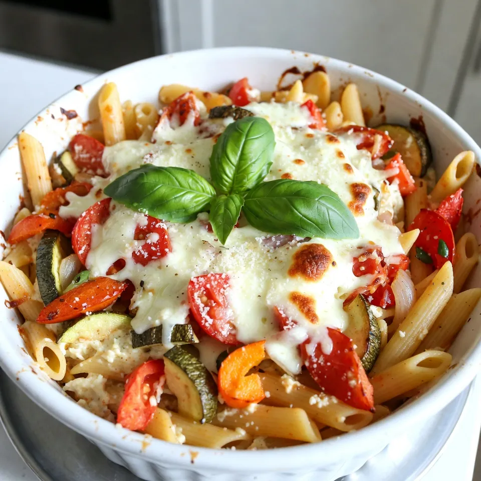 For the base of this dish, I use: - 12 oz penne pasta - 1 tablespoon olive oil - 1 can (14 oz) diced tomatoes, including juice These ingredients form the heart of the casserole. The penne pasta holds the sauce well, while the diced tomatoes add a juicy, tangy flavor. I love adding fresh veggies to enhance the taste. Here's what I use: - 1 medium onion, diced - 3 cloves garlic, minced - 1 bell pepper, chopped (any color) - 1 medium zucchini, diced - 1 teaspoon dried oregano - 1 teaspoon dried basil - 1 teaspoon red pepper flakes (optional, for heat) - Salt and pepper to taste These vegetables bring color and nutrients. Onions and garlic add depth. Bell peppers and zucchini provide crunch and freshness. The herbs tie everything together with their fragrant notes. Cheese is key to a creamy casserole. I choose: - 2 cups ricotta cheese - 1 cup shredded mozzarella cheese, divided - 1 cup grated Parmesan cheese Ricotta gives a rich texture. Mozzarella melts beautifully, while Parmesan adds a sharp taste. This mix ensures a creamy, cheesy delight in every bite. {{ingredient_image_2}} First, set your oven to 375°F (190°C). This step warms the oven for even cooking. Next, boil a large pot of salted water. Add 12 oz of penne pasta. Cook it until it's al dente. This usually takes about 8-10 minutes. Then, drain the pasta and set it aside. In a large skillet, heat 1 tablespoon of olive oil over medium heat. Add 1 diced onion and cook it for 3-4 minutes. Wait until the onion turns translucent and gives off a nice smell. Then, stir in 3 minced garlic cloves, 1 chopped bell pepper, and 1 diced zucchini. Cook these for another 5 minutes. Make sure the veggies are tender and bright. Now, add a can of diced tomatoes (14 oz), along with their juice. Sprinkle in 1 teaspoon of dried oregano, 1 teaspoon of dried basil, and optional red pepper flakes for heat. Season with salt and pepper. Let this simmer for about 5 minutes, stirring occasionally for the flavors to mix well. In a large mixing bowl, combine the cooked pasta with the veggie mix. Add 2 cups of ricotta cheese and half of the 1 cup of shredded mozzarella. Mix until everything is well blended. Pour the pasta mixture into a greased 9x13-inch baking dish. Spread it out evenly. This helps everything cook evenly. Cover the dish tightly with aluminum foil. Place it in the oven and bake for 25 minutes. After that, remove the foil and bake for another 10-15 minutes. Watch for the cheese to bubble and turn golden brown. Once done, let it cool for a few minutes. If you like, add fresh basil leaves on top for some color and extra flavor. To cook pasta right, use a big pot and plenty of water. Add salt to the water. This makes the pasta tasty. Bring the water to a boil before adding the penne. Cook the pasta just until it is al dente. This means it should be firm when you bite it. Drain the pasta and do not rinse it. Rinsing washes away the starch that helps sauce stick. For cheese that melts well, use fresh mozzarella and Parmesan. Grate your cheese instead of using pre-shredded. The pre-shredded cheese has anti-caking agents that can stop it from melting smoothly. Layer the cheese evenly on top of the casserole for a nice golden finish. Cover the dish with foil for the first part of baking. This keeps the heat in and helps the cheese melt evenly. To boost the flavor of your casserole, add herbs and spices. Use fresh basil if you have it, as it adds bright taste. Red pepper flakes give a spicy kick. You can also add a splash of balsamic vinegar for depth. For a savory touch, try adding cooked sausage or seasoned ground beef. Mix in some spinach or mushrooms for extra nutrition and flavor. Pro Tips Cook Pasta Al Dente: To ensure your pasta maintains its texture after baking, cook it just until al dente, as it will continue to cook in the oven. Use Fresh Herbs: For a burst of flavor, substitute dried herbs with fresh ones if possible. Fresh basil and oregano can elevate the taste of your casserole. Layer for Flavor: Consider layering the ingredients in the baking dish. Add some cheese between layers for a gooey, cheesy texture throughout. Let it Rest: After baking, let the casserole sit for about 5-10 minutes before serving. This helps it set and makes serving easier. {{image_4}} You can add various proteins to your baked pasta casserole. Ground beef, turkey, or chicken work well. Cook the meat first, then mix it with the veggies before adding the pasta. For a fun twist, try sausage or diced ham. You can also use canned beans for a vegetarian option. Chickpeas are a great choice, too. They add protein and texture. If you need a gluten-free option, you can easily swap the pasta. Look for gluten-free penne pasta made from rice or quinoa. These options cook well and hold their shape nicely. Always check labels to ensure they fit your needs. You can also use zucchini noodles for a low-carb choice. Just spiralize the zucchini and bake it with the other ingredients. Feel free to get creative with the veggies. You can use spinach, kale, or broccoli. These greens not only add color but also boost nutrition. If you want more crunch, try carrots or mushrooms. Roasted eggplant or bell peppers also taste great in this dish. Mix and match according to your family’s favorites. To keep your baked pasta casserole fresh, store leftovers in an airtight container. Let it cool to room temperature before sealing it up. You can keep it in the fridge for up to three days. Make sure to label the container with the date. This helps you know when it's best to eat it again. When you're ready to enjoy the leftovers, preheat your oven to 350°F (175°C). Place the casserole in an oven-safe dish. Cover it with foil to keep moisture in. Heat for about 20-25 minutes or until it's hot all the way through. You can also microwave individual portions for about 2-3 minutes. Just make sure to check that it's hot before serving. If you want to save some for later, you can freeze this casserole. First, let it cool completely. Then, transfer it to a freezer-friendly container. It’s best to freeze it without baking first. You can store it in the freezer for up to three months. When you're ready to cook it, let it thaw overnight in the fridge. Bake as instructed, but add a few extra minutes to the cooking time since it's starting from cold. Yes, you can prepare this casserole ahead of time. Cook the pasta and sauté the veggies as usual. Then, mix them with the ricotta and other cheeses. Place the mixture in the baking dish, but don’t bake it yet. Cover it tightly with foil and store it in the fridge for up to two days. When you are ready to eat, just bake it as directed. You might need to add a few extra minutes to the baking time since it will be cold. If you don’t have ricotta cheese, you can use cottage cheese. Blend it until smooth for a closer texture. Cream cheese is another option. It will add a rich flavor, but it is denser. Greek yogurt can work too, but it might make the dish tangier. Choose a substitute based on your taste and what you have on hand. To keep the pasta firm, cook it just until al dente. This means it should be slightly undercooked since it will continue to cook in the oven. Use a large pot of boiling salted water to cook it. Stir occasionally to avoid sticking. After cooking, drain it quickly and mix it with the other ingredients. This helps prevent overcooking. This blog post covered key ingredients and step-by-step instructions for a delicious casserole. We explored how to choose the best vegetables, cheese, and flavor boosts. I shared tips for perfect pasta and baking techniques to ensure great results. Consider trying different proteins or gluten-free options for variety. Storing leftovers properly will keep your dish fresh. With these insights, you can cook confidently and create a hearty meal that everyone will enjoy. Enjoy experimenting and happy cooking!