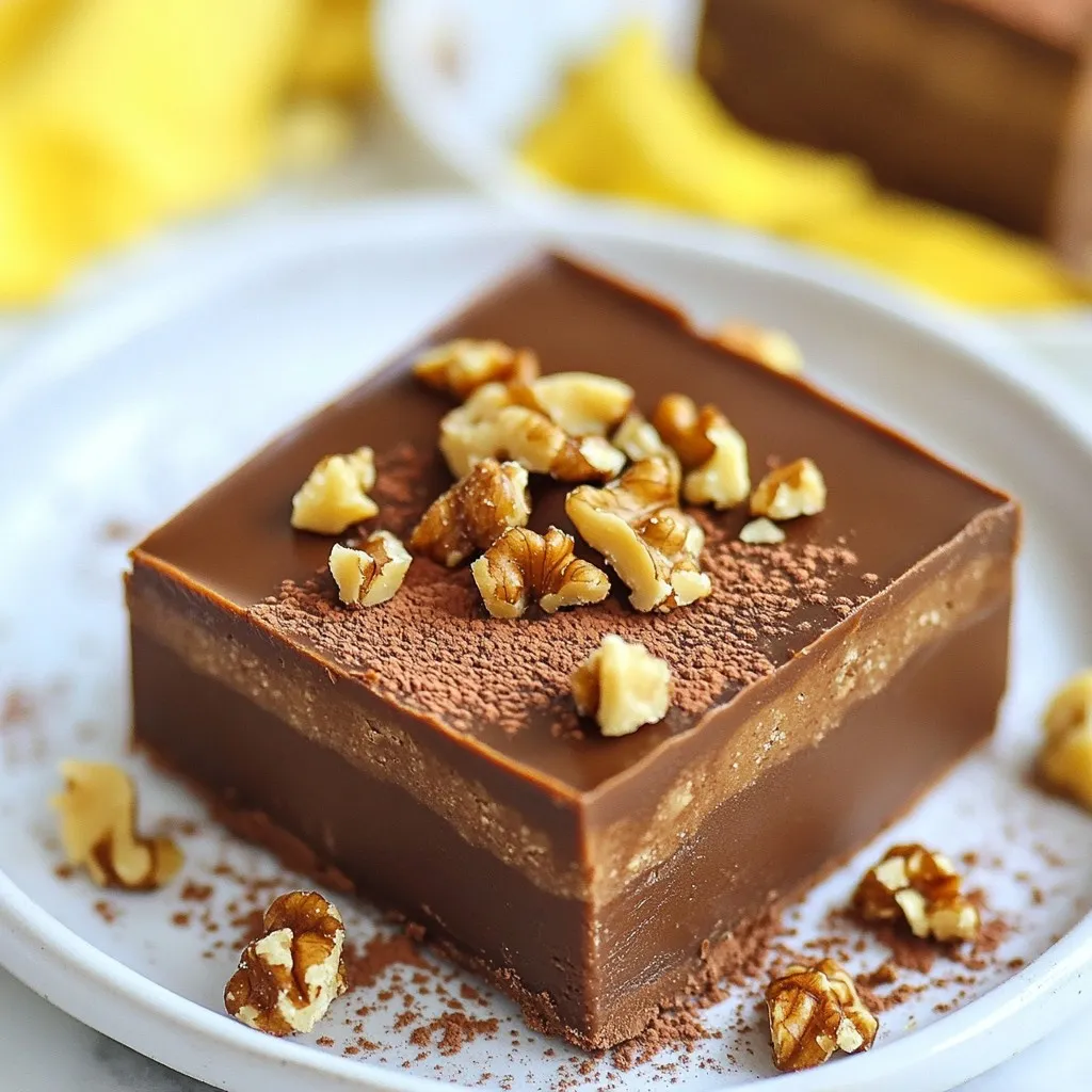 To create Easy Mocha Fudge, you need a few simple ingredients. Here’s what you will need: - 1 cup semi-sweet chocolate chips - 1 cup sweetened condensed milk - 2 tablespoons unsweetened cocoa powder - 1 tablespoon instant coffee granules - 1 teaspoon pure vanilla extract - 1/4 teaspoon salt - 1/2 cup walnuts or pecans, chopped (optional) These ingredients blend together to make a rich and creamy fudge. The chocolate chips give it a sweet, smooth base. Sweetened condensed milk adds the perfect creamy texture. Cocoa powder boosts the chocolate flavor, while coffee granules enhance the mocha taste. Vanilla extract adds warmth and depth. The salt balances the sweetness, making each bite perfect. You can add nuts for crunch if you like. You will also need a few tools to make this fudge: - 8x8 inch square baking pan - Parchment paper - Medium-sized saucepan - Spatula - Sharp knife Make sure you have everything ready before you start. This will help you whip up your fudge in no time! {{ingredient_image_2}} Start by taking an 8x8 inch baking pan. Line it with parchment paper. Let some paper hang over the edges. This helps you lift the fudge out later. Make sure the paper covers the bottom completely. Next, grab a medium saucepan. Add the semi-sweet chocolate chips, sweetened condensed milk, cocoa powder, instant coffee, vanilla extract, and salt. Place the pan over low heat. Stir the mix all the time. This stops it from burning. Keep stirring until the chocolate melts and the mix looks smooth. This should take about 5 to 7 minutes. If you like nuts, chop up walnuts or pecans. Once the fudge mix is smooth, fold in the nuts gently. Make sure they spread evenly in the mix. Now, carefully pour the fudge into your prepared baking pan. Use a spatula to spread it out flat. Put the pan in the fridge now. Let it chill for at least 2 hours. This time helps the fudge set completely. If you want, you can leave it longer for a firmer texture. Once the fudge has set, lift it out using the parchment paper. Place it on a cutting board. Use a sharp knife to cut it into neat squares. You can serve it right away or store it for later. To make sure your mocha fudge is creamy, use good chocolate chips. Semi-sweet chips melt well and add a nice shine. Stir the mixture often as it heats up. This keeps it from getting lumpy or burnt. Aim for a smooth blend that flows easily. If you want a softer fudge, reduce the cooking time slightly. If you prefer a firmer bite, chill it longer after pouring. You can boost the taste of your fudge in fun ways. Try adding a pinch of cinnamon or a dash of nutmeg. These spices bring warmth and depth to the mocha flavor. For a twist, use flavored coffee granules, like hazelnut or vanilla. You can also mix in a bit of espresso powder for a stronger coffee taste. Each addition changes the fudge in a special way. Make your fudge look as good as it tastes. Serve it on a pretty plate or a stylish stand. You can dust the top with cocoa powder or sprinkle chocolate shavings for a fancy touch. For gifts, wrap each square in shiny foil. This not only looks nice but also makes a sweet present. A little effort in presentation makes your treat stand out, whether at a party or for a special friend. Pro Tips Use Quality Chocolate: The flavor of your fudge largely depends on the quality of the chocolate chips you choose. Opt for high-quality semi-sweet chocolate for the best results. Customize Your Nuts: Feel free to experiment with different types of nuts in your fudge. Pecans and almonds also make delicious alternatives to walnuts. Chill for Perfect Texture: Allowing the fudge to chill for a full 2 hours will ensure it sets properly and achieves that perfect fudgy texture. Creative Presentation: Elevate your fudge presentation by serving it on a decorative platter and garnishing with a sprinkle of sea salt or a drizzle of caramel sauce. {{image_4}} If you want to skip the nuts, that’s perfectly fine! You can leave them out without losing flavor. This makes the fudge safe for people with nut allergies. Just follow the original recipe as is, and enjoy a smooth texture that everyone can love. Get creative with flavors! You can swap the instant coffee for espresso powder for a stronger kick. Want something sweeter? Use milk chocolate chips instead of semi-sweet. Add a pinch of cinnamon for warmth or even a dash of peppermint extract for a festive twist. The choices are endless! For a fun twist, try adding chocolate swirls. Melt some extra chocolate and drizzle it over the fudge mixture before it sets. Use a toothpick to swirl it into the fudge. You could also mix in dried fruit or even crushed cookies for extra texture. These fun add-ins make your fudge even more special! To keep your mocha fudge fresh, store it in an airtight container. Line the container with parchment paper for easy removal. Place a piece of wax paper between layers if stacking. This helps keep the squares from sticking together. When stored correctly, mocha fudge lasts for up to two weeks at room temperature. If you place it in the fridge, it can last for about three weeks. Just remember, the fudge may become a bit firmer in the cold. If you want to save some for later, freezing is a great option. Cut the fudge into squares and wrap each piece in plastic wrap. Then place the wrapped squares in a freezer-safe bag or container. They can stay good for up to three months in the freezer. To enjoy, simply thaw them in the fridge overnight before serving. Yes, you can use milk chocolate. It will make the fudge sweeter and creamier. The taste will change, but it’s still delicious. If you enjoy sweeter treats, give it a try! You will know the fudge is set after it chills for at least 2 hours. It should feel firm to the touch. If you press gently, it shouldn't leave a dent. If it feels soft, let it chill longer. Absolutely! Dried fruit can add a nice chew and extra flavor. Try adding chopped dried cherries or cranberries. Just make sure to keep the total mix-ins balanced so the fudge stays smooth. To cut fudge neatly, use a sharp knife. Run the knife under hot water first, then wipe it dry. This helps the knife slice through without sticking. Cut into small squares for easy serving. To make this fudge vegan, swap the sweetened condensed milk for a plant-based version. Use dairy-free chocolate chips, and check that your cocoa powder is vegan. This way, you can enjoy the fudge without animal products! This blog post covered how to make delicious mocha fudge. We discussed the key ingredients, step-by-step instructions, and helpful tips for great texture. You learned about flavor variations and proper storage for lasting freshness. Now you can impress your friends and family with tasty fudge. Enjoy making this treat and explore different flavor options. Your homemade fudge will delight everyone!