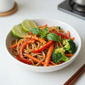 For Thai Drunken Noodles, you need the following main ingredients: - 8 oz wide rice noodles - 2 tablespoons vegetable oil - 3 cloves garlic, minced These noodles form the base of the dish. The oil helps cook the garlic and adds flavor. Garlic gives a strong taste that makes the dish special. The flavors come from these essential sauces: - 1 tablespoon soy sauce - 1 tablespoon oyster sauce - 1 teaspoon fish sauce - 1 tablespoon chili paste (adjust to your spice preference) - 1 teaspoon sugar These sauces add depth and balance. Soy sauce brings saltiness, while oyster sauce adds sweetness. Fish sauce gives a savory kick, and chili paste adds heat. Sugar balances all these flavors. Fresh produce makes this dish vibrant and healthy: - 1 red bell pepper, sliced into thin strips - 1 cup broccoli florets - 1 medium carrot, julienned - 1 cup fresh Thai basil leaves The bell pepper adds crunch and color. Broccoli provides texture, and carrots bring sweetness. Thai basil gives a unique flavor that ties everything together. {{ingredient_image_2}} To start, boil water in a pot. Add 8 oz of wide rice noodles. Cook them according to the package instructions. This usually takes about 5 to 7 minutes. Once they are soft, drain them in a colander. Rinse the noodles with cold water to stop cooking. This also helps prevent sticking. Set the noodles aside for later. Next, grab a large wok or skillet. Heat 2 tablespoons of vegetable oil over medium-high heat. When the oil is hot, add 3 minced garlic cloves. Stir-fry for 30 seconds until it smells good. Be careful not to let the garlic brown. Now, add 1 sliced red bell pepper, 1 cup of broccoli florets, and 1 julienned carrot. Stir-fry these for 3 to 4 minutes. You want them to be tender but still crisp. Push the veggies to one side of the pan. This makes room for the noodles. Add your drained noodles to the cleared space. Drizzle in 1 tablespoon of soy sauce, 1 tablespoon of oyster sauce, and 1 teaspoon of fish sauce. Add 1 tablespoon of chili paste and 1 teaspoon of sugar. Mix everything well with tongs or a spatula. Make sure the noodles are coated in the sauces. Toss in 1 cup of fresh Thai basil leaves. Stir until the basil wilts a bit. This releases its lovely scent. Taste your dish and add salt and pepper as needed. Remove from heat. Serve the noodles hot, with lime wedges on the side. Squeeze the lime over the dish for a fresh kick! Enjoy your meal! To make the best Thai drunken noodles, start with wide rice noodles. Cook them just right. Follow the package instructions closely. Rinse the cooked noodles under cold water. This stops cooking and helps keep them from sticking. Toss them with a little oil to keep them loose. Perfect noodles are key for a great dish. You can control the spice in your noodles. Use chili paste for heat. Start with a small amount, like one tablespoon. You can always add more later. If you want less heat, skip the chili paste. Taste your dish before serving. This way, you can adjust it to your liking. Fresh ingredients make your dish pop with flavor. Use fresh Thai basil leaves; they have a unique taste. Add red bell peppers and broccoli for color and crunch. Carrots bring sweetness and texture. Don't forget lime wedges! They add a zesty kick when squeezed over your noodles. Freshness truly elevates this meal. Pro Tips Choose the Right Noodles: Use wide rice noodles for the best texture and to hold the sauce well. If you can't find them, you can substitute with pad see ew noodles or even fettuccine as a last resort. Customize Your Heat: Adjust the amount of chili paste according to your spice preference. You can always start with less and add more as needed to avoid overpowering the dish. Fresh Ingredients Matter: For the best flavor, use fresh vegetables and Thai basil. Dried basil won't provide the same aromatic qualities that fresh basil does. Don't Overcook the Vegetables: Stir-fry the vegetables until they are tender-crisp. This ensures they retain their vibrant color and nutritional value while adding a nice crunch to the dish. {{image_4}} You can use chicken, shrimp, or beef in your Drunken Noodles. Each protein adds its own flavor. For chicken, use thin slices and cook them until golden. For shrimp, add them just before the noodles, cooking until pink. Beef works well too; just slice it thin and stir-fry quickly. These choices keep the dish exciting and tasty. If you want a vegetarian version, skip the meat and load up on veggies. You can add tofu for protein. Firm tofu works best. Just cube it and fry until golden. Other great veggies include bell peppers, snap peas, or mushrooms. This keeps your dish colorful and full of crunch. To make this dish gluten-free, swap regular soy sauce for tamari. Tamari gives the same savory kick without gluten. You can also use rice noodles, which are naturally gluten-free. This way, everyone can enjoy the great flavors of Drunken Noodles without worry. After enjoying your Thai Drunken Noodles, you may have some left. Store them in an airtight container. Keep the container in the fridge. These noodles stay good for up to three days. If you want to keep them longer, consider freezing. To reheat, use a skillet over medium heat. Add a splash of water or oil to help. Stir the noodles until they are hot. You can also use a microwave. Heat in short bursts, stirring in between. This keeps the noodles moist and tasty. If you freeze your Thai Drunken Noodles, they last for about a month. Let them cool completely before freezing. Use a freezer-safe container or bag. When you&rsquo;re ready to eat, thaw in the fridge overnight. Reheat as mentioned above for the best taste. Thai Drunken Noodles, or Pad Kee Mao, are a stir-fried noodle dish. They feature wide rice noodles, fresh veggies, and aromatic basil. The dish gets its name from its bold flavors, which pair well with drinks. The spicy chili paste gives it a kick, while the sauces add depth. You can adjust the spice level to fit your taste. Yes, you can prepare Thai Drunken Noodles ahead of time. Cook the noodles and store them in the fridge. Keep the veggies and sauces separate. When you're ready to eat, stir-fry them together. This method helps keep the noodles from getting mushy. Just remember, fresh ingredients make the dish taste best. You can serve Thai Drunken Noodles with many sides. I recommend a light salad or spring rolls. These add a nice crunch and freshness. You could also offer some lime wedges for a zesty kick. If you enjoy protein, grilled chicken or shrimp pairs well, too. Each option will elevate your meal and make it even more satisfying. You now know how to make Thai Drunken Noodles, using the right ingredients and steps. We covered main ingredients, essential sauces, and fresh produce. You learned how to cook noodles, stir-fry veggies, and mix them together. Plus, I shared tips to perfect your dish and variations for all diets. Keep your leftovers fresh with proper storage methods. Armed with this knowledge, you can enjoy this dish with ease. Try it now, and make it your own!