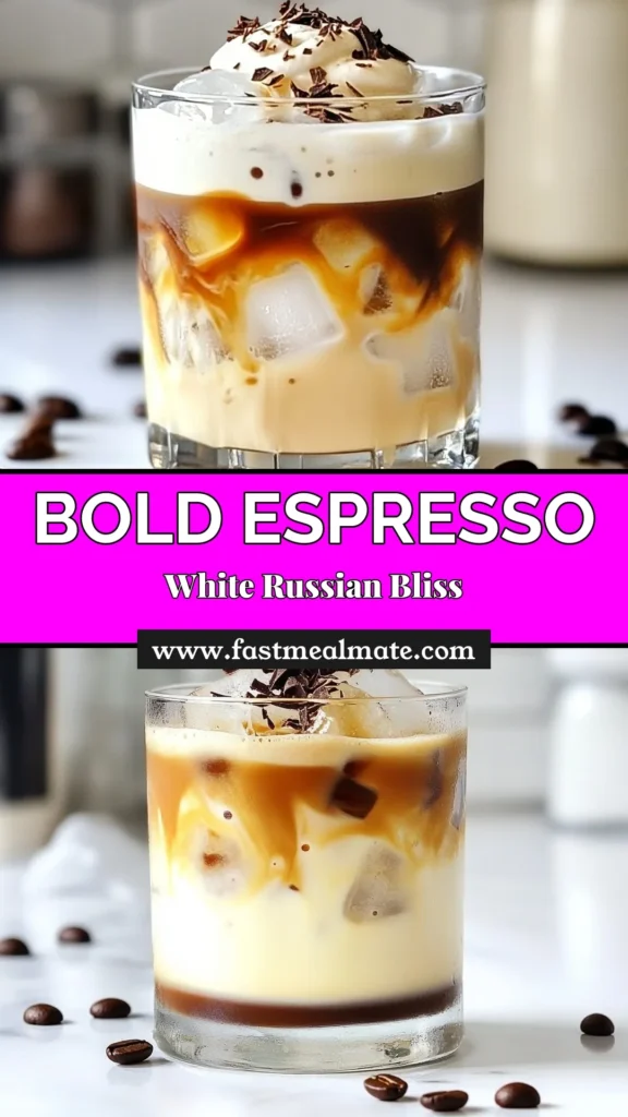 Discover the ultimate Espresso White Russian recipe for coffee lovers! This easy coffee cocktail recipe blends strong brewed espresso with milk, creating a rich and creamy treat. Learn how to make White Russian with a twist using coffee-flavored syrup or chocolate syrup. Perfect for any occasion, this drink is a must-try for espresso drinks with milk. Save this recipe for a delicious coffee cocktail experience! #EspressoWhiteRussian #CoffeeCocktails #EasyCoffeeRecipes #HowToMakeWhiteRussian