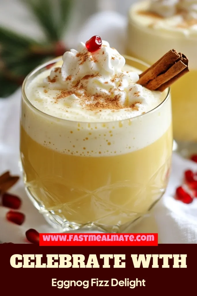 Celebrate the holidays with this Festive Eggnog Recipe featuring an Eggnog Fizz Cocktail that’s perfect for your Christmas gatherings! This delightful Holiday Drink combines creamy eggnog with sparkling apple cider for a refreshing twist. Enhance your Christmas Beverage Ideas with a touch of vanilla and nutmeg, topped with whipped cream and vibrant pomegranate seeds. Discover this easy recipe and impress your guests! Save it now! #HolidayCocktails #FestiveDrinks #EggnogFizz #ChristmasRecipes
