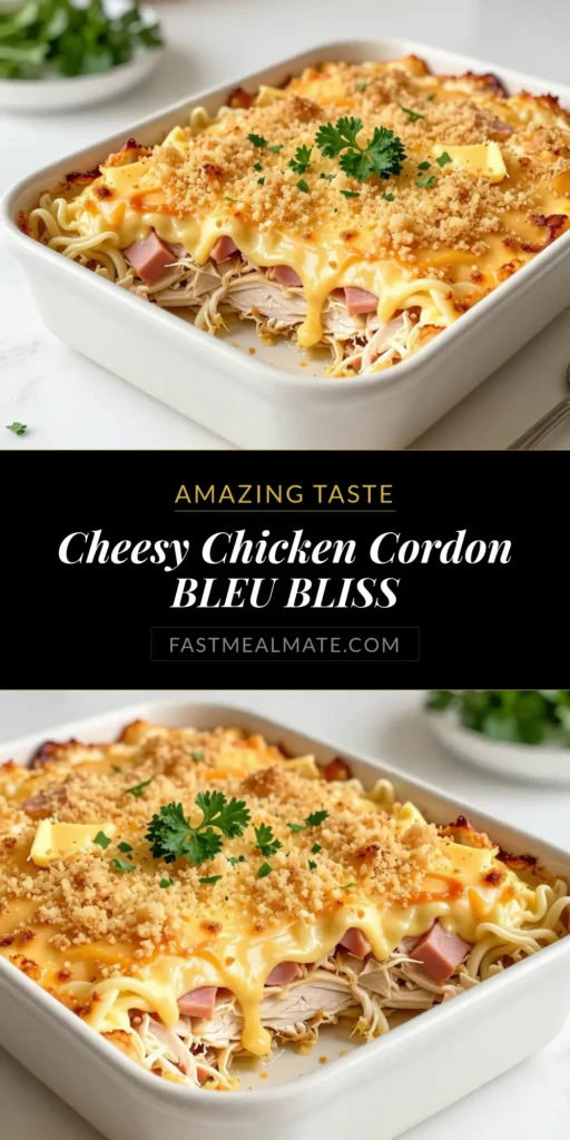 Indulge in this Cheesy Chicken Cordon Bleu Casserole, the perfect blend of chicken, ham, and cheese for a cozy dinner! This Easy Chicken Casserole is a delightful take on the classic Chicken Cordon Bleu Recipe, featuring a creamy sauce and crunchy topping. Perfect for family meals or gatherings, it's one of those ultimate comfort food recipes everyone will love. Try it today and enjoy cheesy goodness! #ChickenCordonBleu #ComfortFood #EasyCasserole #HamAndCheeseCasserole