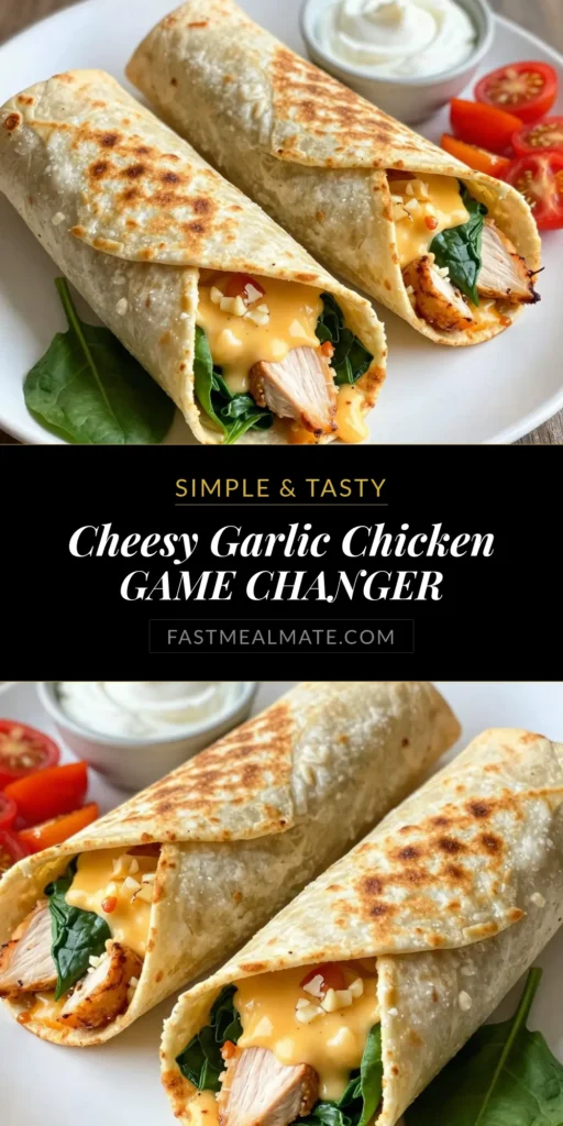 Indulge in these delicious cheesy garlic chicken wraps! This easy chicken wrap recipe features juicy chicken, melted mozzarella cheese, and fragrant garlic, all wrapped in a soft tortilla. Perfect as a quick meal or snack, these garlic chicken tortilla wraps are nutritious and flavorful. Try these skillet chicken wraps tonight for a delightful dinner the whole family will love. Save this recipe for later! #CheesyGarlicChickenWraps #EasyChickenWrapRecipe #SkilletChickenWraps #GarlicChickenTortillaWraps