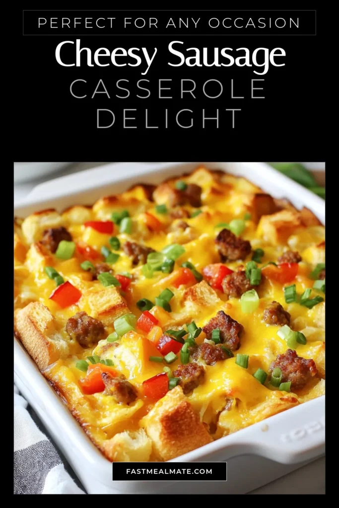 Start your day with this delicious savory breakfast casserole! Our cheesy sausage breakfast casserole combines crumbled sausage, vibrant bell peppers, and a rich egg mixture, perfectly baked to golden perfection. This easy breakfast recipe is ideal for brunch ideas and serves a crowd effortlessly. Delight your family with this baked egg casserole that’s bursting with flavor. Save this recipe for your next gathering! #BreakfastIdeas #CasseroleRecipes #Brunch #EasyRecipes