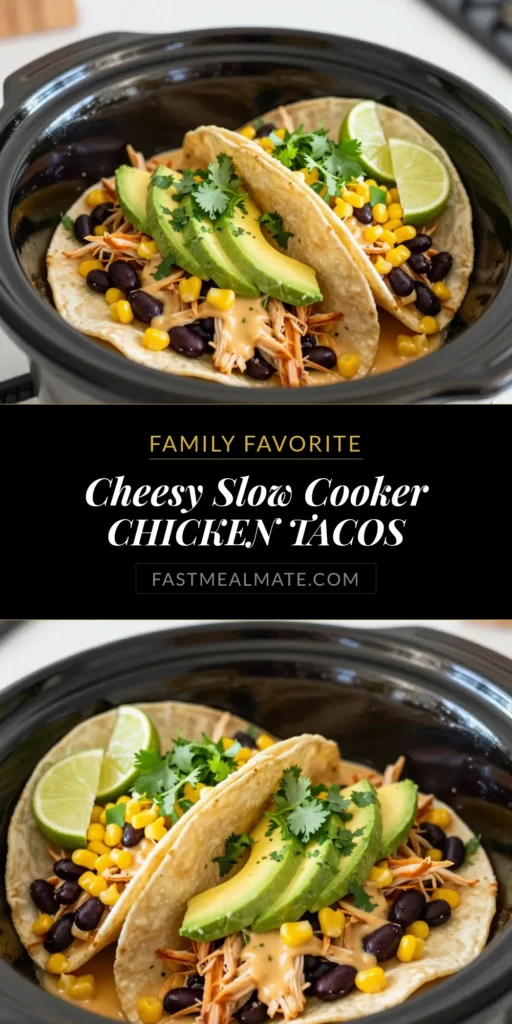 Looking for an easy chicken tacos recipe that will impress? Try these Slow Cooker Queso Chicken Tacos! Made with tender chicken breast, zesty black beans, sweet corn, and creamy queso sauce, this recipe is perfect for any occasion. Just set it and forget it for 6-8 hours! Don’t miss out on these cheesy chicken tacos. Save this recipe for your next taco night! #SlowCookerQuesoChickenTacos #EasyChickenTacos #CheesyChickenTacos #TacoRecipes