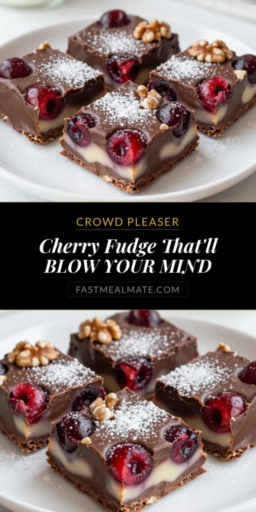 Indulge in the delightful flavors of Cherry Garcia fudge with these easy Cherry Garcia fudge squares! Made with rich chocolate, sweet maraschino cherries, and crunchy walnuts, this homemade fudge dessert is sure to impress. Perfect for parties or a sweet treat at home, explore this simple recipe and elevate your dessert game. Save this easy fudge recipe for your next gathering! #CherryGarciaFudge #MaraschinoCherryRecipes #ChocolateFudgeSquares #HomemadeFudgeDesserts