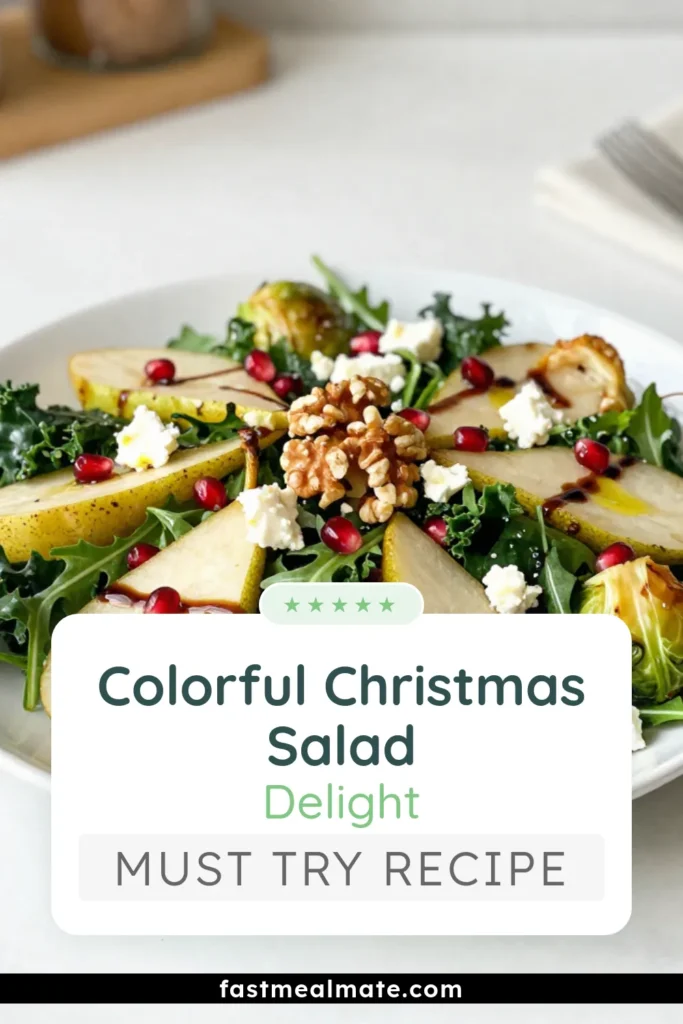 Elevate your holiday gatherings with this vibrant Christmas salad recipe! This festive salad with pomegranate features roasted Brussels sprouts, juicy pears, and mixed greens for a perfect, colorful dish. Add creamy feta and crunchy candied walnuts for a delightful crunch. Ready in 40 minutes, this holiday salad with pears is a must-try! Save this festive salad now for your next celebration! #ChristmasSaladRecipe #PomegranateSalad #BrusselsSprouts #HolidaySalad