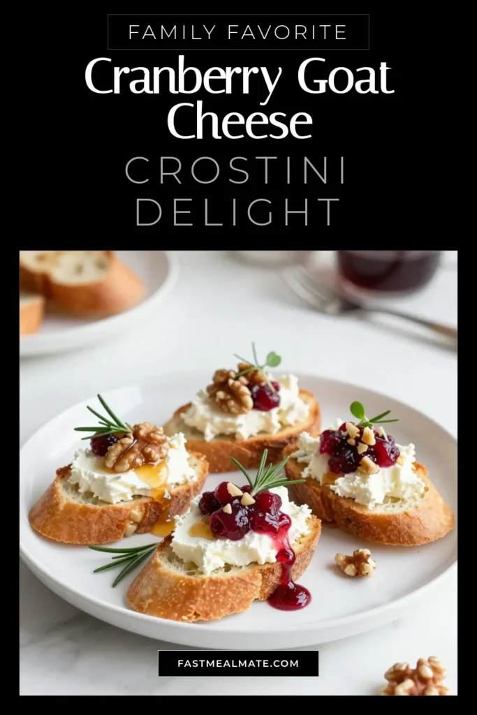 Elevate your Thanksgiving celebrations with these delicious Thanksgiving Cranberry Goat Cheese Crostini! Perfect for holiday party recipes, this easy crostini recipe combines creamy goat cheese, homemade cranberry sauce, and crunchy walnuts for a bite-sized festive finger food. Simple to make and visually stunning, these appetizers are sure to impress your guests. Save this recipe for your next gathering! #ThanksgivingAppetizers #CranberryGoatCheeseCrostini #HolidayPartyRecipes #FestiveFingerFoods